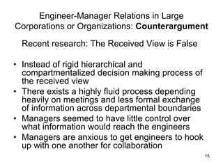 15
Engineer-Manager Relations in Large
Corporations or Organizations: Counterargument
Recent research: The Received View is False
• Instead of rigid hierarchical and
compartmentalized decision making process of
the received view
• There exists a highly fluid process depending
heavily on meetings and less formal exchange
of information across departmental boundaries
• Managers seemed to have little control over
what information would reach the engineers
• Managers are anxious to get engineers to hook
up with one another for collaboration
 