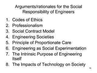 16
Arguments/rationales for the Social
Responsibility of Engineers
1. Codes of Ethics
2. Professionalism
3. Social Contract Model
4. Engineering Societies
5. Principle of Proportionate Care
6. Engineering as Social Experimentation
7. The Intrinsic Purpose of Engineering
Itself
8. The Impacts of Technology on Society
 
