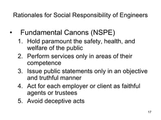 17
Rationales for Social Responsibility of Engineers
• Fundamental Canons (NSPE)
1. Hold paramount the safety, health, and
welfare of the public
2. Perform services only in areas of their
competence
3. Issue public statements only in an objective
and truthful manner
4. Act for each employer or client as faithful
agents or trustees
5. Avoid deceptive acts
 