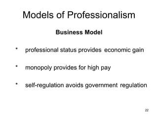 22
Models of Professionalism
Business Model
* professional status provides economic gain
* monopoly provides for high pay
* self-regulation avoids government regulation
 