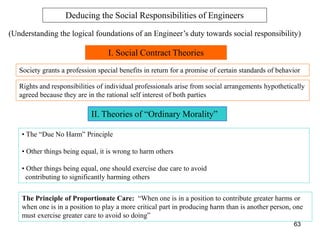 63
Deducing the Social Responsibilities of Engineers
(Understanding the logical foundations of an Engineer’s duty towards social responsibility)
I. Social Contract Theories
II. Theories of “Ordinary Morality”
Society grants a profession special benefits in return for a promise of certain standards of behavior
Rights and responsibilities of individual professionals arise from social arrangements hypothetically
agreed because they are in the rational self interest of both parties
• The “Due No Harm” Principle
• Other things being equal, it is wrong to harm others
• Other things being equal, one should exercise due care to avoid
contributing to significantly harming others
The Principle of Proportionate Care: “When one is in a position to contribute greater harms or
when one is in a position to play a more critical part in producing harm than is another person, one
must exercise greater care to avoid so doing”
 