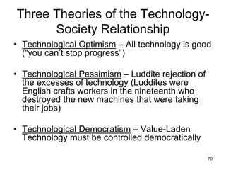 70
Three Theories of the Technology-
Society Relationship
• Technological Optimism – All technology is good
(“you can’t stop progress”)
• Technological Pessimism – Luddite rejection of
the excesses of technology (Luddites were
English crafts workers in the nineteenth who
destroyed the new machines that were taking
their jobs)
• Technological Democratism – Value-Laden
Technology must be controlled democratically
 