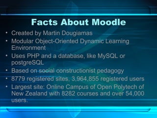Facts About Moodle Created by Martin Dougiamas Modular Object-Oriented Dynamic Learning Environment Uses PHP and a database, like MySQL or postgreSQL Based on social constructionist pedagogy 8779 registered sites, 3,964,855 registered users Largest site: Online Campus of Open Polytech of New Zealand with 8282 courses and over 54,000 users. 