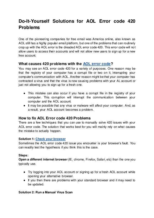 Do It yourself Solutions For Aol Error Code 420 Problems do-it-yourself-solutions-for-aol-error-code-420-problems