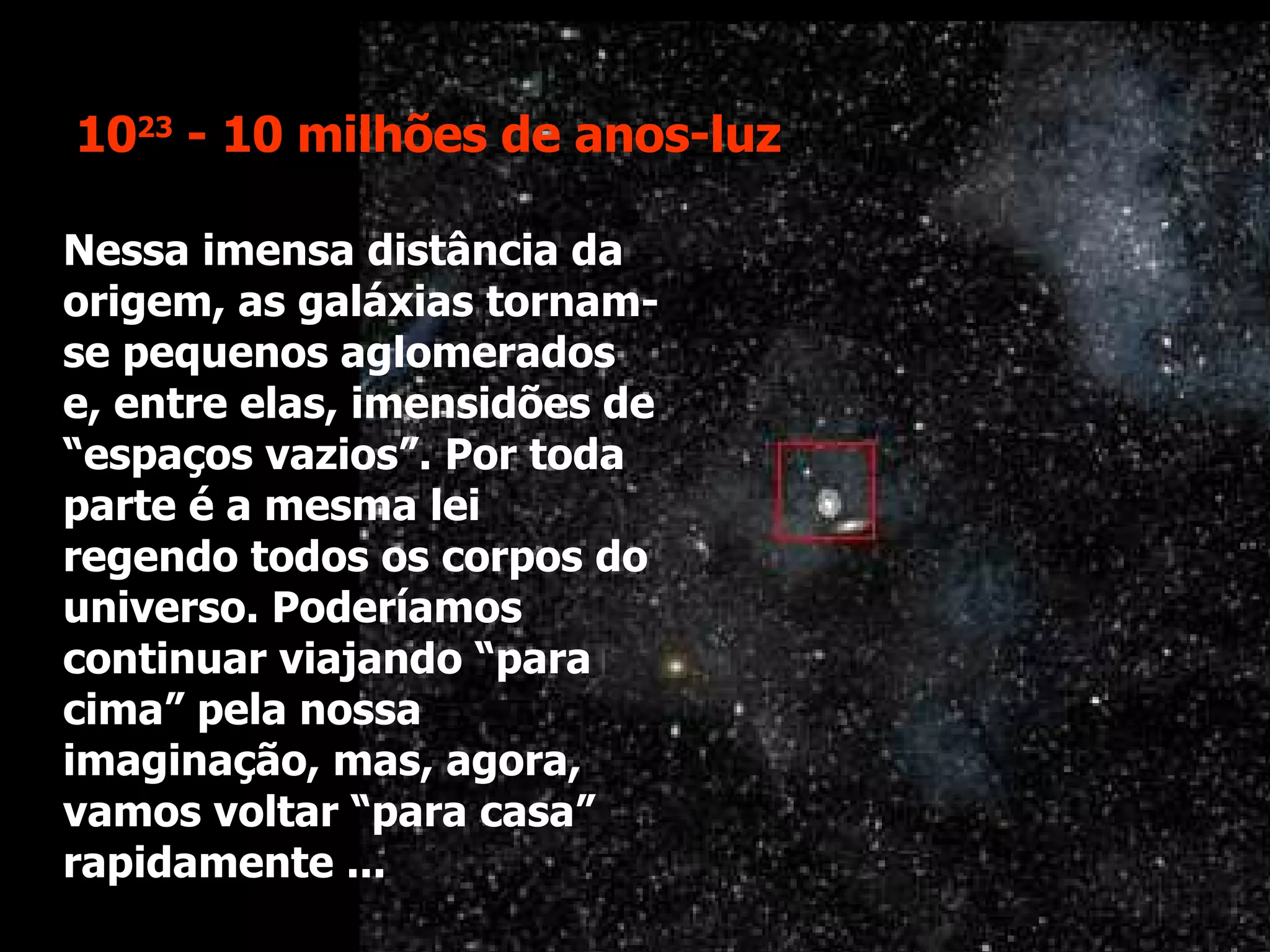 Nessa imensa distância da origem, as galáxias tornam-se pequenos aglomerados e, entre elas, imensidões de “espaços vazios”. Por toda parte é a mesma lei regendo todos os corpos do universo. Poderíamos continuar viajando “para cima” pela nossa imaginação, mas, agora, vamos voltar “para casa” rapidamente ... 10 23  - 10 milhões de anos-luz 