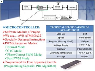 8




    MICROCONTROLLER:                 TECHNICAL SPECIFICATIONS OF
                                                AVR-ATMEGA32
    Software Module of Project
                                            Core Size             8 bit
    We use… AVR ATMEGA32
                                              Speed           Up to 8MHz
    Specially Designed Instructions
                                     Program Memory (Flash)    32Kbytes
    PWM Generation Modes
                                          Voltage Supply      2.7V ~ 5.5V
      Normal Mode
                                            Oscillator      Internal (8MHz)
      CTC Mode
                                      Operating Temperature  -40°C ~ 105°C
      Phase Correct PWM Mode
                                             Package            40-SOIC
      Fast PWM Mode
     Programmed for Four Separate Controls
     (Programming Scenario: PID Algorithm)
 