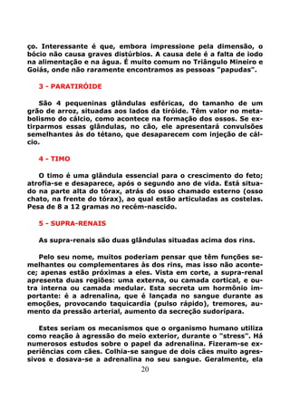 20
ço. Interessante é que, embora impressione pela dimensão, o
bócio não causa graves distúrbios. A causa dele é a falta de iodo
na alimentação e na água. É muito comum no Triângulo Mineiro e
Goiás, onde não raramente encontramos as pessoas "papudas".
3 - PARATIRÓIDE
São 4 pequeninas glândulas esféricas, do tamanho de um
grão de arroz, situadas aos lados da tiróide. Têm valor no meta-
bolismo do cálcio, como acontece na formação dos ossos. Se ex-
tirparmos essas glândulas, no cão, ele apresentará convulsões
semelhantes às do tétano, que desaparecem com injeção de cál-
cio.
4 - TIMO
O timo é uma glândula essencial para o crescimento do feto;
atrofia-se e desaparece, após o segundo ano de vida. Está situa-
do na parte alta do tórax, atrás do osso chamado esterno (osso
chato, na frente do tórax), ao qual estão articuladas as costelas.
Pesa de 8 a 12 gramas no recém-nascido.
5 - SUPRA-RENAIS
As supra-renais são duas glândulas situadas acima dos rins.
Pelo seu nome, muitos poderiam pensar que têm funções se-
melhantes ou complementares às dos rins, mas isso não aconte-
ce; apenas estão próximas a eles. Vista em corte, a supra-renal
apresenta duas regiões: uma externa, ou camada cortical, e ou-
tra interna ou camada medular. Esta secreta um hormônio im-
portante: é a adrenalina, que é lançada no sangue durante as
emoções, provocando taquicardia (pulso rápido), tremores, au-
mento da pressão arterial, aumento da secreção sudorípara.
Estes seriam os mecanismos que o organismo humano utiliza
como reação à agressão do meio exterior, durante o "stress". Há
numerosos estudos sobre o papel da adrenalina. Fizeram-se ex-
periências com cães. Colhia-se sangue de dois cães muito agres-
sivos e dosava-se a adrenalina no seu sangue. Geralmente, ela
 