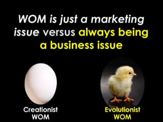 WOM is just a marketing issue   versus  always being a business issue Evolutionist WOM Creationist WOM 