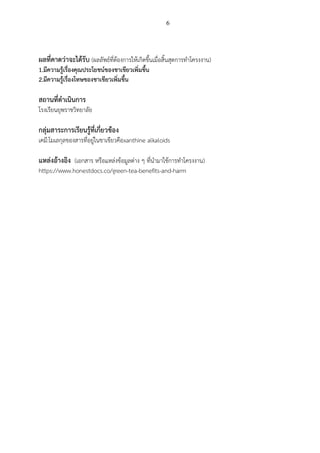 6
ผลที่คาดว่าจะได้รับ (ผลลัพธ์ที่ต้องการให้เกิดขึ้นเมื่อสิ้นสุดการทาโครงงาน)
1.มีความรู้เรื่องคุณประโยชน์ของชาเขียวเพิ่มขึ้น
2.มีความรู้เรื่องโทษของชาเขียวเพิ่มขึ้น
สถานที่ดาเนินการ
โรงเรียนยุพราชวิทยาลัย
กลุ่มสาระการเรียนรู้ที่เกี่ยวข้อง
เคมี:โมเลกุลของสารที่อยู่ในชาเขียวคือxanthine alkaloids
แหล่งอ้างอิง (เอกสาร หรือแหล่งข้อมูลต่าง ๆ ที่นามาใช้การทาโครงงาน)
https://www.honestdocs.co/green-tea-benefits-and-harm
 