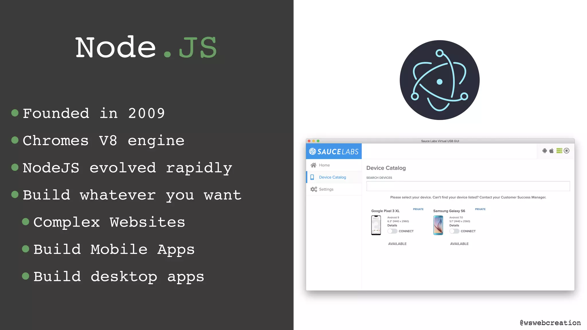 @wswebcreation Node.JS •Founded in 2009 •Chromes V8 engine •NodeJS evolved rapidly •Build whatever you want •Complex Websites •Build Mobile Apps •Build desktop apps @wswebcreation 