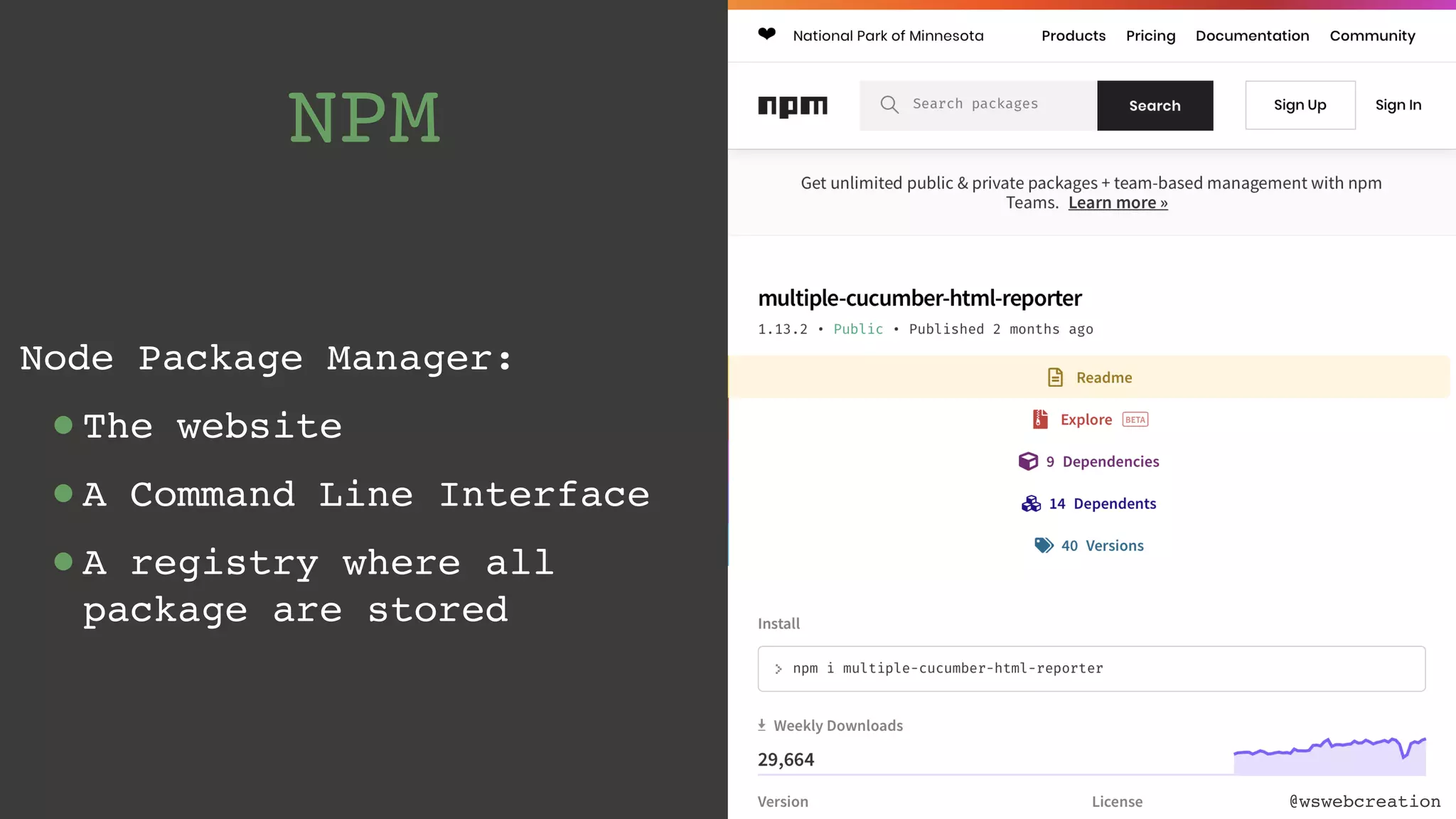 @wswebcreation NPM Node Package Manager: •The website •A Command Line Interface •A registry where all package are stored @wswebcreation 