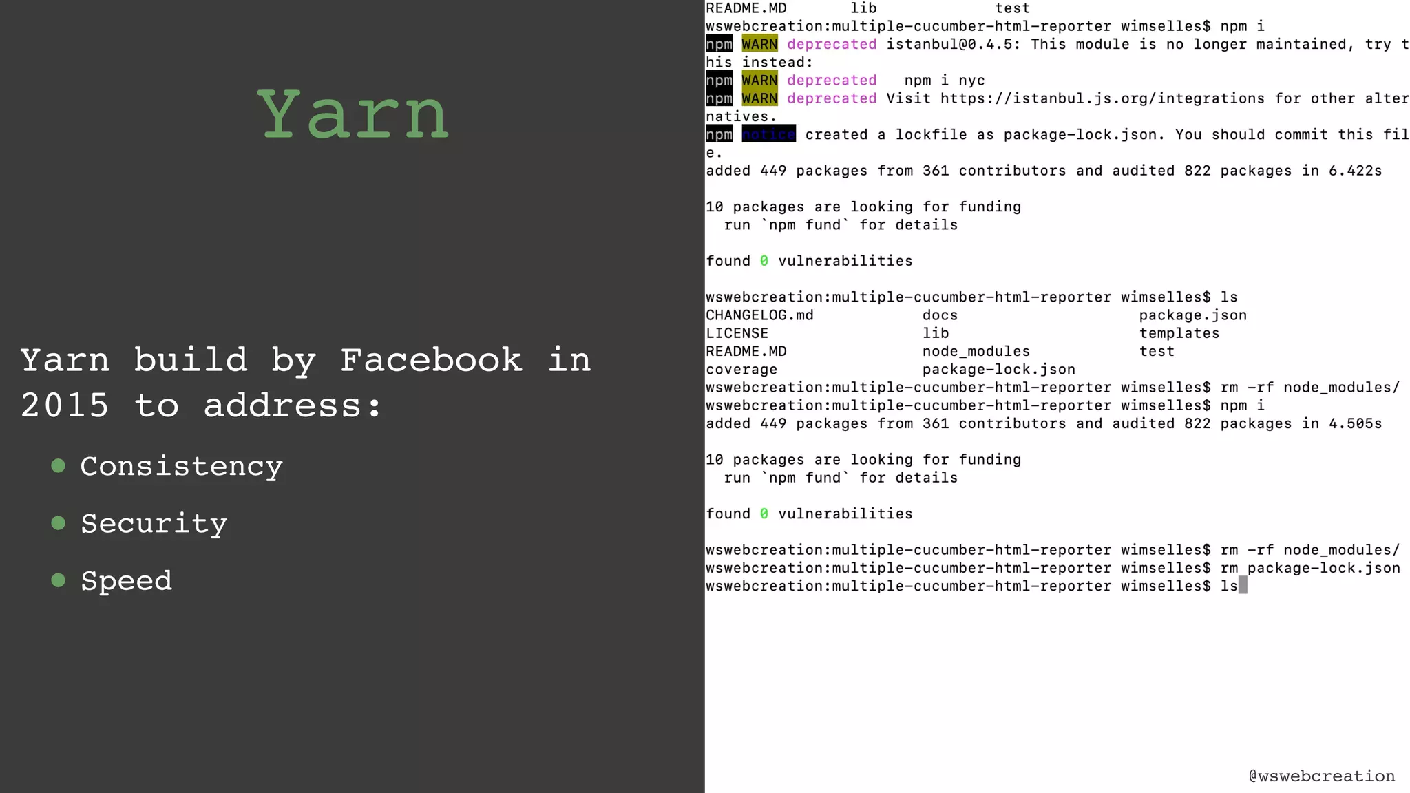 @wswebcreation Yarn Yarn build by Facebook in 2015 to address: • Consistency • Security • Speed @wswebcreation 