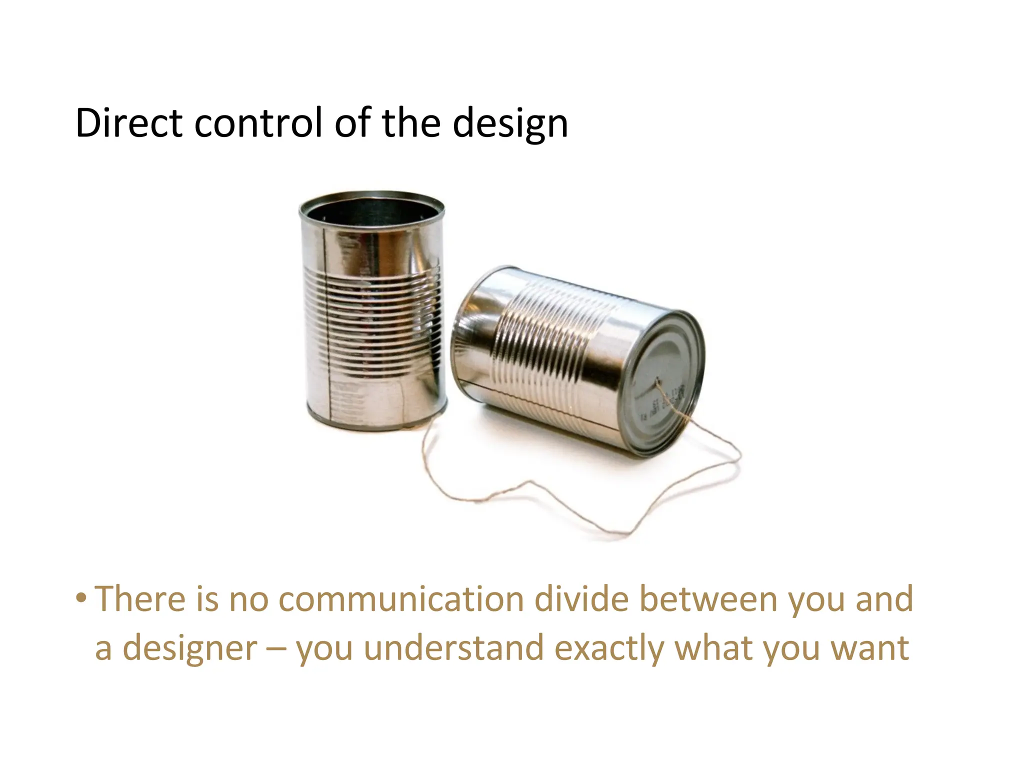 There is no communication divide between you and a designer – you understand exactly what you want Direct control of the design 