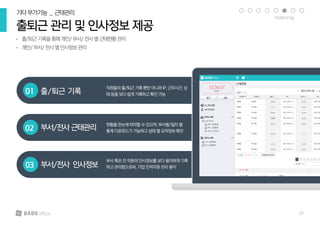 • 출/퇴근기록을통해개인/부서/전사별근태현황관리
• 개인/부서/전사별인사정보관리
출퇴근 관리 및 인사정보 제공
기타부가기능 _ 근태관리
직원들의출/퇴근기록뿐만아니라IP,근무시간,상
태등을보다쉽게기록하고확인가능출/퇴근 기록
부서/전사 근태관리
부서/전사 인사정보
01
02
03
현황을한눈에파악할수있으며,부서별/일자별
통계다운로드가가능하고상태별요약정보확인
부서혹은전직원의인사정보를보다용이하게기록
하고관리함으로써,기업인적자원관리용이
기타부가기능
27
 