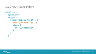 35© 2017 CloudBees, Inc. All Rights Reserved.
pipeline {
agent any
stages {
stage('Deploy to QA') {
when { branch 'qa' }
steps {
sh './deploy.sh'
}
}
}
}
ｑａブランチのみで実行
 