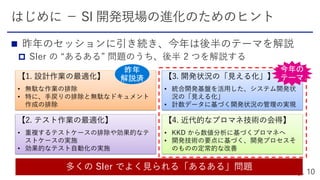 

【3. 開発状況の「見える化」】
• 統合開発基盤を活用した、システム開発状
況の「見える化」
• 計数データに基づく開発状況の管理の実現
【4. 近代的なプロマネ技術の会得】
• KKD から数値分析に基づくプロマネへ
• 開発技術の要点に基づく、開発プロセスそ
のものの定常的な改善
【2. テスト作業の最適化】
• 重複するテストケースの排除や効果的なテ
ストケースの実施
• 効果的なテスト自動化の実施
【1. 設計作業の最適化】
• 無駄な作業の排除
• 特に、手戻りの排除と無駄なドキュメント
作成の排除
多くの SIer でよく見られる「あるある」問題
 