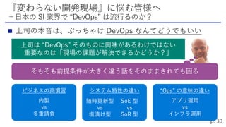 システム特性の違い “Ops” の意味の違い
アプリ運用
vs
インフラ運用

そもそも前提条件が大きく違う話をそのままされても困る
ビジネスの商慣習
内製
vs
多重請負
上司は “DevOps” そのものに興味があるわけではない
重要なのは「現場の課題が解決できるかどうか？」
随時更新型
vs
塩漬け型
SoE 型
vs
SoR 型
 