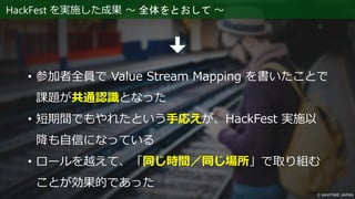 HackFest を実施した成果 ～ 全体をとおして ～
• 参加者全員で Value Stream Mapping を書いたことで
課題が共通認識となった
• 短期間でもやれたという手応えが、HackFest 実施以
降も自信になっている
• ロールを越えて、「同じ時間／同じ場所」で取り組む
ことが効果的であった
 