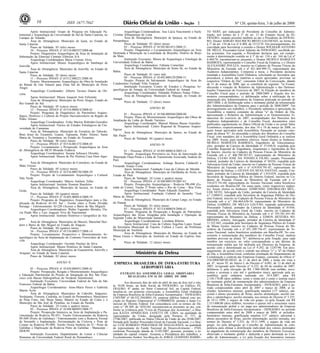 Nº 126, quinta-feira, 3 de julho de 200816 1ISSN 1677-7042
Apoio Institucional: Grupo de Pesquisa em Educação Pa-
trimonial e Arqueologia da Universidade do Sul de Santa Catarina, no
Campus de Tubarão
Área de Abrangência: Município de Içara, no Estado de
Santa Catarina.
Prazo de Validade: 03 (três) meses
10 - Processo IPHAN nº 01510.000357/2008-66
Projeto: Diagnóstico Arqueológico da Área de Instalação de
Subestação da Eletrosul Centrais Elétricas S/A
Arqueóloga Coordenadora Maria Cristina Alves
Apoio Institucional: Museu Arqueológico de Sambaqui de
Joinville
Área de Abrangência: Município de Joinville, no Estado de
Santa Catarina.
Prazo de Validade: 02 (dois) meses
11 - Processo IPHAN nº 01512.000221/2008-36
Projeto: Monitoramento Arqueológico da Obra de Instalação
do Ramal de Gás Natural para Zona Sul do Município de Porto
Alegre
Arqueólogo Coordenador: Alberto Tavares Duarte de Oli-
veira
Apoio Institucional: Museu Joaquim José Felizardo
Área de Abrangência: Município de Porto Alegre, Estado do
Rio Grande do Sul.
Prazo de Validade: 05 (cinco) meses
12 - Processo IPHAN nº 01516.000814/2008-62
Projeto: Programa de Diagnóstico do Patrimônio Arqueo-
lógico, Histórico e Cultural do Projeto Sucroalcooleiro na Região de
Pedro Afonso
Arqueóloga Coordenadora: Erika Marion Robrahn-González
Apoio Institucional: Núcleo de Estudos Estratégicos da Uni-
versidade de Campinas
Área de Abrangência: Município de Fortaleza do Tabocão,
Bom Jesus do Tocantins, Guaraí, Tupirama, Pedro Afonso, Santa
Maria do Tocantins e Tocantínea, no Estado do Tocantins.
Prazo de Validade: 06 (seis) meses
13 - Processo IPHAN nº 01516.001272/2008-45
Projeto: Levantamento e Prospecção Arqueológica na Área
de Abrangência da MCH Miranda Estância
Arqueóloga Coordenadora: Suzana Schisuco Hirooka
Apoio Institucional: Museu de Pré História Casa Dom Aqui-
no
Área de Abrangência: Município de Comodoro, no Estado de
Mato Grosso.
Prazo de Validade: 05 (cinco) meses
14 - Processo IPHAN nº 01516.000730/2008-29
Projeto: Projeto de Levantamento Arqueológico e Cultural
Vale Verde
Arqueólogo Coordenador: Márcio Antônio Telles
Apoio Institucional: Instituto Homem Brasileiro
Área de Abrangência: Município de Iaciara, no Estado de
Goiás.
Prazo de Validade: 04 (quatro) meses
15 - Processo IPHAN nº 01403.000014/2008-19
Projeto: Programa de Diagnóstico Arqueológico para a Du-
plicação da Rodovia Al-101 Sul - Trecho entre a Ponte Divaldo
Suruagy - Entroncamento Al-220 (Acesso a Barra de São Miguel)
Arqueólogos Coordenadores: Walter Fagundes Morales, Fla-
via Prado Moi e Luiz Augusto Viva do Nascimento
Apoio Institucional: Instituto Histórico e Geográfico de Ala-
goas
Área de Abrangência: Municípios de Maceió, Marechal Deo-
doro e Barra de São Miguel no Estado de Alagoas.
Prazo de Validade: 04 (quatro) meses
16 - Processo IPHAN nº 01510.000317/2008-14
Projeto: Levantamento Prospectivo e Monitoramento Ar-
queológico na Área de Implantação do Contorno Ferroviário de Join-
ville
Arqueólogo Coordenador: Osvaldo Paulino da Silva
Apoio Institucional: Museu Histórico de Santa Catarina
Área de Abrangência: Municípios de Guaramirim, Joinville e
Araquari, no Estado de Santa Catarina.
Prazo de Validade: 02 (dois) meses
ANEXO II
01 - Processo IPHAN nº 01450.006931/2008-41
Projeto: Prospecção, Resgate e Monitoramento Arqueológico
e Educação Patrimonial do Projeto de Integração do Rio São Fran-
cisco com Bacias Hidrográficas do Nordeste Setentrional.
Instituição Executora: Universidade Federal do Vale do São
Francisco Federal da Bahia
Arqueólogas Coordenadoras: Anne-Marie Pessis e Gabriela
Martin Ávila
Área de Abrangência: Municípios de Cabrobó, Salgueiro,
Verdejante, Floresta, Custódia, no Estado do Pernambuco, Municípios
de Pena Forte, Jati, Brejo Santo, Mauriti no Estado do Ceára e o
Município de São José de Piranhas, no Estado da Paraíba.
Prazo de Validade: 24 (vinte e quatro) meses.
02 - Processo IPHAN nº 01498.000893/2008-77
Projeto: Prospecção Intensiva na Área de Implantação e Pa-
vimentação da Rodovia PE-051, Trecho Entroncamento da Rodovia
PE-009 (Porto de Galinhas) / Entroncamento com a Rodovia Vicinal
de Serrambi e Implantação, Pavimentação da Ciclovia e Pista de
Cooper na Rodovia PE-009, Trecho Nossa Senhora do Ó / Porto de
Galinhas e Duplicação da Rodovia Porto de Galinhas - Maracaípe -
DER/PE
Instituição Executora: Departamento de Letras e Ciências
Humanas da Universidade Federal Rural de Pernambuco
Arqueólogas Coordenadoras: Ana Lúcia Nascimento e Suely
Cristina Albuquerque de Luna
Área de Abrangência: Município de Ipojuca, no Estado de
Pernambuco.
Prazo de Validade: 02 (dois) meses
03 - Processo IPHAN nº 01502.001451/2008-31
Projeto: Diagnóstico e Levantamento Arqueológico na Área
Destinada à Mineração na Localidade de Brejinho, Distrito de Brejo
da Mata
Instituição Executora: Museu de Arqueologia e Etnologia da
Universidade Federal da Bahia
Arqueóloga Coordenadora: Fabiana Comerlato
Área de Abrangência: Município de Sento Sé, no Estado da
Bahia.
Prazo de Validade: 01 (um) mês
04 - Processo IPHAN nº 01492.000129/2008-51
Projeto: Projeto de Salvamento Arqueológico da Área do
Condomínio Fechado Villa Tropical
Instituição Executora: Centro de Estudos e Pesquisas Ar-
queológicas do Amapá, da Universidade Federal do Amapá
Arqueólogo Coordenador: Edinaldo Pinheiro Nunes Filhos
Área de Abrangência: Município de Macapá, no Estado do
Amapá.
Prazo de Validade: 12 (doze) meses
ANEXO III
01 - Processo IPHAN nº 01506.000560/2008-00
Projeto: Plano de Monitoramento Arqueológico das Obras de
Ampliação da Linha do Bonde Turístico
Arqueólogo Coordenador: Manoel Mateus Bueno González
Apoio Institucional: Centro Regional de Pesquisas Arqueo-
lógicas
Área de Abrangência: Município de Santos, no Estado de
São Paulo.
Prazo de Validade: 04 (quatro) meses
ANEXO IV
01 - Processo IPHAN nº 01492.000014/2005-14
Projeto: Arqueologia Preventiva na Área de Intervenção da
Mineração Onça Puma e Linha de Transmissão Associada, Sudeste do
Pará
Arqueólogas Coordenadoras: Solange Bezerra Caldarelli e
Fernanda Araújo Costa
Apoio Institucional: Fundação Casa da Cultura de Marabá
Área de Abrangência: Município de Ourilândia do Norte, no
Estado do Pará.
Prazo de Validade: 24 (vinte e quatro) meses
02 - Processo IPHAN nº 01508.000159/2007-61
Projeto: Prospecções Arqueológicas - Rodovia PR-090 (Es-
trada do Cerne), Trecho 2ª Ponte sobre o Rio do Cerne - Boa Vista
Arqueólogo Coordenador: Paulo Eduardo Zanettini
Apoio Institucional: Fundação Cultural de Jacarehy "José
Maria de Abreu"
Área de Abrangência: Município de Campo Largo, no Estado
do Paraná.
Prazo de Validade: 03 (três) meses
03 - Processo IPHAN nº 01514.000054/2006-41
Projeto: Programa de Prospecção e Resgate do Patrimônio
Arqueológico das Áreas Atingidas pela Instalação e Operação da
Segunda Linha do Minerotudo Samarco
Arqueólogas Coordenadoras: Loredana Ribeiro
Apoio Institucional: Casa da Cultura Angelina Lopes Assad,
da Secretaria Municipal de Esporte, Cultura e Lazer, da Prefeitura
Municipal de Anchieta
Área de Abrangência: Município de Mariana, no Estado de
Minas Gerais e Município de Anchieta no Estado do Espírito San-
to.
Prazo de Validade: 12 (doze) meses
TO NERY, por indicação do Presidente do Conselho de Adminis-
tração, nos termos do § 2° do art. 12 do Estatuto Social da IN-
FRAERO, estando presente também ao ato o Presidente da INFRAE-
RO, Doutor SERGIO MAURICIO BRITO GAUDENZI, na forma do
§ 1º do art. 134 da Lei nº 6.404, de 15/12/76. Em prosseguimento, foi
convidado para Secretariar a reunião o Doutor WILHIAM ANTONIO
DE MELO, Procurador-Geral Adjunto da INFRAERO, escolhido pe-
los acionistas. Em seguida, o Presidente declarou que, em cumpri-
mento à determinação contida no § 1º do art. 134 e art. 164 da Lei nº
6.404/76, encontravam-se presentes o Doutor MURILO MARQUES
BARBOZA, representando o Conselho Fiscal da Empresa, e o Doutor
ALEXANDRE POLEZA, inscrito no Cadastro de Pessoas Físicas do
Ministério da Fazenda sob o nº 821.404.999-72, representante dos
Auditores Independentes. Composta a mesa, o Presidente declarou
instalada a Assembléia Geral Ordinária, solicitando ao Secretário que
procedesse a leitura das matérias a serem apreciadas, previstas na
respectiva "Ordem do Dia", consoante Edital de Convocação, datado
de 11 de março de 2008, que se constituía do seguinte: "a) Exame,
discussão e votação do Relatório da Administração e das Demons-
trações Financeiras do Exercício de 2007; b) Eleição de membros do
Conselho Fiscal para o período de 2008/2009 e fixação dos ho-
norários correspondentes; c) deliberação sobre a retificação da re-
muneração dos Administradores da Empresa praticada no período de
2007/2008; e d) Deliberação sobre o montante global da remuneração
dos Administradores da Empresa para o período de 2008/2009". Em
prosseguimento aos trabalhos, o Presidente submeteu à apreciação da
Assembléia a matéria constante da alínea "a" da Ordem do Dia,
apresentando o Relatório da Administração e as Demonstrações Fi-
nanceiras do exercício de 2007, acompanhados dos Pareceres dos
Auditores Independentes e do Conselho Fiscal, documentos estes
publicados regularmente no Diário Oficial da União e no jornal Valor
Econômico, respectivamente, dos dias 14 e 18 de março de 2008, os
quais foram aprovados pela Assembléia. Passando ao assunto cons-
tante da alínea "b", foi procedida a eleição dos Membros do Conselho
Fiscal, com mandatos até a Assembléia Geral Ordinária a se realizar
em 2009. Assim, para membros efetivos, foram eleitos os Senhores:
MURILO MARQUES BARBOZA, Engenheiro de Telecomunica-
ções, portador da Carteira de Identidade nº 37.030-D, expedida pelo
Conselho Regional de Engenharia, Arquitetura e Agronomia do Rio
de Janeiro, inscrito no Cadastro de Pessoas Físicas do Ministério da
Fazenda sob o nº 408.390.367-87, representante do Ministério da
Defesa; CLESO JOSÉ DA FONSECA FILHO, casado, Procurador
Federal, portador da Carteira de Identidade nº 04356, expedida pela
Advocacia Geral da União, inscrito no Cadastro de Pessoas Físicas do
Ministério da Fazenda sob o nº 619.954.791-87, representante do
Ministério da Defesa; e GILVAN DA SILVA DANTAS, casado, Con-
tador, portador da Carteira de Identidade nº 1.014.039, expedida pela
Secretaria de Segurança Pública do Distrito Federal, inscrito no Ca-
dastro de Pessoas Físicas do Ministério da Fazenda sob o nº
516.672.741-04, representante do Tesouro Nacional; todos brasileiros
residentes em Brasília-DF. De outra parte, como respectivos suplen-
tes, foram eleitos os Senhores: EDMUNDO THEOBALDO MÜL-
LER NETO, Advogado da União, portador da Carteira de Identidade
n.º 2100433, expedida pela Secretaria de Segurança Pública do Dis-
trito Federal, inscrito no Cadastro de Pessoas Físicas do Ministério da
Fazenda sob o n.º 266.464.630-34, representante do Ministério da
Defesa; GABRIEL DE MELLO GALVÃO, separado judicialmente,
Procurador Federal, portador da Carteira de Identidade nº 01456,
expedida pela Advocacia Geral da União, inscrito no Cadastro de
Pessoas Físicas do Ministério da Fazenda sob o nº 793.581.441-49,
representante do Ministério da Defesa; e EDSON SILVEIRA SO-
BRINHO, solteiro, Advogado, portador da Carteira de Identidade nº
11.522.442, expedida pela Secretaria de Segurança Pública do Estado
de Minas Gerais, inscrito no Cadastro de Pessoas Físicas do Mi-
nistério da Fazenda sob o nº 051.209.736-47, representante do Te-
souro Nacional; todos brasileiros residentes em Brasília-DF. No con-
cernente à remuneração dos membros do Conselho Fiscal, matéria
também prevista na alínea "b", deliberou-se pela fixação, para cada
membro em exercício, no valor correspondente a um décimo da
remuneração média que for atribuída aos Diretores da Empresa, de
acordo com o determinado na Lei nº 9.292, de 12/07/96. Em pros-
seguimento, de acordo com o contido nas alíneas "c" e "d" da Ordem
do Dia, a Assembléia Geral, conforme orientação do Departamento de
Coordenação e controle das Empresas Estatais, constante do Ofício n°
216/2008/MP/SE/DEST, de 11 de abril de 2008, e tendo em vista o
art. 6°, inciso IV, do Anexo I, do Decreto n° 6.081, de 12 de abril de
2007, revigorado pelo Decreto n° 6.222, de 04 de outubro de 2007,
deliberou i) pela elevação de R$ 1.968.500,00 (um milhão, nove-
centos e sessenta e oito mil e quinhentos reais), aprovado pela as-
sembléia geral ordinária realizada em 24.4.2007, para R$
2.130.170,00 (dois milhões, cento e trinta mil e cento e setenta reais)
do montante global da remuneração dos administradores da Empresa
Brasileira de Infra-Estrutura Aeroportuária - INFRAERO, para o pe-
ríodo compreendido entre abril de 2007 e março de 2008, aí in-
cluídos: honorários mensais, gratificação natalina (13º salário), adi-
cional e abono pecuniário de férias, auxílio alimentação, auxílio mé-
dico e odontológico, auxílio moradia, nos termos do Decreto nº 3.255,
de 19.11.1999, e seguro de vida em grupo; ii) pela fixação em R$
2.315.600,00 (dois milhões, trezentos e quinze mil e seiscentos reais)
da remuneração global a ser paga aos administradores da Empresa
Brasileira de Infra-Estrutura Aeroportuária - INFRAERO, no período
compreendido entre abril de 2008 e março de 2009, aí incluídos:
honorários mensais, gratificação natalina (13º salário), adicional e
abono pecuniário de férias, auxílio alimentação, auxílio moradia, nos
termos do Decreto nº 3.255, de 19.11.1999, e seguro de vida em
grupo; iii) pela delegação ao Conselho de Administração de com-
petência para efetuar a distribuição individual dos valores destinados
ao pagamento da remuneração dos membros da Diretoria Executiva,
observado o montante global e deduzida a parte destinada ao Con-
selho de Administração; e iv) pela fixação dos honorários mensais
EMPRESA BRASILEIRA DE INFRA-ESTRUTURA
AEROPORTUÁRIA
<!ID1211624-0>
EXTRATO DA ASSEMBLÉIA GERAL ORDINÁRIA
REALIZADA EM 16 DE ABRIL DE 2008
Aos dezesseis dias do mês de abril do ano de dois mil e oito,
às 10:00 horas, na Sede Social da INFRAERO, no Edifício IN-
FRAERO, 6º andar, no Setor Comercial Sul, na Capital Federal,
instalou-se, em primeira convocação, a Assembléia Geral Ordinária
da Empresa Brasileira de Infra-Estrutura Aeroportuária - INFRAERO,
CNPJ/MF nº 00.352.294/0001-10, empresa pública federal com ins-
crição no Registro Empresarial nº 53500000356, perante a Junta Co-
mercial do Distrito Federal. Em consonância com os termos do De-
creto n.º 89.309, de 18/01/84, encontravam-se presentes ao ato, con-
forme se evidencia pelo "Livro de Presenças dos Acionistas", a Dou-
tora KÁTIA APARECIDA ZANETTI DE LIMA, na qualidade de
representante da União, designada pela Portaria nº 727, de
27/06/2007, publicada no Diário Oficial da União do dia 29/06/2007,
firmada pelo Senhor Procurador-Geral da Fazenda Nacional, e o Dou-
tor LUIZ ROBERTO PARANHOS DE MAGALHÃES, na qualidade
de representante do Fundo Nacional de Desenvolvimento - FND,
conforme Procuração datada de 31/05/2007, presente, portanto, a to-
talidade do capital votante. Assumiu a Presidência dos trabalhos, o
Excelentíssimo Senhor Ten-Brig-do-Ar JORGE GODINHO BARRE-
Ministério da Defesa
.
 