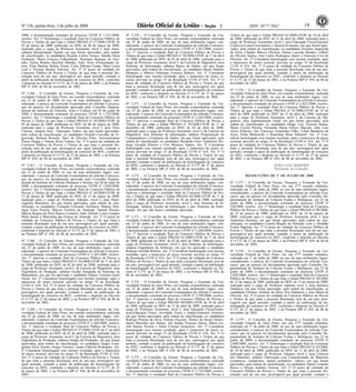 Nº 126, quinta-feira, 3 de julho de 2008 191 ISSN 1677-7042
2008; a documentação constante do processo UFOP nº 1.531/2008,
resolve: Art. 1º Homologar o resultado final do Concurso Público de
Provas e Títulos de que trata o Edital PROAD nº 37/2008-UFOP, de
05 de março de 2008, publicado no DOU de 06 de março de 2008,
realizado para o cargo de Professor Assistente, nível I, área Artes,
subárea Interpretação Teatral, em que foram aprovados, pela ordem
de classificação, os candidatos Ricardo Carlos Gomes, Sandra Parra
Furlanete, Maria Fonseca Falkembach, Henrique Buarque de Gus-
mão, Eloísa Brantes Bacellar Mendes, Adyr Assis d'Assumpção Ju-
nior, Elisa Martins Belém Vieira, Carla Sabrina Cunha, Mara Lúcia
Leal e Viviane Becker Narvaes. Art. 2º O prazo de validade do
Concurso Público de Provas e Títulos de que trata a presente Re-
solução será de um ano, prorrogável por igual período, contado a
partir da publicação da homologação do concurso no DOU, conforme
o disposto no Decreto nº 4.175, de 27 de março de 2002, e na Portaria
MP nº 450, de 06 de novembro de 2002.
Nº 3.366 - O Conselho de Ensino, Pesquisa e Extensão da Uni-
versidade Federal de Ouro Preto, em reunião extraordinária, realizada
em 23 de junho de 2008, no uso de suas atribuições legais, con-
siderando: o parecer da Comissão Examinadora do referido Concurso;
que tal parecer foi devidamente aprovado pelo Conselho Departa-
mental do Instituto de Filosofia, Artes e Cultura, em 03 de junho de
2008; a documentação constante do processo UFOP nº 1.532/2008,
resolve: Art. 1º Homologar o resultado final do Concurso Público de
Provas e Títulos de que trata o Edital PROAD nº 38/2008-UFOP, de
05 de março de 2008, publicado no DOU de 06 de março de 2008,
realizado para o cargo de Professor Assistente, nível I, área Artes
Cênicas, subárea Arte - Educação: Teatro, em que foram aprovados,
pela ordem de classificação, os candidatos Ricardo Carvalho de Fi-
gueiredo, Robson Rosseto, Davi de Oliveira Pinto, Acevesmoreno
Flores Piegaz e Ailtom Alves Gobira. Art. 2º O prazo de validade do
Concurso Público de Provas e Títulos de que trata a presente Re-
solução será de um ano, prorrogável por igual período, contado a
partir da publicação da homologação do concurso no DOU, conforme
o disposto no Decreto nº 4.175, de 27 de março de 2002, e na Portaria
MP nº 450, de 06 de novembro de 2002.
Nº 3.367 - O Conselho de Ensino, Pesquisa e Extensão da Uni-
versidade Federal de Ouro Preto, em reunião extraordinária, realizada
em 23 de junho de 2008, no uso de suas atribuições legais, con-
siderando: o parecer da Comissão Examinadora do referido Concurso;
que tal parecer foi devidamente aprovado pelo Conselho Departa-
mental do Instituto de Ciências Humanas e Sociais, em 28 de maio de
2008; a documentação constante do processo UFOP nº 2.030/2008,
resolve: Art. 1º Homologar o resultado final do Concurso Público de
Provas e Títulos de que trata o Edital PROAD nº 50/2008-UFOP, de
12 de março de 2008, publicado no DOU de 13 de março de 2008,
realizado para o cargo de Professor Adjunto, nível I, área Histo-
riografia Brasileira, em que foram aprovados, pela ordem de clas-
sificação, os candidatos Fernando Felizardo Nicolazzi, Mateus Hen-
rique Faria Pereira, Marcos Ferreira de Andrade, Vantuil Pereira,
Márcia Regina da Silva Ramos Carneiro, João Alfredo Costa Campos
Melo Júnior e Marcelina das Graças de Almeida. Art. 2º O prazo de
validade do Concurso Público de Provas e Títulos de que trata a
presente Resolução será de um ano, prorrogável por igual período,
contado a partir da publicação da homologação do concurso no DOU,
conforme o disposto no Decreto nº 4.175, de 27 de março de 2002, e
na Portaria MP nº 450, de 06 de novembro de 2002.
Nº 3.368 - O Conselho de Ensino, Pesquisa e Extensão da Uni-
versidade Federal de Ouro Preto, em reunião extraordinária, realizada
em 23 de junho de 2008, no uso de suas atribuições legais, con-
siderando: o parecer da Comissão Examinadora do referido Concurso;
a documentação constante do processo UFOP nº 2.263/2008, resolve:
Art. 1º Aprovar o resultado final do Concurso Público de Provas e
Títulos de que trata o Edital PROAD nº 56/2008-UFOP, de 1º de abril
de 2008, publicado no DOU de 02 de abril de 2008, realizado para o
cargo de Professor Assistente, nível I, da Carreira do Magistério, área
Engenharia de Produção, subárea Gestão Integrada de Sistemas de
Manufatura, em que foi aprovado o candidato Glauco Ferreira Gazel
Yared. Art. 2º Considerar homologado esse mesmo resultado, após o
transcurso do prazo recursal, previsto no artigo 35 da Resolução
CUNI nº 416. Art. 3º O prazo de validade do Concurso Público de
Provas e Títulos de que trata a presente Resolução será de um ano,
prorrogável por igual período, contado a partir da publicação da
homologação do concurso no DOU, conforme o disposto no Decreto
nº 4.175, de 27 de março de 2002, e na Portaria MP nº 450, de 06 de
novembro de 2002.
Nº 3.369 - O Conselho de Ensino, Pesquisa e Extensão da Uni-
versidade Federal de Ouro Preto, em reunião extraordinária, realizada
em 23 de junho de 2008, no uso de suas atribuições legais, con-
siderando: o parecer da Comissão Examinadora do referido Concurso;
a documentação constante do processo UFOP nº 2.264/2008, resolve:
Art. 1º Aprovar o resultado final do Concurso Público de Provas e
Títulos de que trata o Edital PROAD nº 57/2008-UFOP, de 1º de abril
de 2008, publicado no DOU de 02 de abril de 2008, realizado para o
cargo de Professor Assistente, nível I, da Carreira do Magistério, área
Engenharia de Produção, subárea Gestão da Produção, em que foram
aprovados, pela ordem de classificação, os candidatos Sergio Evan-
gelista Silva, Karine Araujo Ferreira, Lásara Fabrícia Rodrigues. Art.
2º Considerar homologado esse mesmo resultado, após o transcurso
do prazo recursal, previsto no artigo 35 da Resolução CUNI nº 416.
Art. 3º O prazo de validade do Concurso Público de Provas e Títulos
de que trata a presente Resolução será de um ano, prorrogável por
igual período, contado a partir da publicação da homologação do
concurso no DOU, conforme o disposto no Decreto nº 4.175, de 27
de março de 2002, e na Portaria MP nº 450, de 06 de novembro de
2002.
Nº 3.370 - O Conselho de Ensino, Pesquisa e Extensão da Uni-
versidade Federal de Ouro Preto, em reunião extraordinária, realizada
em 23 de junho de 2008, no uso de suas atribuições legais, con-
siderando: o parecer da Comissão Examinadora do referido Concurso;
a documentação constante do processo UFOP nº 2.261/2008, resolve:
Art. 1º Aprovar o resultado final do Concurso Público de Provas e
Títulos de que trata o Edital PROAD nº 58/2008-UFOP, de 1º de abril
de 2008, publicado no DOU de 02 de abril de 2008, realizado para o
cargo de Professor Assistente, nível I, da Carreira do Magistério, área
Sistemas de Informação, subárea Banco de Dados, em que foram
aprovados, pela ordem de classificação, os candidatos Bruno Rabello
Monteiro e Marcos Henrique Fonseca Ribeiro. Art. 2º Considerar
homologado esse mesmo resultado, após o transcurso do prazo re-
cursal, previsto no artigo 35 da Resolução CUNI nº 416. Art. 3º O
prazo de validade do Concurso Público de Provas e Títulos de que
trata a presente Resolução será de um ano, prorrogável por igual
período, contado a partir da publicação da homologação do concurso
no DOU, conforme o disposto no Decreto nº 4.175, de 27 de março
de 2002, e na Portaria MP nº 450, de 06 de novembro de 2002.
Nº 3.371 - O Conselho de Ensino, Pesquisa e Extensão da Uni-
versidade Federal de Ouro Preto, em reunião extraordinária, realizada
em 23 de junho de 2008, no uso de suas atribuições legais, con-
siderando: o parecer da Comissão Examinadora do referido Concurso;
a documentação constante do processo UFOP nº 2.262/2008, resolve:
Art. 1º Aprovar o resultado final do Concurso Público de Provas e
Títulos de que trata o Edital PROAD nº 59/2008-UFOP, de 1º de
dezembro de 2008, publicado no DOU de 02 de abril de 2008,
realizado para o cargo de Professor Assistente, nível I, da Carreira do
Magistério, área Sistemas de Informação, subárea Programação de
Computadores e Estruturas de Dados, em que foram aprovados, pela
ordem de classificação, os candidatos Bernardo Giori Ambrósio, Ro-
drigo Geraldo Ribeiro e Ciro Meneses Santos. Art. 2º Considerar
homologado esse mesmo resultado, após o transcurso do prazo re-
cursal, previsto no artigo 35 da Resolução CUNI nº 416. Art. 3º O
prazo de validade do Concurso Público de Provas e Títulos de que
trata a presente Resolução será de um ano, prorrogável por igual
período, contado a partir da publicação da homologação do concurso
no DOU, conforme o disposto no Decreto nº 4.175, de 27 de março
de 2002, e na Portaria MP nº 450, de 06 de novembro de 2002.
Nº 3.372 - O Conselho de Ensino, Pesquisa e Extensão da Uni-
versidade Federal de Ouro Preto, em reunião extraordinária, realizada
em 23 de junho de 2008, no uso de suas atribuições legais, con-
siderando: o parecer da Comissão Examinadora do referido Concurso;
a documentação constante do processo UFOP nº 2.259/2008, resolve:
Aprovar e homologar o resultado final do Concurso Público de Pro-
vas e Títulos de que trata o Edital PROAD 60/2008-UFOP, de 1º de
abril de 2008, publicado no DOU de 02 de abril de 2008, realizado
para o cargo de Professor Assistente, nível I, área Sistemas de In-
formação, subárea Gestão da Informação e dos Sistemas da Infor-
mação, em que não houve candidato aprovado.
Nº 3.373 - O Conselho de Ensino, Pesquisa e Extensão da Uni-
versidade Federal de Ouro Preto, em reunião extraordinária, realizada
em 23 de junho de 2008, no uso de suas atribuições legais, con-
siderando: o parecer da Comissão Examinadora do referido Concurso;
a documentação constante do processo UFOP nº 2.260/2008, resolve:
Art. 1º Aprovar o resultado final do Concurso Público de Provas e
Títulos de que trata o Edital PROAD 61/2008-UFOP, de 1º de abril
de 2008, publicado no DOU de 02 de abril de 2008, realizado para o
cargo de Professor Assistente, nível I, área Sistemas de Informação,
subárea Engenharia de Software, em que foi aprovado o candidato
Rodrigo Geraldo Ribeiro. Art. 2º Considerar homologado esse mesmo
resultado, após o transcurso do prazo recursal, previsto no artigo 35
da Resolução CUNI nº 416. Art. 3º O prazo de validade do Concurso
Público de Provas e Títulos de que trata a presente Resolução será de
um ano, prorrogável por igual período, contado a partir da publicação
da homologação do concurso no DOU, conforme o disposto no De-
creto nº 4.175, de 27 de março de 2002, e na Portaria MP nº 450, de
06 de novembro de 2002.
Nº 3.374 - O Conselho de Ensino, Pesquisa e Extensão da Uni-
versidade Federal de Ouro Preto, em reunião extraordinária, realizada
em 23 de junho de 2008, no uso de suas atribuições legais, con-
siderando: o parecer da Comissão Examinadora do referido Concurso;
a documentação constante do processo UFOP nº 2.599/2008, resolve:
Art. 1º Aprovar o resultado final do Concurso Público de Provas e
Títulos de que trata o Edital PROAD 80/2008-UFOP, de 10 de abril
de 2008, publicado no DOU de 11 de abril de 2008, realizado para o
cargo de Professor Assistente, nível I, área Educação Física/Ginás-
ticas/Educação Física, Atividade Física e Saúde/Ginástica Artística,
em que foram aprovados, pela ordem de classificação, os candidatos
Rodrigo Pereira da Silva, Elenice Faccion, Denise de Souza Destro,
Janini Meirelles dos Santos, Jair Sindra Virtuoso Júnior, Maria Go-
retti Ramos Pereira e Allan Cristian Gonçalves. Art. 2º Considerar
homologado esse mesmo resultado, após o transcurso do prazo re-
cursal, previsto no artigo 35 da Resolução CUNI nº 416. Art. 3º O
prazo de validade do Concurso Público de Provas e Títulos de que
trata a presente Resolução será de um ano, prorrogável por igual
período, contado a partir da publicação da homologação do concurso
no DOU, conforme o disposto no Decreto nº 4.175, de 27 de março
de 2002, e na Portaria MP nº 450, de 06 de novembro de 2002.
Nº 3.375 - O Conselho de Ensino, Pesquisa e Extensão da Uni-
versidade Federal de Ouro Preto, em reunião extraordinária, realizada
em 23 de junho de 2008, no uso de suas atribuições legais, con-
siderando: o parecer da Comissão Examinadora do referido Concurso;
a documentação constante do processo UFOP nº 2.752/2008, resolve:
Art. 1º Aprovar o resultado final do Concurso Público de Provas e
Títulos de que trata o Edital PROAD 81/2008-UFOP, de 10 de abril
de 2008, publicado no DOU de 11 de abril de 2008, realizado para o
cargo de Professor Assistente, nível I, área Educação Física/Esportes
Coletivos/Lutas/Crescimento e Desenvolvimento, em que foram apro-
vados, pela ordem de classificação, os candidatos Siomara Aparecida
da Silva, Cláudio Márcio Oliveira, Edmar Lacerda Mendes, Gilbert
de Oliveira Santos, José Carlos Rodrigues Júnior e Emerson Cruz de
Oliveira. Art. 2º Considerar homologado esse mesmo resultado, após
o transcurso do prazo recursal, previsto no artigo 35 da Resolução
CUNI nº 416. Art. 3º O prazo de validade do Concurso Público de
Provas e Títulos de que trata a presente Resolução será de um ano,
prorrogável por igual período, contado a partir da publicação da
homologação do concurso no DOU, conforme o disposto no Decreto
nº 4.175, de 27 de março de 2002, e na Portaria MP nº 450, de 06 de
novembro de 2002.
Nº 3.376 - O Conselho de Ensino, Pesquisa e Extensão da Uni-
versidade Federal de Ouro Preto, em reunião extraordinária, realizada
em 23 de junho de 2008, no uso de suas atribuições legais, con-
siderando: o parecer da Comissão Examinadora do referido Concurso;
a documentação constante do processo UFOP nº 2.825/2008, resolve:
Art. 1º Aprovar o resultado final do Concurso Público de Provas e
Títulos de que trata o Edital PROAD nº 91/2008-UFOP, de 10 de
abril de 2008, publicado no DOU de 11 de abril de 2008, realizado
para o cargo de Professor Assistente, nível I, da Carreira do Ma-
gistério, área Administração Geral, em que foram aprovados, pela
ordem de classificação, os candidatos Diego Luiz Teixeira Boana,
Maria Cecília Pereira, Fernanda Maria Felício Macedo, João Luis
Alves Pinheiro, Jair Francisco Estanislau Filho, Lílian Bambirra de
Assis, Érika Burkowski e Roneimar Rosa Valamiel. Art. 2º Con-
siderar homologado esse mesmo resultado, após o transcurso do prazo
recursal, previsto no artigo 35 da Resolução CUNI nº 416. Art. 3º O
prazo de validade do Concurso Público de Provas e Títulos de que
trata a presente Resolução será de um ano, prorrogável por igual
período, contado a partir da publicação da homologação do concurso
no DOU, conforme o disposto no Decreto nº 4.175, de 27 de março
de 2002, e na Portaria MP nº 450, de 06 de novembro de 2002.
JOÃO LUIZ MARTINS
Presidente do Conselho
<!ID1213746-0>
RESOLUÇÕES DE 1º DE JULHO DE 2008
Nº 3.377 - O Conselho de Ensino, Pesquisa e Extensão da Uni-
versidade Federal de Ouro Preto, em sua 277ª reunião ordinária,
realizada em 1º de julho de 2008, no uso de suas atribuições legais,
considerando: o parecer da Comissão Examinadora do referido Con-
curso; que tal parecer foi devidamente aprovado pelo Conselho De-
partamental do Instituto de Ciências Exatas e Biológicas, em 23 de
junho de 2008; a documentação constante do processo UFOP nº
528/2008, resolve: Art. 1º Homologar o resultado final do Concurso
Público de Provas e Títulos de que trata o Edital PROAD nº 09/2008,
de 23 de janeiro de 2008, publicado no DOU de 24 de janeiro de
2008, realizado para o cargo de Professor Assistente nível I, área
Anatomia Humana, em que foram aprovados, pela ordem de clas-
sificação, os candidatos Camila Megale de Almeida Leite e Abrahão
Fontes Baptista. Art. 2º O prazo de validade do Concurso Público de
Provas e Títulos de que trata a presente Resolução será de um ano,
prorrogável por igual período, contado a partir da publicação da
homologação do concurso no DOU, conforme o disposto no Decreto
nº 4.175, de 27 de março de 2002, e na Portaria MP nº 450, de 06 de
novembro de 2002.
Nº 3.378 - O Conselho de Ensino, Pesquisa e Extensão da Uni-
versidade Federal de Ouro Preto, em sua 277ª reunião ordinária,
realizada em 1º de julho de 2008, no uso de suas atribuições legais,
considerando: o parecer da Comissão Examinadora do referido Con-
curso; que tal parecer foi devidamente aprovado pelo Conselho De-
partamental do Instituto de Ciências Exatas e Biológicas, em 23 de
junho de 2008; a documentação constante do processo UFOP nº
2.029/2008, resolve: Art. 1º Homologar o resultado final do Concurso
Público de Provas e Títulos de que trata o Edital PROAD nº 49/2008,
de 12 de março de 2008, publicado no DOU de 13 de março de 2008,
realizado para o cargo de Professor Adjunto nível I, área Química
Analítica, em que foram aprovadas, pela ordem de classificação, as
candidatas Gilmare Antônia da Silva, Ilza Dalmázio e Ana Maria de
Oliveira. Art. 2º O prazo de validade do Concurso Público de Provas
e Títulos de que trata a presente Resolução será de um ano, pror-
rogável por igual período, contado a partir da publicação da ho-
mologação do concurso no DOU, conforme o disposto no Decreto nº
4.175, de 27 de março de 2002, e na Portaria MP nº 450, de 06 de
novembro de 2002.
Nº 3.379 - O Conselho de Ensino, Pesquisa e Extensão da Uni-
versidade Federal de Ouro Preto, em sua 277ª reunião ordinária,
realizada em 1º de julho de 2008, no uso de suas atribuições legais,
considerando: o parecer da Comissão Examinadora do referido Con-
curso; que tal parecer foi devidamente aprovado pelo Conselho De-
partamental do Instituto de Ciências Exatas e Biológicas, em 23 de
junho de 2008; a documentação constante do processo UFOP nº
2.608/2008, resolve: Art. 1º Homologar o resultado final do Concurso
Público de Provas e Títulos de que trata o Edital PROAD nº 63/2008,
de 10 de abril de 2008, publicado no DOU de 11 de abril de 2008,
realizado para o cargo de Professor Adjunto, nível I, área Ciências
dos Materiais, subárea Fabricação e/ou Caracterização de Materiais
(cerâmicos, compósitos, metais polímeros, vidros), em que foram
aprovados, pela ordem de classificação, os candidatos Daniel Leandro
Rocco e Silmar Antônio Travain. Art. 2º O prazo de validade do
Concurso Público de Provas e Títulos de que trata a presente Re-
solução será de um ano, prorrogável por igual período, contado a
 