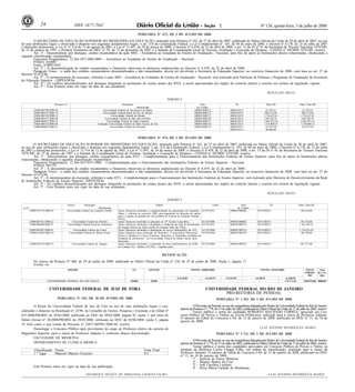 Nº 126, quinta-feira, 3 de julho de 200824 1ISSN 1677-7042
<!ID1213876-0>
PORTARIA Nº 474, DE 2 DE JULHO DE 2008
O SECRETÁRIO DE EDUCAÇÃO SUPERIOR DO MINISTÉRIO DA EDUCAÇÃO, nomeado pela Portaria nº 342, de 27 de abril de 2007, publicada no Diário Oficial da União de 30 de abril de 2007,
no uso de suas atribuições legais e observado o disposto nos seguintes fundamentos legais: o art. 214 da Constituição Federal, a Lei Complementar nº. 101, de 04 de maio de 2000, o Decreto nº 6.170, de 25 de julho
de 2007 e alterações posteriores, a Lei nº 11.514 de 13 de agosto de 2007, a Lei nº 11.647, de 24 de março de 2008, o Decreto nº 6.439, de 22 de abril de 2008, o art. 12 da IN nº 01 da Secretaria do Tesouro Nacional
/STN/MF, de 15 de janeiro de 1997 e a Súmula da Coordenação Geral de Normas, Avaliação e Execução de Despesa - CONED n° 04/2004/ STN/MF, resolve:
Art. 1º - Descentralizar, por destaque, crédito orçamentário da ação 8551 - Complementação para o Funcionamento das Instituições Federais de Ensino Superior, para fins de apoio às Instituições abaixo
relacionadas, obedecendo a seguinte classificação orçamentária:
Funcional Programática: 12.364.1073.8551.0001 - Complementação para o Funcionamento das Instituições Federais de Ensino Superior - Nacional
PTRES: 001753
Art. 2º - A descentralização de crédito orçamentário e financeiro observará as diretrizes estabelecidas no Decreto nº 6.439, de 22 de abril de 2008.
Parágrafo Único - o saldo dos créditos orçamentários descentralizados e não empenhados, deverá ser devolvido a Secretaria de Educação Superior, no exercício financeiro de 2008, com base no art. 27 do
Decreto 93.872/86.
Art. 3º - O monitoramento da execução, referente à ação 8551 - Complementação para o Funcionamento das Instituições Federais de Ensino Superior, será realizado pela Diretoria de Desenvolvimento da Rede
de Instituições Federais de Ensino Superior -DIFES/SESu.
Art. 4º - Os créditos descentralizados por destaque integrarão as prestações de contas anuais das IFES, a serem apresentadas aos órgãos de controle interno e externo nos termos da legislação vigente.
Art. 5º - Esta Portaria entra em vigor na data de sua assinatura.
RONALDO MOTA
ANEXO I
Proces-
so nº
Instituição
Beneficiada
Objeto Fonte Nota
de Crédito
PI Valor Total R$
23000.012774/2008-44 Universidade Federal de Campina Grande Apoio financeiro destinado à complementação da repactuação da Expansão
Etapa 1, referente ao exercício 2008, para pagamento de despesas de capital
para o campus de pombal da Universidade de Federal de Campina Grande -
UFCG.
0112915031 2008NC000666 8551G90311 346.434,89
23000.007421/2008-22 Universidade Federal de Brasília Apoio financeiro destinado à aplicação do 19º Exame Celpe-Bras. 0112915004 2008NC000665 8551G90111 103.782,00
23000.008680/2008-71 Universidade Federal Rural da Amazônia Apoio financeiro destinado à ampliação e melhorias da rede de distribuição
de energia elétrica de baixa tensão do Campus Sede da UFRA.
0112915031 2008NC000725 8551G90311 1.162.365,52
23000.007607/2008-81 Universidade Federal do Ceará Apoio financeiro destinado à atualização do acervo bibliográfico da UFC. 0112915004 2008NC000716 8551G90111 1.710.676,30
23000.013003/2008-74 Universidade Federal de Minas Gerais Apoio financeiro para realização do Seminário: "Licenciaturas Presenciais,
Ensino á Distância e Cursos Noturnos: Respostas às Demandas Imediatas da
formação de professores" na Universidade Federal de Minas Gerais, Belo
Horizonte.
0112915004 2008NC000729 8551G90111 186.790,00
23000.007535/2008-72 Universidade Federal de Alagoas Apoio financeiro destinado a construção do bloco administrativo do ICBS
no Campus A.C. Simões na UFAL - segunda parte.
0112915004 2008NC000723 8551G90111 987.277,80
<!ID1213875-0>
PORTARIA Nº 473, DE 2 DE JULHO DE 2008
O SECRETÁRIO DE EDUCAÇÃO SUPERIOR DO MINISTÉRIO DA EDUCAÇÃO, nomeado pela Portaria nº 342, de 27 de abril de 2007, publicada no Diário Oficial da União de 30 de abril de 2007, no uso
de suas atribuições legais e observado o disposto nos seguintes fundamentos legais: o art. 214 da Constituição Federal, a Lei Complementar nº. 101, de 04 de maio de 2000, o Decreto nº 6.170, de 25 de julho de 2007
e alterações posteriores, a Lei nº 11.514 de 13 de agosto de 2007, a Lei nº 11.647, de 24 de março de 2008, o Decreto nº 6.439, de 22 de abril de 2008, o art. 12 da IN nº 01 da Secretaria do Tesouro Nacional /STN/MF,
de 15 de janeiro de 1997, a Portaria Normativa do MEC nº 39, de 12 de dezembro de 2007 e a Súmula da Coordenação Geral de Normas, Avaliação e Execução de Despesa - CONED n° 04/2004/ STN/MF, resolve:
Art. 1º - Descentralizar, por destaque, crédito orçamentário da ação 4002 - Assistência ao Estudante do Ensino de Graduação - Nacional, para fins de apoio às Instituições abaixo relacionadas, obedecendo a
seguinte classificação orçamentária:
Funcional Programática: 12.364.1073.4002.0001 - Assistência ao Estudante do Ensino de Graduação - Nacional
PTRES: 020887
Fonte: 0100915032
Art. 2º - A descentralização de crédito orçamentário e financeiro observará as diretrizes estabelecidas no Decreto nº 6.439, de 22 de abril de 2008.
Parágrafo Único - o saldo dos créditos orçamentários descentralizados e não empenhados, deverá ser devolvido a Secretaria de Educação Superior, no exercício financeiro de 2008, com base no art. 27 do
Decreto 93.872/86.
Art. 3º - O monitoramento da execução, referente à ação 4002 - Assistência ao Estudante do Ensino de Graduação - Nacional, será realizado pela Diretoria de Políticas e Programas de Graduação da Secretaria
de Educação Superior - DIPES/SESu.
Art. 4º - Os créditos descentralizados por destaque integrarão as prestações de contas anuais das IFES, a serem apresentadas aos órgãos de controle interno e externo nos termos da legislação vigente.
Art. 5º - Esta Portaria entra em vigor na data de sua assinatura.
RONALDO MOTA
ANEXO I
Processo nº Instituição
Beneficiada
Nota
de Crédito
PI Valor R$ Valor Total R$
23000.006790/2008-06 Universidade Federal do Recôncavo da Bahia 2008NC000714 4002G10211 81.239,25 81.239,25
23000.008191/2008-19 Universidade Federal Rural do Rio de Janeiro 2008NC000713 4002G10311 904.273,60 904.273,60
23000.008194/2008-52 Universidade Federal do Paraná 2008NC000715 4002G10211 2.716.617,61 2.716.617,61
23000.009391/2008-99 Universidade Federal de São João Del-Rei 2008NC000720 4002G10211 269.529,76 269.529,76
23000.008017/2008-76 Universidade Federal de Santa Catarina 2008NC000717 4002G10211 2.461.975,16 2.461.975,16
23000.008156/2008-08 Fundação Universidade Federal de Mato Grosso do Sul 2008NC000718 4002G10211 1.379.009,74 1.379.009,74
23000.008018/2008-11 Universidade Federal de Roraima 2008NC000719 4002G10211
4002G10111
152.917,69
80.000,00
232.917,69
<!ID1213740-0>
RETIFICAÇÃO
No Anexo da Portaria Nº 460, de 24 de junho de 2008, publicado no Diário Oficial da União nº 120, de 25 de junho de 2008, Seção 1, página 17.
Exclua -se:
IFES/HU UG GESTÃO FONTE: 0100915002 FONTE: 0151915002 TOTAL
LIBERA-
DO
Nota
de Cré-
dito
3.3.9.0.30 3.3.9.0.37 3.3.9.0.39 4.4.90.51 4.4.90.52
UNIVERSIDADE FEDERAL DO SÃO PAULO 153031 15250 538.974,00 538.974,00 000659
UNIVERSIDADE FEDERAL DE JUIZ DE FORA
<!ID1210193-0>
PORTARIA Nº 452, DE 30 DE JUNHO DE 2008
O Reitor da Universidade Federal de Juiz de Fora no uso de suas atribuições legais e con-
siderando o disposto na Resolução nº 22/98, do Conselho de Ensino, Pesquisa e Extensão e no Edital nº
057/2008/PRORH, de 29/05/2008, publicado no DOU de 30/05/2008, página 42, seção 3, por meio do
Edital (Aviso) nº 28/2008/PRORH, de 29/05/2008, retificado no DOU de 03/06/2008, seção 3, página
35, bem como o que consta do Processo nº 23071.005991/2008-44, resolve:
Homologar o Concurso Público para provimento do cargo de Professor efetivo da carreira de
Magistério Superior, para a classe de Professor Adjunto I, conforme abaixo discriminado:
FACULDADE DE MEDICINA
DEPARTAMENTO DE CLÍNICA MÉDICA
Classificação Nome Nota Final
1 º lugar Marcelo Maroco Cruzeiro 9,3
Esta Portaria entra em vigor na data de sua publicação.
HENRIQUE DUQUE DE MIRANDA CHAVES FILHO
UNIVERSIDADE FEDERAL DO RIO DE JANEIRO
PRÓ-REITORIA DE PESSOAL
<!ID1210903-0>
PORTARIA Nº 1.703, DE 2 DE JULHO DE 2008
O Pró-reitor de Pessoal, no uso da competência delegada pelo Reitor da Universidade Federal do Rio de Janeiro,
através da Portaria nº 1.778, de 15 de julho de 2002, publicada no Diário Oficial da União de 17 de julho de 2002, resolve:
Tornar público o nome do candidato ROBERTO MACHADO CORRÊA, aprovado em Con-
curso Público de Provas e Títulos na Escola Politécnica, realizado para a classe de Professor Adjunto.
O número do Edital do Concurso é 04, de 15 de janeiro de 2008, publicado no DOU nº 11, de 16 de
janeiro de 2008.
LUIZ AFONSO HENRIQUES MARIZ
<!ID1212724-0>
PORTARIA Nº 1.711, DE 2 DE JULHO DE 2008
O Pró-reitor de Pessoal, no uso da competência delegada pelo Reitor da Universidade Federal do Rio de Janeiro,
através da Portaria nº 1.778, de 15 de julho de 2002, publicada no Diário Oficial da União de 17 de julho de 2002, resolve:
Tornar público o nome dos candidatos aprovados em Concurso Público de Provas e Títulos no
Instituto de Biofísica Carlos Chagas Filho, em ordem de classificação, realizado para a classe de
Professor Adjunto. O número do Edital de Concurso é 04, de 15 de janeiro de 2008, publicado no DOU
nº 11, de 16 de janeiro de 2008.
1º - Jackson de Souza Menezes
2º - Wagner Baetas da Cruz
3º - Ana Carolina Luchiari
4º - Deise Maria Furtado de Mendonça
LUIZ AFONSO HENRIQUES MARIZ
 