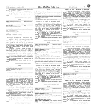 Nº 126, quinta-feira, 3 de julho de 2008 531 ISSN 1677-7042
Art. 1º Conceder à Empresa, na forma de ANEXO, a Cer-
tificação de Boas Práticas de Fabricação.
Art. 2º A presente Certificação terá validade de 1 (um) ano
a partir da sua publicação.
Art. 3º Esta Resolução entra em vigor na data de sua pu-
blicação.
AGNELO SANTOS QUEIROZ FILHO
ANEXO
EMPRESA: Wyeth Indústria Farmacêutica Ltda. CNPJ: 61.072.393/0039-06
ENDEREÇO: Rodovia Castelo Branco Km 32,5
N.º -- BAIRRO: Itaqui CEP: 06696-270
MUNICÍPIO: Itapevi UF: SP
Autorização de Funcionamento n.º: 1.02.110-1
Autorização de Funcionamento Especial n.º: 1.20.306-1
Certificado de Boas Práticas para as Linhas de Produção/Formas Farmacêuticas:
Sólidos: Comprimidos, pastilhas e pós.
Líquidos: Soluções, suspensões e xaropes.
Incluindo, ainda:
Embalagem primária e secundária de hormônios: Comprimidos, comprimidos revestidos
e drágeas.
Produtos sujeitos a controle especial: Comprimidos.
<!ID1213547-0>
RESOLUÇÃO - RE Nº 2.194, DE 2 DE JULHO DE 2008
O Diretor da Diretoria Colegiada da Agência Nacional de
Vigilância Sanitária, no uso das atribuições que lhe conferem o De-
creto de nomeação de 24 de outubro de 2007 do Presidente da
República, o inciso VIII do art. 15 e o inciso I e o § 1º do art. 55 do
Regimento Interno aprovado nos termos do Anexo I da Portaria n.º
354 da ANVISA, de 11 de agosto de 2006, republicada no DOU de
21 de agosto de 2006, e a Portaria nº 1.017 da ANVISA, de 5 de
dezembro de 2007,
considerando a solicitação de inspeção pela empresa Or-
ganon do Brasil Indústria e Comércio Ltda., CNPJ n.º
03.560.974/0001-18, Autorização de Funcionamento n.º: 1.00.171-1;
considerando ainda o parecer da área técnica e que a empresa
foi inspecionada cumprindo os requisitos de Boas Práticas de Fa-
bricação - área farmacêutica, resolve:
Art. 1º Conceder à Empresa, na forma de ANEXO, a Cer-
tificação de Boas Práticas de Fabricação para fins de exportação para
o Brasil.
Art. 2º A presente Certificação terá validade de 1 (um) ano
a partir da sua publicação.
Art. 3º Esta Resolução entra em vigor na data de sua pu-
blicação.
AGNELO SANTOS QUEIROZ FILHO
ANEXO
RAZÃO SOCIAL: Orion Corporation, Orion Pharma
ENDEREÇO: Tengströminkatu 8, 20360, Turku
PAÍS: Finlândia
Certificado de Boas Práticas para a Linha de Produção / Forma Farmacêutica:
Sólidos hormonais: Comprimidos.
<!ID1213548-0>
RESOLUÇÃO - RE Nº 2.195, DE 2 DE JULHO DE 2008
O Diretor da Diretoria Colegiada da Agência Nacional de
Vigilância Sanitária, no uso das atribuições que lhe conferem o De-
creto de nomeação de 24 de outubro de 2007 do Presidente da
República, o inciso VIII do art. 15 e o inciso I e o § 1º do art. 55 do
Regimento Interno aprovado nos termos do Anexo I da Portaria n.º
354 da ANVISA, de 11 de agosto de 2006, republicada no DOU de
21 de agosto de 2006, e a Portaria nº 1.017 da ANVISA, de 5 de
dezembro de 2007,
considerando a solicitação de inspeção pela empresa Sandoz
do Brasil Indústria Farmacêutica Ltda., CNPJ n.º 61.286.647/0001-16,
Autorização de Funcionamento n.º 1.00.047-2 e Autorização Especial
n.º: 1.21.911-7;
considerando ainda o parecer da área técnica e que a empresa
foi inspecionada cumprindo os requisitos de Boas Práticas de Fa-
bricação - área farmacêutica, resolve:
Art. 1º Conceder à Empresa, na forma de ANEXO, a Cer-
tificação de Boas Práticas de Fabricação para fins de exportação para
o Brasil.
Art. 2º A presente Certificação terá validade de 1 (um) ano
a partir da sua publicação.
Art. 3º Esta Resolução entra em vigor na data de sua pu-
blicação.
AGNELO SANTOS QUEIROZ FILHO
ANEXO
RAZÃO SOCIAL: Sandoz Private Limited
ENDEREÇO: Plot n° 8-A/2 e 8-B, TTC Industrial Area, Kalwe Block, Village Dighe, Navi
Mumbai 400708, Maharashtra State
PAÍS: Índia
Certificado de Boas Práticas para a Linha de Produção / Formas Farmacêuticas:
Sólidos: Cápsulas e comprimidos revestidos.
Incluindo, ainda:
Produtos sujeitos a controle especial: Cápsulas e comprimidos revestidos.
<!ID1213549-0>
RESOLUÇÃO - RE Nº 2.196, DE 2 DE JULHO DE 2008
O Diretor da Diretoria Colegiada da Agência Nacional de
Vigilância Sanitária, no uso das atribuições que lhe conferem o De-
creto de nomeação de 24 de outubro de 2007 do Presidente da
República, o inciso VIII do art. 15 e o inciso I e o § 1º do art. 55 do
Regimento Interno aprovado nos termos do Anexo I da Portaria n.º
354 da ANVISA, de 11 de agosto de 2006, republicada no DOU de
21 de agosto de 2006, e a Portaria nº 1.017 da ANVISA, de 5 de
dezembro de 2007,
considerando o art. 4º e os parágrafos 1° e 2º, do art. 3º, da
RDC 66, de 5 de outubro de 2007, e o parecer técnico, resolve:
Art. 1º Conceder à Empresa, na forma de ANEXO, a Cer-
tificação de Boas Práticas de Fabricação.
Art. 2º A presente Certificação terá validade de 1 (um) ano
a partir da sua publicação.
Art. 3º Esta Resolução entra em vigor na data de sua pu-
blicação.
AGNELO SANTOS QUEIROZ FILHO
ANEXO
EMPRESA: Sanofi-Aventis Farmacêutica Ltda. CNPJ: 02.685.377/0008-23
ENDEREÇO: Rua Conde Domingos Papais
N.º 413 BAIRRO: Areião CEP: 08613-010
MUNICÍPIO: Suzano UF: SP
Autorização de Funcionamento n.º: 1.01.300-3
Autorização Especial n.º: 1.20.167-1
Certificado de Boas Práticas para as Linhas de Produção/Formas Farmacêuticas:
Sólidos: Cápsulas, comprimidos, comprimidos revestidos, comprimidos efervescentes e
drágeas.
Semi-sólidos: Cremes, géis, geléias e pomadas.
Líquidos: Colutórios, soluções, sprays, suspensões e xaropes.
Líquidos Estéreis: Colírios.
Injetáveis: Soluções parenterais de pequeno volume (com e sem esterilização final).
Incluindo, ainda:
Antibióticos não cefalosporínicos e não penicilínicos: Comprimidos revestidos, poma-
das,
sprays e suspensões.
Produtos sujeitos a controle especial: Cápsulas, colutórios, comprimidos, comprimidos
revestidos, soluções, soluções parenterais de pequeno volume (com e sem esterilização
final).
Embalagem primária e secundária de sólidos: Pastilhas.
<!ID1213550-0>
RESOLUÇÃO - RE Nº 2.197, DE 2 DE JULHO DE 2008
O Diretor da Diretoria Colegiada da Agência Nacional de
Vigilância Sanitária, no uso das atribuições que lhe conferem o De-
creto de nomeação de 24 de outubro de 2007 do Presidente da
República, o inciso VIII do art. 15 e o inciso I e o § 1º do art. 55 do
Regimento Interno aprovado nos termos do Anexo I da Portaria n.º
354 da ANVISA, de 11 de agosto de 2006, republicada no DOU de
21 de agosto de 2006, e a Portaria nº 1.017 da ANVISA, de 5 de
dezembro de 2007,
considerando o art. 4º e os parágrafos 1° e 2º, do art. 3º, da
RDC 66, de 5 de outubro de 2007, e o parecer técnico, resolve:
Art. 1º Conceder à Empresa, na forma de ANEXO, a Cer-
tificação de Boas Práticas de Fabricação.
Art. 2º A presente Certificação terá validade de 1 (um) ano
a partir da sua publicação.
Art. 3º Esta Resolução entra em vigor na data de sua pu-
blicação.
AGNELO SANTOS QUEIROZ FILHO
ANEXO
EMPRESA: Solvay Farma Ltda. CNPJ: 60.499.639/0001-95
ENDEREÇO: Rua Salvador Branco de Andrade
N.º 93 BAIRRO: Jardim São Miguel CEP: 06760-100
MUNICÍPIO: Taboão da Serra UF: SP
Autorização de Funcionamento n.º: 1.00.082-2
Autorização de Funcionamento Especial n.º: 1.20.004-8
Certificado de Boas Práticas para as Linhas de Produção/Formas Farmacêuticas:
Sólidos: Comprimidos, comprimidos revestidos, drágeas e pós.
Líquidos: Loções, soluções, xampus e xaropes.
Incluindo, ainda:
Produtos sujeitos a controle especial: Comprimidos.
Embalagem primária e secundária de sólidos: Cápsulas, comprimidos e comprimidos
revestidos.
Embalagem primária e secundária de produtos sujeitos a controle especial: Cápsulas e
comprimidos revestidos.
<!ID1213551-0>
RESOLUÇÃO - RE Nº 2.198, DE 2 DE JULHO DE 2008
O Diretor da Diretoria Colegiada da Agência Nacional de
Vigilância Sanitária, no uso das atribuições que lhe conferem o De-
creto de nomeação de 24 de outubro de 2007 do Presidente da
República, o inciso VIII do art. 15 e o inciso I e o § 1º do art. 55 do
Regimento Interno aprovado nos termos do Anexo I da Portaria n.º
354 da ANVISA, de 11 de agosto de 2006, republicada no DOU de
21 de agosto de 2006, e a Portaria nº 1.017 da ANVISA, de 5 de
dezembro de 2007,
considerando a solicitação de inspeção pela empresa Solvay
Farma Ltda., CNPJ n.º 60.499.639/0001-95, Autorização de Fun-
cionamento n.º 1.00.082-2 e Autorização Especial n.º 1.20.004-8;
considerando ainda o parecer da área técnica e que a empresa
foi inspecionada cumprindo os requisitos de Boas Práticas de Fa-
bricação - área farmacêutica, resolve:
Art. 1º Conceder à Empresa, na forma de ANEXO, a Cer-
tificação de Boas Práticas de Fabricação para fins de exportação para
o Brasil.
Art. 2º A presente Certificação terá validade de 1 (um) ano
a partir da sua publicação.
Art. 3º Esta Resolução entra em vigor na data de sua pu-
blicação.
AGNELO SANTOS QUEIROZ FILHO
ANEXO
RAZÃO SOCIAL: Solvay Pharmaceuticals B.V.
ENDEREÇO: Veerweg 12 , 8121 AA Olst.
PAÍS: Holanda
Certificado de Boas Práticas para a Linha de Produção / Formas Farmacêuticas:
Sólidos: Cápsulas e comprimidos.
Incluindo, ainda:
Produtos sujeitos a controle especial: Comprimidos revestidos.
Hormonais: Comprimidos revestidos.
<!ID1213552-0>
RESOLUÇÃO - RE Nº 2.199, DE 2 DE JULHO DE 2008
O Diretor da Diretoria Colegiada da Agência Nacional de
Vigilância Sanitária, no uso das atribuições que lhe conferem o De-
creto de nomeação de 24 de outubro de 2007 do Presidente da
República, o inciso VIII do art. 15 e o inciso I e o § 1º do art. 55 do
Regimento Interno aprovado nos termos do Anexo I da Portaria n.º
354 da ANVISA, de 11 de agosto de 2006, republicada no DOU de
21 de agosto de 2006, e a Portaria nº 1.017 da ANVISA, de 5 de
dezembro de 2007,
considerando a solicitação de inspeção pela empresa Serono
Produtos Farmacêuticos Ltda., CNPJ n.º 27.944.313/0001-54, Au-
torização de Funcionamento n.º: 1.01.124-4;
considerando ainda o parecer da área técnica e que a empresa
foi inspecionada cumprindo os requisitos de Boas Práticas de Fa-
bricação - área farmacêutica, resolve:
Art. 1º Conceder à Empresa, na forma de ANEXO, a Cer-
tificação de Boas Práticas de Fabricação para fins de exportação para
o Brasil.
Art. 2º A presente Certificação terá validade de 1 (um) ano
a partir da sua publicação.
Art. 3º Esta Resolução entra em vigor na data de sua pu-
blicação.
AGNELO SANTOS QUEIROZ FILHO
ANEXO
RAZÃO SOCIAL: Solvay Pharmaceuticals B.V.
ENDEREÇO: Veerweg 12-8121 AA, Olst
PAÍS: Holanda
Certificado de Boas Práticas para a Linha de Produção / Forma Farmacêutica:
Injetáveis: Soluções parenterais de pequeno volume com esterilização final.
<!ID1213553-0>
RESOLUÇÃO - RE Nº 2.200, DE 2 DE JULHO DE 2008
O Diretor da Diretoria Colegiada da Agência Nacional de
Vigilância Sanitária, no uso das atribuições que lhe conferem o De-
creto de nomeação de 24 de outubro de 2007 do Presidente da
República, o inciso VIII do art. 15 e o inciso I e o § 1º do art. 55 do
Regimento Interno aprovado nos termos do Anexo I da Portaria n.º
354 da ANVISA, de 11 de agosto de 2006, republicada no DOU de
21 de agosto de 2006, e a Portaria nº 1.017 da ANVISA, de 5 de
dezembro de 2007,
considerando a solicitação de inspeção pela empresa Ac-
telion Pharmaceuticals do Brasil Ltda., CNPJ n.º 05.240.939/0001-47,
Autorização de Funcionamento n.º 1.05.538-1;
considerando ainda o parecer da área técnica e que a empresa
foi inspecionada cumprindo os requisitos de Boas Práticas de Fa-
bricação - área farmacêutica, resolve:
Art. 1º Conceder à Empresa, na forma de ANEXO, a Cer-
tificação de Boas Práticas de Fabricação para fins de exportação para
o Brasil.
Art. 2º A presente Certificação terá validade de 1 (um) ano
a partir da sua publicação.
Art. 3º Esta Resolução entra em vigor na data de sua pu-
blicação.
AGNELO SANTOS QUEIROZ FILHO
 