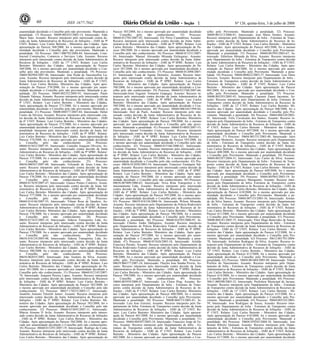 Nº 126, quinta-feira, 3 de julho de 200860 1ISSN 1677-7042
unanimidade decidindo o Conselho pelo não provimento. Mantendo a
penalidade. 17) Processo: 50609.002452/2003-14; Interessado: Aldo
Mariz Sato; Assunto: Recurso interposto pelo interessado contra de-
cisão da Junta Administrativa de Recursos de Infrações - JARI da 9ª
UNIT; Relator: Luiz Carlos Bertotto - Ministério das Cidades. Após
apresentação do Parecer 568/2008, foi o mesmo aprovado por una-
nimidade decidindo o Conselho pelo não provimento. Mantendo a
penalidade. 18) Processo: 50617.000792/2004-84; Interessado: Cons-
trucred Construções, Comercio e Serviços Ltda; Assunto: Recurso
interposto pelo interessado contra decisão da Junta Administrativa de
Recursos de Infrações - JARI da 17ª UNIT; Relator: Luiz Carlos
Bertotto- Ministério das Cidades. Após apresentação do Parecer
569/2008, foi o mesmo aprovado por unanimidade decidindo o Con-
selho pelo não provimento. Mantendo a penalidade. 19) Processo:
50604.002964/2007-46; Interessado: Ana Neide de Vasconcellos Lu-
cena; Assunto: Recurso interposto pelo interessado contra decisão da
Junta Administrativa de Recursos de Infrações - JARI da 4ª UNIT;
Relator: Luiz Carlos Bertotto- Ministério das Cidades. Após apre-
sentação do Parecer 570/2008, foi o mesmo aprovado por unani-
midade decidindo o Conselho pelo não provimento. Mantendo a pe-
nalidade. 20) Processo: 50604.002352/2005-91; Interessado: Paulo
Eduardo Valença; Assunto: Recurso interposto pelo interessado contra
decisão da Junta Administrativa de Recursos de Infrações - JARI da
4ª UNIT; Relator: Luiz Carlos Bertotto - Ministério das Cidades.
Após apresentação do Parecer 571/2008, foi o mesmo aprovado por
unanimidade decidindo o Conselho pelo não provimento. Mantendo a
penalidade. 21) Processo: 50600.004577/2007-84; Interessado: Heber
Castro da Silveira; Assunto: Recurso interposto pelo interessado con-
tra decisão da Junta Administrativa de Recursos de Infrações - JARI
da 6ª UNIT; Relator: Luiz Carlos Bertotto - Ministério das Cidades.
Após apresentação do Parecer 572/2008, foi o mesmo aprovado por
unanimidade decidindo o Conselho pelo não provimento. Mantendo a
penalidade interposto pelo interessado contra decisão da Junta Ad-
ministrativa de Recursos de Infrações - JARI da 9ª SPRF; Relator:
Luiz Carlos Bertotto - Ministério das Cidades. Após apresentação do
Parecer 574/2008, foi o mesmo aprovado por unanimidade decidindo
o Conselho pelo não conhecimento. 24) Processo:
08660.015632/2007-91; Interessado: Custodio Joaquim Oliveira; As-
sunto: Recurso interposto pelo interessado contra decisão da Junta
Administrativa de Recursos de Infrações - JARI da 9ª SPRF; Relator:
Luiz Carlos Bertotto - Ministério das Cidades. Após apresentação do
Parecer 575/2008, foi o mesmo aprovado por unanimidade decidindo
o Conselho pelo não conhecimento. 25) Processo:
08656.000567/2007-68; Interessado: Felizardo de Jesus Lima; As-
sunto: Recurso interposto pelo interessado contra decisão da Junta
Administrativa de Recursos de Infrações - JARI da 4ª SPRF; Relator:
Luiz Carlos Bertotto - Ministério das Cidades. Após apresentação do
Parecer 576/2008, foi o mesmo aprovado por unanimidade decidindo
o Conselho pelo não conhecimento. 26) Processo:
08660.017639/2007-47; Interessado: Glauco Pontes Cordeiro; Assun-
to: Recurso interposto pelo interessado contra decisão da Junta Ad-
ministrativa de Recursos de Infrações - JARI da 9ª SPRF; Relator:
Luiz Carlos Bertotto- Ministério das Cidades. Após apresentação do
Parecer 577/2008, foi o mesmo aprovado por unanimidade decidindo
o Conselho pelo não conhecimento. 27) Processo:
08660.014146/2007-55; Interessado: Vilmar Rosa de Quadros; As-
sunto: Recurso interposto pelo interessado contra decisão da Junta
Administrativa de Recursos de Infrações - JARI da 9ª SPRF; Relator:
Luiz Carlos Bertotto- Ministério das Cidades. Após apresentação do
Parecer 578/2008, foi o mesmo aprovado por unanimidade decidindo
o Conselho pelo não conhecimento. 28) Processo:
08656.017425/2003-14; Interessado: Sidersa Transportes Ltda; As-
sunto: Recurso interposto pelo interessado contra decisão da Junta
Administrativa de Recursos de Infrações - JARI da 4ª SPRF; Relator:
Luiz Carlos Bertotto - Ministério das Cidades. Após apresentação do
Parecer 579/2008, foi o mesmo aprovado por unanimidade decidindo
o Conselho pelo não conhecimento. 29) Processo:
08656.018124/2003-08; Interessado: Sidersa Transportes Ltda; As-
sunto: Recurso interposto pelo interessado contra decisão da Junta
Administrativa de Recursos de Infrações - JARI da 4ª SPRF; Relator:
Luiz Carlos Bertotto - Ministério das Cidades. Após apresentação do
Parecer 580/2008, foi o mesmo aprovado por unanimidade decidindo
o Conselho pelo não conhecimento. 30) Processo:
08656.002035/2003; Interessado: João Teodoro da Silva; Assunto:
Recurso interposto pelo interessado contra decisão da Junta Admi-
nistrativa de Recursos de Infrações - JARI da 4ª SPRF; Relator: Luiz
Carlos Bertotto- Ministério das Cidades. Após apresentação do Pa-
recer 581/2008, foi o mesmo aprovado por unanimidade decidindo o
Conselho pelo não conhecimento. 31) Processo: 08660.012145/2007-
76; Interessado: Joaquim Pereira Lopes; Assunto: Recurso interposto
pelo interessado contra decisão da Junta Administrativa de Recursos
de Infrações - JARI da 9ª SPRF; Relator: Luiz Carlos Bertotto -
Ministério das Cidades. Após apresentação do Parecer 582/2008, foi
o mesmo aprovado por unanimidade decidindo o Conselho pelo não
conhecimento. 32) Processo: 08657.170233/2003-17; Interessado:
Anatólio Antonio Vitoretti Junior; Assunto: Recurso interposto pelo
interessado contra decisão da Junta Administrativa de Recursos de
Infrações - JARI da 5ª SPRF; Relator: Luiz Carlos Bertotto- Mi-
nistério das Cidades. Após apresentação do Parecer 583/2008, foi o
mesmo aprovado por unanimidade decidindo o Conselho pelo não
conhecimento. 33) Processo: 08660.013695/2007-11; Interessado:
Márcia Aimone D Avila; Assunto: Recurso interposto pelo interes-
sado contra decisão da Junta Administrativa de Recursos de Infrações
- JARI da 9ª SPRF; Relator: Luiz Carlos Bertotto - Ministério das
Cidades. Após apresentação do Parecer 584/2008, foi o mesmo apro-
vado por unanimidade decidindo o Conselho pelo não conhecimento.
34) Processo: 08660.013291/2007-19; Interessado: Rodrigo da Costa;
Assunto: Recurso interposto pelo interessado contra decisão da Junta
Administrativa de Recursos de Infrações - JARI da 9ª SPRF; Relator:
Luiz Carlos Bertotto - Ministério das Cidades. Após apresentação do
Parecer 585/2008, foi o mesmo aprovado por unanimidade decidindo
o Conselho pelo não conhecimento. 35) Processo:
08660.012705/2007-92; Interessado: Ely Perez Castanheira; Assunto:
Recurso interposto pelo interessado contra decisão da Junta Admi-
nistrativa de Recursos de Infrações - JARI da 9ª SPRF; Relator: Luiz
Carlos Bertotto - Ministério das Cidades. Após apresentação do Pa-
recer 586/2008, foi o mesmo aprovado por unanimidade decidindo o
Conselho pelo não conhecimento. 36) Processo: 08660.013231/2007-
04; Interessado: Manoel Alexandre Miranda Etchegaray; Assunto:
Recurso interposto pelo interessado contra decisão da Junta Admi-
nistrativa de Recursos de Infrações - JARI da 9ª SPRF; Relator: Luiz
Carlos Bertotto- Ministério das Cidades. Após apresentação do Pa-
recer 587/2008, foi o mesmo aprovado por unanimidade decidindo o
Conselho pelo não conhecimento. 37) Processo: 08660.012098/2007-
61; Interessado: Luan de Aguiar Dorneles; Assunto: Recurso inter-
posto pelo interessado contra decisão da Junta Administrativa de
Recursos de Infrações - JARI da 9ª SPRF; Relator: Luiz Carlos
Bertotto - Ministério das Cidades. Após apresentação do Parecer
588/2008, foi o mesmo aprovado por unanimidade decidindo o Con-
selho pelo não conhecimento. 39) Processo: 08660.013768/2007-66;
Interessado:Irmo Eugenio Tomasini Grapegio; Assunto: Recurso in-
terposto pelo interessado contra decisão da Junta Administrativa de
Recursos de Infrações - JARI da 9ª SPRF; Relator: Luiz Carlos
Bertotto- Ministério das Cidades. Após apresentação do Parecer
589/2008, foi o mesmo aprovado por unanimidade decidindo o Con-
selho pelo não conhecimento. 40) Processo: 08660.006344/1999-84;
Interessado: Iloir de Pauli; Assunto: Recurso interposto pelo inte-
ressado contra decisão da Junta Administrativa de Recursos de In-
frações - JARI da 9ª SPRF; Relator: Luiz Carlos Bertotto- Ministério
das Cidades. Após apresentação do Parecer 590/2008, foi o mesmo
aprovado por unanimidade decidindo o Conselho pelo não provi-
mento. Mantendo a penalidade. 41) Processo: 08660.014805/2007-53;
Interessado: Ismael Fernandes Costa; Assunto: Recurso interposto
pelo interessado contra decisão da Junta Administrativa de Recursos
de Infrações - JARI da 9ª SPRF; Relator: Luiz Carlos Bertotto -
Ministério das Cidades. Após apresentação do Parecer 592/2008, foi
o mesmo aprovado por unanimidade decidindo o Conselho pelo não
conhecimento. 42) Processo: 08660.015166/2006-62; Interessado:
Cleomar Viapiana; Assunto: Recurso interposto pelo interessado con-
tra decisão da Junta Administrativa de Recursos de Infrações - JARI
da 9ª SPRF; Relator: Luiz Carlos Bertotto - Ministério das Cidades.
Após apresentação do Parecer 593/2008, foi o mesmo aprovado por
unanimidade decidindo o Conselho pelo não conhecimento. 43) Pro-
cesso: 08656.012058/2003-54; Interessado: Francisco Eustáquio Sal-
gado; Assunto: Recurso interposto pelo interessado contra decisão da
Junta Administrativa de Recursos de Infrações - JARI da 4ª SPRF;
Relator: Luiz Carlos Bertotto - Ministério das Cidades. Após apre-
sentação do Parecer 594/2008, foi o mesmo aprovado por unani-
midade decidindo o Conselho pelo não conhecimento. 44) Processo:
08656.007809/2006-63; Interessado: Nova Rota Transportes e Ar-
mazenamento Ltda; Assunto: Recurso interposto pelo interessado
contra decisão da Junta Administrativa de Recursos de Infrações -
JARI da 4ª SPRF; Relator: Luiz Carlos Bertotto - Ministério das
Cidades. Após apresentação do Parecer 595/2008, foi o mesmo apro-
vado por unanimidade decidindo o Conselho pelo não conhecimento.
45) Processo: 08659.018156/2004-56; Interessado Wilson Miranda;
Assunto: Recurso interposto pelo Departamento de Policia Rodoviário
Federal contra decisão da Junta Administrativa de Recursos de In-
frações - JARI da 7ª SPRF; Relator: Luiz Carlos Bertotto - Ministério
das Cidades. Após apresentação do Parecer 596/2008, foi o mesmo
aprovado por unanimidade decidindo o Conselho pelo Provimento.
Mantendo a penalidade. 46) Processo: 08660.016705/2000-95; In-
teressado: Charles Andre Dallegrave; Assunto: Recurso interposto
pelo Departamento de Policia Rodoviário Federal contra decisão da
Junta Administrativa de Recursos de Infrações - JARI da 9ª SPRF;
Relator: Luiz Carlos Bertotto- Ministério das Cidades. Após apre-
sentação do Parecer 597/2008, foi o mesmo aprovado por unani-
midade decidindo o Conselho pelo Provimento. Mantendo a pena-
lidade. 47) Processo: 08660.015626/2003-18; Interessado: Arnildo
Francisco Peretto; Assunto: Recurso interposto pelo Departamento de
Policia Rodoviário Federal contra decisão da Junta Administrativa de
Recursos de Infrações - JARI da 9ª SPRF; Relator: Luiz Carlos
Bertotto- Ministério das Cidades. Após apresentação do Parecer
598/2008, foi o mesmo aprovado por unanimidade decidindo o Con-
selho pelo Provimento. Mantendo a penalidade. 48) Processo:
08659.006377/2007-24; Interessado: Thaylor Jose Smaha Provin; As-
sunto: Recurso interposto pelo interessado contra decisão da Junta
Administrativa de Recursos de Infrações - JARI da 7ª SPRF; Relator:
Luiz Carlos Bertotto - Ministério das Cidades. Após apresentação do
Parecer 599/2008, foi o mesmo aprovado por unanimidade decidindo
o Conselho pelo Não conhecimento. 49) Processo:
50604.003939/2006-07; Interessado: Liu Chiou Ping; Assunto: Re-
curso interposto pelo Departamento de Infra - Estrutura de Trans-
portes contra decisão da Junta Administrativa de Recursos de In-
frações - JARI da 4ª UNIT; Relator: Luiz Carlos Bertotto- Ministério
das Cidades. Após apresentação do Parecer 600/2008, foi o mesmo
aprovado por unanimidade decidindo o Conselho pelo Provimento.
Mantendo a penalidade. 50) Processo: 50600.004373/2005-81; In-
teressado: Luiz Jose Ferreira; Assunto: Recurso interposto pelo De-
partamento de Infra- Estrutura de Transportes contra decisão da Junta
Administrativa de Recursos de Infrações - JARI da 12ª UNIT; Re-
lator: Luiz Carlos Bertotto- Ministério das Cidades. Após apresen-
tação do Parecer 601/2008, foi o mesmo aprovado por unanimidade
decidindo o Conselho pelo Provimento. Mantendo a penalidade. 51)
Processo: 50604.004307/2003-18; Interessado: Francisco Jorge de Fa-
rias; Assunto: Recurso interposto pelo Departamento de Infra - Es-
trutura de Transportes contra decisão da Junta Administrativa de
Recursos de Infrações - JARI da 4ª UNIT; Relator: Luiz Carlos
Bertotto - Ministério das Cidades. Após apresentação do Parecer
602/2008, foi o mesmo aprovado por unanimidade decidindo o Con-
selho pelo Provimento. Mantendo a penalidade. 52) Processo:
50609.001213/2006-81; Interessado: Jose Mario Simões; Assunto:
Recurso interposto pelo Departamento de Infra - Estrutura de Trans-
portes contra decisão da Junta Administrativa de Recursos de In-
frações - JARI da 9ª UNIT; Relator: Luiz Carlos Bertotto - Ministério
das Cidades. Após apresentação do Parecer 603/2008, foi o mesmo
aprovado por unanimidade decidindo o Conselho pelo Provimento.
Mantendo a penalidade. 53) Processo: 50604.001993/2003-67; In-
teressado: Edinilson Miranda da Silva; Assunto: Recurso interposto
pelo Departamento de Infra - Estrutura de Transportes contra decisão
da Junta Administrativa de Recursos de Infrações - JARI da 4ª UNIT;
Relator: Luiz Carlos Bertotto - Ministério das Cidades. Após apre-
sentação do Parecer 604/2008, foi o mesmo aprovado por unani-
midade decidindo o Conselho pelo Provimento. Mantendo a pena-
lidade. 54) Processo: 50604.004622/2003-37; Interessado: Luiz Diniz
Teixeira; Assunto: Recurso interposto pelo Departamento de Infra -
Estrutura de Transportes contra decisão da Junta Administrativa de
Recursos de Infrações - JARI da 4ª UNIT; Relator: Luiz Carlos
Bertotto - Ministério das Cidades. Após apresentação do Parecer
605/2008, foi o mesmo aprovado por unanimidade decidindo o Con-
selho pelo Provimento. Mantendo a penalidade. 55) Processo:
50600.005293/2005-43; Interessado: Clausmir Zaneti Jacomini; As-
sunto: Recurso interposto pelo Departamento de Infra- Estrutura de
Transportes contra decisão da Junta Administrativa de Recursos de
Infrações - JARI da 12ª UNIT; Relator: Luiz Carlos Bertotto- Mi-
nistério das Cidades. Após apresentação do Parecer 606/2008, foi o
mesmo aprovado por unanimidade decidindo o Conselho pelo Pro-
vimento. Mantendo a penalidade. 56) Processo: 50604.006320/2003-
01; Interessado: Felix Cavalcante dos Santos; Assunto: Recurso in-
terposto pelo Departamento de Infra - Estrutura de Transportes contra
decisão da Junta Administrativa de Recursos de Infrações - JARI da
4ª UNIT; Relator: Luiz Carlos Bertotto - Ministério das Cidades.
Após apresentação do Parecer 607/2008, foi o mesmo aprovado por
unanimidade decidindo o Conselho pelo Provimento. Mantendo a
penalidade. 57) Processo: 50604.003151/2003-40; Interessado: Jairo
Cavalcanti Monteiro; Assunto: Recurso interposto pelo Departamento
de Infra - Estrutura de Transportes contra decisão da Junta Ad-
ministrativa de Recursos de Infrações - JARI da 4ª UNIT; Relator:
Luiz Carlos Bertotto - Ministério das Cidades. Após apresentação do
Parecer 608/2008, foi o mesmo aprovado por unanimidade decidindo
o Conselho pelo Provimento. Mantendo a penalidade. 58) Processo:
50604.003287/2004-31; Interessado: Luiz Carlos da Silva; Assunto:
Recurso interposto pelo Departamento de Infra - Estrutura de Trans-
portes contra decisão da Junta Administrativa de Recursos de In-
frações - JARI da 4ª UNIT; Relator: Luiz Carlos Bertotto - Ministério
das Cidades. Após apresentação do Parecer 609/2008, foi o mesmo
aprovado por unanimidade decidindo o Conselho pelo Provimento.
Mantendo a penalidade. 59) Processo: 50604.005965/2003-19; In-
teressado: Fernando Castrucci Mariguetto; Assunto: Recurso inter-
posto pelo Departamento de Infra- Estrutura de Transportes contra
decisão da Junta Administrativa de Recursos de Infrações - JARI da
4ª UNIT; Relator: Luiz Carlos Bertotto- Ministério das Cidades. Após
apresentação do Parecer 610/2008, foi o mesmo aprovado por una-
nimidade decidindo o Conselho pelo Provimento. Mantendo a pe-
nalidade. 60) Processo: 50604.007153/2003-16; Interessado: Arman-
do da Silva Santos; Assunto: Recurso interposto pelo Departamento
de Infra - Estrutura de Transportes contra decisão da Junta Ad-
ministrativa de Recursos de Infrações - JARI da 4ª UNIT; Relator:
Luiz Carlos Bertotto - Ministério das Cidades. Após apresentação do
Parecer 611/2008, foi o mesmo aprovado por unanimidade decidindo
o Conselho pelo Provimento. Mantendo a penalidade. 61) Processo:
50600.004181/2005-75; Interessado: Vitor Hugo Benevides de Souza;
Assunto: Recurso interposto pelo Departamento de Infra - Estrutura
de Transportes contra decisão da Junta Administrativa de Recursos de
Infrações - JARI da 12ª UNIT; Relator: Luiz Carlos Bertotto - Mi-
nistério das Cidades. Após apresentação do Parecer 612/2008, foi o
mesmo aprovado por unanimidade decidindo o Conselho pelo Pro-
vimento. Mantendo a penalidade. 62) Processo: 50612.001701/2004-
78; Interessado: Jerônimo Rodrigues da Silva; Assunto: Recurso in-
terposto pelo Departamento de Infra - Estrutura de Transportes contra
decisão da Junta Administrativa de Recursos de Infrações - JARI da
12ª UNIT; Relator: Luiz Carlos Bertotto - Ministério das Cidades.
Após apresentação do Parecer 613/2008, foi o mesmo aprovado por
unanimidade decidindo o Conselho pelo Provimento. Mantendo a
penalidade. 63) Processo: 50604.001664/2005-88; Interessado: Nilson
Porfírio do Nascimento; Assunto: Recurso interposto pelo Depar-
tamento de Infra - Estrutura de Transportes contra decisão da Junta
Administrativa de Recursos de Infrações - JARI da 4ª UNIT; Relator:
Luiz Carlos Bertotto - Ministério das Cidades. Após apresentação do
Parecer 614/2008, foi o mesmo aprovado por unanimidade decidindo
o Conselho pelo Provimento. Mantendo a penalidade. 64) Processo:
50611.000588/2003-32; Interessado: Prefeitura Municipal de Jaciara;
Assunto: Recurso interposto pelo Departamento de Infra - Estrutura
de Transportes contra decisão da Junta Administrativa de Recursos de
Infrações - JARI da 11ª UNIT; Relator: Luiz Carlos Bertotto - Mi-
nistério das Cidades. Após apresentação do Parecer 615/2008, foi o
mesmo aprovado por unanimidade decidindo o Conselho pelo Pro-
vimento. Mantendo a penalidade. 65) Processo: 50604.003142/2003-
59; Interessado: Jose Rodrigues de Souza; Assunto: Recurso inter-
posto pelo Departamento de Infra - Estrutura de Transportes contra
decisão da Junta Administrativa de Recursos de Infrações - JARI da
4ª UNIT; Relator: Luiz Carlos Bertotto - Ministério das Cidades.
Após apresentação do Parecer 616/2008, foi o mesmo aprovado por
unanimidade decidindo o Conselho pelo Provimento. Mantendo a
penalidade. 66) Processo: 50604.039245/2004-18; Interessado: Jose
Renato Ribeiro Quinaud; Assunto: Recurso interposto pelo Depar-
tamento de Infra - Estrutura de Transportes contra decisão da Junta
Administrativa de Recursos de Infrações - JARI da 6ª UNIT; Relator:
Luiz Carlos Bertotto - Ministério das Cidades. Após apresentação do
Parecer 617/2008, foi o mesmo aprovado por unanimidade decidindo
 