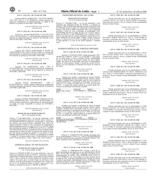 Nº 126, quinta-feira, 3 de julho de 200864 1ISSN 1677-7042
ATO Nº 3.933, DE 2 DE JULHO DE 2008
Autorizar PRO-IN MARKETING E EVENTOS ESPORTI-
VOS LTDA, CNPJ nº 73.155.350/0001-09 a realizar operação tem-
porária de equipamentos de radiocomunicação, na cidade de São
Paulo/SP, no período de 04/07/2008 a 06/07/2008.
EDILSON RIBEIRO DOS SANTOS
Superintendente
<!ID1211134-0>
ATO Nº 3.934, DE 2 DE JULHO DE 2008
Autorizar R. VICTOR PROMOÇÕES E EVENTOS LTDA,
CNPJ nº 06.786.658/0001-57 a realizar operação temporária de equi-
pamentos de radiocomunicação, na cidade de São Paulo/SP, no pe-
ríodo de 04/07/2008 a 06/07/2008.
EDILSON RIBEIRO DOS SANTOS
Superintendente
<!ID1211135-0>
ATO Nº 3.935, DE 2 DE JULHO DE 2008
Autorizar RM TRUCK PUBLICIDADE E EQUIPE DE
COMPETIÇÕES LTDA, CNPJ nº 06.039.315/0001-29 a realizar ope-
ração temporária de equipamentos de radiocomunicação, na cidade de
São Paulo/SP, no período de 04/07/2008 a 06/07/2008.
EDILSON RIBEIRO DOS SANTOS
Superintendente
<!ID1211136-0>
ATO Nº 3.936, DE 2 DE JULHO DE 2008
Autorizar VR COMPETIÇÕES LTDA, CNPJ nº
07.450.643/0001-86 a realizar operação temporária de equipamentos
de radiocomunicação, na cidade de São Paulo/SP, no período de
04/07/2008 a 06/07/2008.
EDILSON RIBEIRO DOS SANTOS
Superintendente
<!ID1211137-0>
ATO Nº 3.937, DE 2 DE JULHO DE 2008
Autorizar WOGEL MOTORSPORTS , CNPJ nº
04.388.367/0001-85 a realizar operação temporária de equipamentos
de radiocomunicação, na cidade de Campo Grande/MS, no período de
03/07/2008 a 06/07/2008.
EDILSON RIBEIRO DOS SANTOS
Superintendente
<!ID1211138-0>
ATO Nº 3.938, DE 2 DE JULHO DE 2008
Autorizar ZAMAGE MOTORSPORT COMERCIO DE PE-
CAS AUTOMOTIVAS LTDA - EPP, CNPJ nº 06.895.447/0001-52 a
realizar operação temporária de equipamentos de radiocomunicação,
na cidade de Campo Grande/MS, no período de 03/07/2008 a
06/07/2008.
EDILSON RIBEIRO DOS SANTOS
Superintendente
<!ID1210787-0>
DESPACHO DO SUPERINTENDENTE
Em 13 de dezembro de 2006
Processo nº 53563.000323/2003 - No uso das atribuições a mim
conferidas pelo Regimento Interno da ANATEL adoto o Parecer n.º
083-2004/PGF/PFE-DCFA/Anatel-RN, considerando os documentos
que instruem cada processo abaixo relacionado, bem como a le-
gislação pertinente, e tendo em vista os princípios da razoabilidade e
proporcionalidade previstos no artigo 38, da Lei nº 9.472/97, decido
pela conversão da sanção de SUSPENSÃO em MULTA, à RÁDIO-
TAXI RELÂMPAGO LTDA. executante do Serviço Limitado Privado
Especializado, na cidade de Natal, no Estado do Rio grande do Norte,
por estar incursa no preceito do subitem 5.2.1 da Norma nº 01/82,
instituída pela Portaria nº44 de 03/03/82, em infringência ao subitem
7.3, alínea "b" do mesmo diploma legal. A multa aplicada é no valor
de R$ 734,09 (setecentos e trinta e quatro reais e nove centavos)
EDILSON RIBEIRO DOS SANTOS
GERÊNCIA-GERAL DE FISCALIZAÇÃO
<!ID1210788-0>
DESPACHO DO GERENTE-GERAL
Em 12 de novembro de 2007
Processo nº 53560.002145/2006- No uso das atribuições a mim con-
feridas pelo Regimento Interno da ANATEL, examinando o Recurso
Administrativo interposto pela Rádio Campo Maior de Quixeramobim
LTDA., contra a decisão do Gerente Regional da Anatel/Ce, decido
conhecer do recurso, para, no mérito negar seu provimento, man-
tendo-se a pena de multa aplicada em consonância com o disposto bo
art. 82, § 2 do Regimento Interno da Anatel e palas razoes e jus-
tificativas constantes do Parecer nº 208/2007 da PRC/09.
JOSE JOAQUIM DE OLIVEIRA
ESCRITÓRIO REGIONAL DO CEARÁ
<!ID1210789-0>
DESPACHO DO GERENTE
Em 25 de fevereiro de 2008
Processo nº 53560.000277/2003 - No uso das atribuições a mim
conferidas pelo Regimento Interno da ANATEL e o disposto na
Portaria n.º 508, de 05/09/2006, publicada no Diário Oficial da União
de 14/09/2006, Seção 02, página 36, considerando os documentos que
instruem cada processo abaixo relacionado, bem como a legislação
pertinente, e tendo em vista os princípios da razoabilidade e pro-
porcionalidade previstos no artigo 38, da Lei nº 9.472/97, aplico a
sanção de MULTA a LDB TRASPORTES DE CARGAS LTDA.,
pelo uso não autorizado do espectro radioelétrico decorrente da exe-
cução clandestina do Serviço Rádio Cidadão, estando incursa no
artigo 173, inciso II da Lei 9.472/97 c/ o artigo 163 da Lei 9.472/97.
A multa aplicada é no valor de R$ 250,00 (duzentos e cinqüenta
reais) .
JOSÉ EVERARDO DE SOUSA LEITE
SUPERINTENDÊNCIA DE SERVIÇOS PRIVADOS
<!ID1210447-0>
ATO Nº 3.668, DE 20 DE JUNHO DE 2008
Processo nº 53504.016553/2007. Expede autorização a MU-
NICÍPIO DE FLOREAL, CNPJ nº 53.221.941/0001-11, para explo-
rar, de forma direta, o Serviço Limitado Privado, submodalidade
Serviço de Rede Privado, de interesse restrito, por prazo indeter-
minado, sem caráter de exclusividade, não aberto à correspondência
pública, de forma gratuita, limitado o acesso aos serviços da Pre-
feitura e aos seus munícipes, no município de Floreal, no Estado de
São Paulo.
JARBAS JOSÉ VALENTE
Superintendente
ATO Nº 3.731, DE 23 DE JUNHO DE 2008
Extinguir, por cassação, a autorização do Serviço Limitado
Privado, submodalidade Serviço de Rede Privado, interesse restrito,
expedida à entidade abaixo relacionada, tendo em vista a perda de
condição indispensável à manutenção da autorização, com fulcro no
artigo 133, I c.c o artigo 139, ambos da Lei n.º 9.472, de 16 de julho
de 1997. A extinção não implica isenção de eventuais débitos, de-
correntes da autorização anteriormente expedida.
NOME CNPJ/CPF FISTEL
Milenia Agro Ciência
S.A.
74.075.490/0001-21 50004916026
JARBAS JOSÉ VALENTE
Superintendente
ATO Nº 3.732, DE 23 DE JUNHO DE 2008
Extinguir, por cassação, a autorização do Serviço Limitado
Privado, submodalidade Serviço de Rede Privado, interesse restrito,
expedida à entidade abaixo relacionada, tendo em vista a perda de
condição indispensável à manutenção da autorização, com fulcro no
artigo 133, I c.c o artigo 139, ambos da Lei n.º 9.472, de 16 de julho
de 1997. A extinção não implica isenção de eventuais débitos, de-
correntes da autorização anteriormente expedida.
NOME CNPJ/CPF FISTEL
PENNACCHI INDUSTRIA
DE PRODUTOS ALIMEN-
TÍCIOS LTDA.
78.739.505/0002-40 05020545228
JARBAS JOSÉ VALENTE
Superintendente
<!ID1210446-0>
ATO Nº 3.761, DE 25 DE JUNHO DE 2008
Processo nº 53500.001793/1999. Outorga autorização para
uso de radiofreqüência à VIVO S.A., CNPJ nº 02.449.992/0001-64
associada à autorização para exploração do SERVIÇO MOVEL PES-
SOAL, referente(s) ao(s) radioenlace(s) anciliar(es)
JARBAS JOSÉ VALENTE
Superintendente
ATO Nº 3.776 DE 25 DE JUNHO DE 2008
Processo n.º 29000.004193/1987. Prorroga o prazo de vi-
gência da outorga de autorização de uso das radiofreqüências 160,290
MHz, 158,710 MHz, 152,090 MHz, consignadas às estações de ra-
diocomunicações da RADIO TAXI SHALOM LTDA, CNPJ N.º
01.825.150/0001-05, sem exclusividade, em caráter precário, até 04
de maio de 2018, associada à autorização para execução do Serviço
Limitado Especializado, submodalidade Serviço de Radiotáxi Espe-
cializado de interesse restrito, expedida anteriormente, e tendo como
área de prestação do serviço o Distrito Federal
JARBAS JOSÉ VALENTE
Superintendente<!ID1210448-0>
ATO Nº 3.896, DE 2 DE JULHO DE 2008
Outorga autorização para uso de radiofreqüência à ACU-
CAREIRA QUATA S/A, CNPJ nº 60.855.574/0001-73 associada à
autorização para executar o Serviço Limitado Privado submodalidade
Serviço de Rede Privado.
JARBAS JOSÉ VALENTE
Superintendente
ATO Nº 3.897, DE 2 DE JULHO DE 2008
Outorga autorização para uso de radiofreqüência à AGRO-
PECUARIA TERRAS NOVAS S/A, CNPJ nº 07.024.787/0001-70
associada à autorização para executar o Serviço Limitado Privado
submodalidade Serviço de Rede Privado.
JARBAS JOSÉ VALENTE
Superintendente
ATO Nº 3.898, DE 2 DE JULHO DE 2008
Outorga autorização para uso de radiofreqüência à ANTO-
NIO JULIANO AYRES, CPF nº 092.472.218-54 associada à au-
torização para executar o Serviço Limitado Privado submodalidade
Serviço de Rede Privado.
JARBAS JOSÉ VALENTE
Superintendente
ATO Nº 3.899, DE 2 DE JULHO DE 2008
Prorroga autorização para uso de radiofreqüência à ASSO-
CIACAO DOS PROPRIETARIOS DA PRAIA VERMELHA DO
SUL, CNPJ nº 55.558.415/0001-77 associada à autorização para ex-
ploração do Serviço Limitado Privado submodalidade Serviço de Re-
de Privado.
JARBAS JOSÉ VALENTE
Superintendente
ATO Nº 3.900, DE 2 DE JULHO DE 2008
Outorga autorização para uso de radiofreqüência à BUZATI
&BUZATI SEGURANÇA LTDA, CNPJ nº 06.147.931/0001-01 as-
sociada à autorização para executar o Serviço Limitado Privado sub-
modalidade Serviço de Rede Privado.
JARBAS JOSÉ VALENTE
Superintendente
ATO Nº 3.901, DE 2 DE JULHO DE 2008
Outorga autorização para uso de radiofreqüência à COM-
PANHIA PAULISTA DE TRENS METROPOLITANOS, CNPJ nº
71.832.679/0001-23 associada à autorização para executar o Serviço
Limitado Privado submodalidade Serviço de Rede Privado.
JARBAS JOSÉ VALENTE
Superintendente
ATO Nº 3.902, DE 2 DE JULHO DE 2008
Prorroga autorização para uso de radiofreqüência à CON-
DOMINIO CLUBE MORADIA JARDIM DO CEDRO, CNPJ nº
56.355.357/0001-47 associada à autorização para exploração do Ser-
viço Limitado Privado submodalidade Serviço de Rede Privado.
JARBAS JOSÉ VALENTE
Superintendente
ATO Nº 3.903, DE 2 DE JULHO DE 2008
Outorga autorização para uso de radiofreqüência à CON-
DOMINIO HANGA ROA I, CNPJ nº 00.034.463/0001-74 associada
à autorização para executar o Serviço Limitado Privado submoda-
lidade Serviço de Rede Privado.
JARBAS JOSÉ VALENTE
Superintendente
ATO Nº 3.904, DE 2 DE JULHO DE 2008
Prorroga autorização para uso de radiofreqüência à CON-
DOMINIO VILLAGE SANS SOUCI, CNPJ nº 48.641.948/0001-52
associada à autorização para exploração do Serviço Limitado Privado
submodalidade Serviço de Rede Privado.
JARBAS JOSÉ VALENTE
Superintendente
 