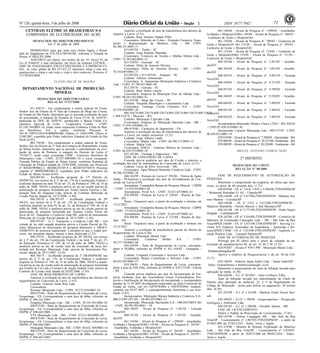 Nº 126, quinta-feira, 3 de julho de 2008 711 ISSN 1677-7042
CENTRAIS ELÉTRICAS BRASILEIRAS S/A
COMPANHIA DE ELETRICIDADE DO ACRE
<!ID1210481-0>
DESPACHOS DO DIRETOR-PRESIDENTE
Em 1o- de julho de 2008
HOMOLOGO, para que surta seus efeitos legais, o Resul-
tado de Julgamento da CPL/ELETROACRE, referente à Tomada de
Preços nº 002/CPL/2008;
ADJUDICO seu objeto, nos termos do art. 43, inciso VI, da
Lei nº 8.666/93 e suas alterações, em favor da empresa ETENGE -
EMP. DE ENGENHARIA EM ELETRICIDADE E COMÉRCIO LT-
DA., ao valor global de R$ 237.437,22 (duzentos trinta e sete mil,
quatrocentos e trinta e sete reais e vinte e dois centavos). Processo nº
131/PDAS/2008.
FLÁVIO DECAT DE MOURA
DEPARTAMENTO NACIONAL DE PRODUÇÃO
MINERAL
<!ID1213636-0>
DESPACHOS DO DIRETOR-GERAL
RELAÇÃO Nº127/2008
811.458/74 - Em cumprimento a ordem judicial do Exmo.
Senhor Juiz de Direito da 4ª Vara da Comarca de Mogi das Cruzes,
do Estado de São Paulo, determino que se proceda averbação do auto
de arrecadação, à margem da Portaria de Lavra nº110, de 16/05/91,
publicada no DOU de 20/05/91, pertencente a Massa Falida Co-
operativa Agrícola de Cotia - Cooperativa Central - CNPJ:
61.536.744/0001-10, tendo como requerente:Unibanco União de Ban-
cos Brasileiros S/A e outros, conforme Processo nº
361.01.1999.012014-0/000000-000, Ordem nº 1680/1999, Oficio nº
2108/2007, expedido pelo Poder Judiciário Estadual do Estado de São
Paulo.(6.85)
005.736/60 - Em cumprimento a ordem judicial do Exmo.
Senhor Juiz de Direito da 2ª Vara da Comarca de Brumadinho, Estado
de Minas Gerais, determino que se proceda o cancelamento da aver-
bação de autos de Penhora, à margem do Decreto de Lavra nº
79.436/77, tendo como executada: CBM - Consórcio Brasileiro de
Minerações Ltda - CNPJ: 22.427.090/0001-34 e como exequente:
Fazenda Pública do Estado de Minas Gerais, conforme Sentença de
Liberação de Penhora datada de 23/04/2008, referente aos Processos
nº 002403989862-2, 002406236785-9 e 002407547569-9, Processo
original nº 0090030003662-9, expedidos pelo Poder Judiciário do
Estado de Minas Gerais.(6.85)
864.001/04 - Acolhendo proposta do 17º Distrito do
DNPM/TO, nos termos do § 3º do art. 176 da Constituição Federal e
conforme disposto no item VI do art. 25, da Portaria nº 199, de 14 de
julho de 2006, NEGO a anuência prévia ao ato de cessão parcial de
autorização de pesquisa formulada por Airton Garcia Ferreira e Mi-
neração Vale do Araguaia Ltda, através de Contrato Particular de
Cessão Parcial datada de 14/12/2006. (1.94)
896.201/05 e 896.951/07 - Acolhendo proposta do 20º
DS/ES, nos termos do § 3º do art. 176 da Constituição Federal e
conforme disposto no item IV do art. 25, da Portaria nº 199, de 14 de
julho de 2006, NEGO a anuência prévia ao ato de cessão parcial de
autorização de pesquisa formulada por Antonio Carlos Vieira em
favor de GC Transporte e Comércio Ltda ME, através de Instrumento
Particular de Cessão Parcial datada de 29/11/2007. (1.94)
896.951/07 - G C Transporte e Comércio Ltda ME - Em
virtude de ter sido negada anuência prévia a Cessão Parcial de Di-
reitos Minerarios de autorização de pesquisa determino o ARQUI-
VAMENTO do processo supracitado. Considere-se que o citado pro-
cesso, em momento algum, onerou a área objetivada (1.55)
890.197/81 - Acolhendo proposta do 20º DS/ES, nos termos
do § 3º do art. 176 da Constituição Federal e no item 7º do art. 25,
da Instrução Normativa nº 199, de 14 de julho de 2006, NEGO a
anuência prévia ao ato de cessão total da concessão da lavra for-
mulada por Ricamar Mineração Ltda, através de Instrumento Par-
ticular datado de 29/11/2007. (4.22)
804.704/75 - Acolhendo proposta do 2º DS/DNPM/SP, nos
termos do § 3º do art. 176, da Constituição Federal e conforme
disposto na Portaria nº 199, de 14 de julho de 2006, NEGO a anuên-
cia prévia ao ato de cessão total de autorização de pesquisa formulada
por Gentile & Cia Ltda e Extrativa de Argila Taubaté Ltda, através de
Contrato de Cessão total datada de 02/01/2006. (1.93)
FASE DE REQUERIMENTO DE LAVRA
Autoriza a averbação de atos de transferência dos direitos do
requerimento de Concessão de Lavra. (1.67)
Cedente: Granitos Santa Rita Ltda
Cessionárias:
Ricamar Mineração Ltda - CNPJ: 39.272.828/0001-34
890.875/89 - Parte do Requerimento de Concessão de Lavra,
Ecoporanga - ES, Correspondente a uma área de 60ha, referente ao
DNPM nº 896.241/2005.
Progema Mineração Ltda - ME - CNPJ: 39.335.591/0001-93
890.875/89 - Parte do Requerimento de Concessão de Lavra,
Ecoporanga - ES, Correspondente a uma área de 60ha, referente ao
DNPM nº 896.665/2005.
VTS Mineração Ltda - ME - CNPJ: 07.612.802/0001-00
890.875/89 - Parte do Requerimento de Concessão de Lavra,
Ecoporanga - ES, Correspondente a uma área de 60ha, referente ao
DNPM nº 896.666/2005.
Minasgran Mineração Ltda - ME - CNPJ: 05.652..950/0001-14
890.875/89 - Parte do Requerimento de Concessão de Lavra,
Ecoporanga - ES, Correspondente a uma área de 60ha, referente ao
DNPM nº 896.667/2005.
Autorizo a averbação de atos de transferência dos direitos de
requerer a Lavra. (3.31)
Cedente: Raul Antonio Dadam Filho
Cessionário: Ribeirão do Cobre - Extração Comércio Trans-
portes e Representação de Minérios Ltda - ME CNPJ:
04.300.231/0001-71
815.047/02 - Timbó - SC
Cedente: Jorge Roberto Maranho
Cessionária: Comércio de Tecidos e Malhas Dehon Ltda -
CNPJ: 72.385.602/0001-15
815.338/05 - Gravatal - SC
Cedente: Otilia de Amorim Silveira
Cessionária: Otilia de Amorim Silveira - ME - CNPJ:
76.354.695/0001-71
815.052/05 e 815.053/05 - Araquari - SC
Cedente: Antonio Annunciato
Cessionária: A. Annunciato Mineração Indústria e Comércio
Ltda - CNPJ: 47.799.051/0001-99
813.250/76 - Gravata - SC
Cedente: Raul Ardito Lerario
Cessionária: Empresa de Mineração Fiori do Taboão Ltda -
CNPJ: 00.265.541/0001-41
821.832/98 - Mogi das Cruzes - SP
Cedente: Varginha Mineração e Loteamentos Ltda
Cessionária: Camargo Corrêa Cimentos S/A - CNPJ:
62.258.884/0001-36
809.264/74,809.320/74,809.528/74,809.529/74,809.530/74,809.531/74
e 809.534/74 - Mossoró - RN
Cedente: Mineração Capixaba Ltda
Cessionária: Empresa de Mineração Barrinha Ltda - ME -
CNPJ: 27.076.439/0001-54
896.419/00 - Cachoeiro de Itapemirim - ES
Autorizo a averbação de atos de transferência dos direitos de
requerer a Lavra, em cadeia sucessória. (3.31)
Cedente: Jorge Alberto Lauth.
Cessionária: Majita Ltda - CNPJ: 66.390.311/0001-12
Cedente: Majita Ltda
Cessionária: EMGA - Empresa Mineira de Granitos Ltda -
CNPJ: 86.430.535/0001-18
832.103/86 - Formiga e Itapecerica - MG
FASE DE CONCESSÃO DE LAVRA
Concede previa anuência aos atos de Cessão e autorizo a
averbação dos atos de transferência de Concessão de Lavra. (4.51)
Cedente: Lúcia da Silva Arcoverde - ME
Cessionária: Água Mineral Dumonte Comércio Ltda - CNPJ:
09.296.325/0001-38
840.142/99 - Portaria de Lavra nº 392/06 - Vitória de Santo
Antão - PEAutorizo a averbação dos atos de Arrendamento de Con-
cessão de Lavra.(4.49)
Arrendante: Companhia Baiana de Pesquisa Mineral - CBPM
- CNPJ: 13.554.910/0001-20
Arrendatária: Peval S.A - CNPJ: 32.631.657/0001-43
870.398/89 - Portaria de Lavra nº 226/05 - Riacho de San-
tana - BA
Prazo: 15(quinze) anos, a partir da averbação e término em
13/12/2021
Arrendante: Companhia Baiana de Pesquisa Mineral - CBPM
- CNPJ: 13.554.910/0001-20
Arrendatária: Peval S.A - CNPJ: 32.631.657/0001-43
870.388/89 - Portaria de Lavra nº 237/04 - Riacho de San-
tana - BA
Prazo: 15(quinze) anos, a partir da averbação e término em
13/12/2021
Autorizo a averbação de transferência parcial do Direito de
Requerimento de Lavra.(5.66)
Cedente: Mineração Baruel Ltda
Cessionária: Cerâmica Stefani S/A - CNPJ:
50.377.159/0001-06
820.249/89 - Parte do Requerimento de Lavra, correspon-
dente a 30,00ha, referente ao DNPM nº 821.164/02 - Guatapará -
SP
Cedente: Conpasul Construção e Serviços Ltda
Cessionária: Bripac Construção e Serviços Ltda - CNPJ:
04.853.691/0001-27
810.108/91 - Parte do Requerimento de Lavra, correspon-
dente a área de 928,33ha, referente ao DNPM nº 810.372/08 - Estrela
- RS
Concede prévia anuência aos atos de Incorporação de Em-
presa, mediante Atas das Assembléias Gerais Extraordinárias Pro-
tocolo e Justificação de Incorporação da incorporada, e incorporadora
datadas de 31.05.2007 devidamente arquivadas na Junta Comercial do
Estado de Goiás, sob nºs 52070785686 e 52070785694, respecti-
vamente em 03.07.2007, e conseqüentemente determina a sua aver-
bação (2.81).
Incorporadora: Mineração Maracá Indústria e Comércio S.A-
000.219/94 (P.E.M) - 86.902.053/0001-13
Incorporada: Mineração Bacilandia S.A - 960.043/94(P.E.M)
- CNPJ: 86.993.995/0001 - 54
860.140/02 - Alvará de Pesquisa nº. 1.562/02 - Fazenda
Nova/GO
860.141/02 - Alvará de Pesquisa nº. 1.563/02 - Israelân-
dia/GO
861.144/04 - Alvará de Pesquisa nº. 1.098/05 - Israelândia,
Ivolândia e Moiporá/GO861.145/04 - Alvará de Pesquisa nº. 563/05 -
Israelândia, Ivolândia e Moiporá/GO
861.146/04 - Alvará de Pesquisa nº. 564/05 - Israelândia,
Ivolândia e Moiporá/GO861.147/04 - Alvará de Pesquisa nº. 565/05 -
Israelândia, Ivolândia e Moiporá/GO
861.148/04 - Alvará de Pesquisa nº. 1.099/05 - Israelândia,
Ivolândia e Moiporá/GO861.149/04 - Alvará de Pesquisa nº. 566/05 -
Cachoeira de Goiás e Moiporá/GO
861.150/04 - Alvará de Pesquisa nº. 708/05 - Cachoeira de
Goiás e Moiporá/GO 861.151/04 - Alvará de Pesquisa nº. 709/05 -
Cachoeira de Goiás e Moiporá/GO
861.152/04 - Alvará de Pesquisa nº. 710/05 - Cachoeira de
Goiás e Moiporá/GO861.153/04 - Alvará de Pesquisa nº. 711/05 -
Cachoeira de Goiás e Moiporá/GO
860.783/04 - Alvará de Pesquisa nº. 2.267/05 - Israelân-
dia/GO
860.784/04 - Alvará de Pesquisa nº. 1.061/05 - Israelân-
dia/GO
860.382/03 - Alvará de Pesquisa nº. 4.891/03 - Fazenda
Nova/GO
860.540/03 - Alvará de Pesquisa nº. 8.513/03 - Fazenda
Nova/GO
860.957/03 - Alvará de Pesquisa nº. 9.789/03 - Fazenda
Nova/GO
860.348/05 - Alvará de Pesquisa nº. 9.320/05 - Israelân-
dia/GO
860.666/05 - Alvará de Pesquisa nº. 7.896/05 - Fazenda
Nova/GO
860.041/05 - Alvará de Pesquisa nº. 3.404/05 - Fazenda
Nova/GO
860.042/05 - Alvará de Pesquisa nº. 3.405/05 - Fazenda
Nova/GO
Incorporadora:Mineração Montes Claros LTDA - 001.456/05
- CNPJ:07.458.419/0001-30
Incorporada: Cajueiro Mineração Ltda - 000.537/05 - CNPJ:
06.926.021/0001-19
870.919/88 - Alvará de Pesquisa n° 7.588/03 - Queimadas - BA
870.908/99 - Alvará de Pesquisa n° 20.237/00- Nordestina - BA
870.909/99 - Alvará de Pesquisa n° 20.238/00 - Nordestina - BA
MIGUEL ANTONIO CEDRAZ NERY
2o- DISTRITO
<!ID1213509-0>
DESPACHOS DO CHEFE
RELAÇÃO Nº 80/2008
FASE DE REQUERIMENTO DE AUTORIZAÇÃO DE
PESQUISA
Determino o cumprimento da exigência, do ofício que men-
ciona, no prazo de 60 sessenta dias. (1.31)
820.030/08 - Of. nº 3.818, 3.819 e 3.820/08-2ºDS/DNPM/SP
- Mohamad Ramadan El Ali - Ubatuba/SP
820.146/08 - Of. nº 3.817/08-2ºDS/DNPM/SP - Matheus Sal-
men Martins - Cruzália/SP
820.148/08 - Of. nº 3.812 e 3.813/08-2ºDS/DNPM/SP -
Mauricio Brambilla - Pereira Barreto e Sud Mennucci/SP
820.161/08 - Of. nº 3.771/08-2ºDS/DNPM/SP - Paulo Sérgio
Delgado - Cafelândia/SP
820.162/08 - Of. nº 3.816/08-2ºDS/DNPM/SP - Comércio de
Materiais de Construção Ciancaglio Ltda. - ME - São João da Boa
Vista/SP820.168/08 - Of. nº 3.815/08-2ºDS/DNPM/SP - Serveng Ci-
vilsan S/A Empresa Associadas de Engenharia - Aparecida e Ro-
seira/SP820.176/08 - Of. nº 3.814/08-2ºDS/DNPM/SP - Argileira La-
ranjal Paulista Ltda. - Laranjal Paulista/SP
FASE DE AUTORIZAÇÃO DE PESQUISA
Prorrogo por 02 (dois) anos o prazo de validade da au-
torização de pesquisa/inciso III, do art. 22 do C.M. (3.25)
820.978/87 - Alvará nº 970/1.998 - Mineração Baruel Ltda. -
Pindamonhangaba/SP
Aprovo o relatório de Pesquisa/inciso I, do art. 30 do CM.
(3.17)
820.146/05 - Pedreira Santa Isabel Ltda. - Santa Isabel/SP -
Subst: Granito(brita) e Saibro(construção civil)
Determino o arquivamento do Auto de Infração lavrado para
aplicação de multa. (2.30)
820.628/96 - A.I. nº 023/067 - Gino Corbucci Filho
Auto de Infração lavrado por determinação do Chefe do
Distrito para aplicação de multa/art. 22, § 1º do Regulamento do
Código de Mineração - prazo para defesa ou pagamento: 30 (trinta)
dias. (6.38)
821.225/98 - A.I. nº 1.216/08 - Marlene Farah Nasser Bus-
sab
820.340/03 - A.I.nº 1.199/08 - Geoprospection - Prospecção
Geológica e Ambiental Ltda.
820.585/03 - A.I. nº 1.200/08 - Osvaldir Santon - ME
FASE DE LICENCIAMENTO
Defere o Pedido de Renovação do Licenciamento. (7.42)
820.145/98 - Nelson Ciangaglio ME - São João da Boa
Vista/SP - Licenciamento nº 2.807/03-2ºDS/DNPM/SP , a partir de
01/06/2.008 até 27/02/2.010 - Subst: Areia e Argila
821.519/00 - Moretto & Moretto Exploração de Minérios
Ltda. - São João da Boa Vista/SP - Licenciamento nº 2.910/05-
2ºDS/DNPM/SP, a partir de 28/07/2.008 até 08/05/2.010 - Subst.:
Areia e Argila
 