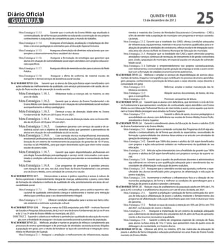 Diário Oficial
 GuAruJÁ
                                                                                                                                         QuINtA-fEIrA
                                                                                                                                  13 de dezembro de 2012
                                                                                                                                                                                        25
        Meta Estratégica 1.15.3.       Garantir que o currículo do Ensino Médio seja atualizado e                 mentos e materiais dos Centros de Atividades Educacionais e Comunitárias – CAECs,
            contextualizado, de tal forma que possibilite ao educando a construção do seu próprio                 a im de atender toda a população do município com programas e serviços socioedu-
            conhecimento e a aquisição de competências para o mundo do trabalho.                                  cacionais.
                                                                                                             Meta Estratégica 2.1.2. Garantir que a totalidade dos CAECs ofereça condições adequadas
        Meta Estratégica 1.15.4.      Assegurar a formulação, atualização e implantação de dire-
                                                                                                                  de infraestrutura, equipamentos, materiais e recursos humanos qualiicados para a re-
            trizes e recursos pedagógicos orientados para a Educação Especial Inclusiva.
                                                                                                                  alização de projetos e atividades de contraturno, reforço escolar e de integração socio-
        Meta Estratégica 1.15.5.   Assegurar a formulação de diretrizes educacionais que con-                     educativa dos alunos da Rede do Sistema Municipal de Educação do município.
            templem o desenvolvimento físico saudável dos alunos.                                            Meta Estratégica 2.1.3. Assegurar que na totalidade dos CAECs sejam oferecidos projetos,
        Meta Estratégica 1.15.6.      Assegurar a formulação de estratégias que garantam que                      atividades e serviços contínuos de recreação, de treinamento e de gestão comunitária
            alunos em situação de vulnerabilidade social sejam atendidos com projetos educacio-                   para a toda a população do município, em especial aquelas em situação de vulnerabi-
            nais especíicos.                                                                                      lidade social.
                                                                                                             Meta Estratégica 2.1.4. Estimular o empreendedorismo nos projetos socioeducacionais,
        Meta Estratégica 1.15.7.        Assegurar oferta de merenda escolar para os alunos da Rede                com treinamentos à comunidade visando geração de emprego e renda e assim contri-
            Pública.                                                                                              buir com a formação de cidadãos economicamente autônomos.
        Meta Estratégica 1.15.8.      Assegurar a oferta de uniforme, de material escolar, de          MACROOBJETIVO 2.2. Melhorar e ampliar os serviços de disponibilização de acervos docu-
            transporte e demais serviços de assistência social escolar.                                   mentais de textos, imagens e iconográicos que contribuam no processo de ensino aprendiza-
                                                                                                          gem, pesquisa, conhecimento e promoção da leitura para o corpo docente, corpo discente e
 MACROOBJETIVO 1.16. Garantir que os alunos da Educação Básica sejam beneiciados com                      comunidade em geral.
    ações voltadas ao melhoramento da qualidade, com serviços psicossociais e de saúde, de cor-              Meta Estratégica 2.2.1.                   Reformar, ampliar e realizar manutenção das bi-
    reção do luxo escolar e de prevenção à evasão escolar.                                                        bliotecas escolares.
        Meta Estratégica 1.16.1.             Alfabetizar todas as crianças até, no máximo, os oito           Meta Estratégica 2.2.2.                   Adquirir acervos documentais, de textos, de ima-
              anos de idade.                                                                                      gens e iconográicos.
                                                                                                             Meta Estratégica 2.2.3.                   Promover campanhas de leitura.
        Meta Estratégica 1.16.2.           Garantir que os alunos do Ensino Fundamental e do           MACROOBJETIVO 2.3. Garantir que os alunos com deiciência, que terminem o ciclo de Ensi-
              Ensino Médio com baixo rendimento e em situação de vulnerabilidade social recebam           no Fundamental e que apresentem condições de continuidade, sejam atendidos com Ensino
              acompanhamento e reforço pedagógico.                                                        Médio ou com Educação Proissional Técnica de nível médio, e assim, como aqueles que termi-
        Meta Estratégica 1.16.3.          Diminuir a taxa de distorção idade-série no Ensino              nem o Ensino Médio prossigam seus estudos no Ensino Superior.
              Fundamental de 14,8% em 2010 para 5% em 2021.                                                  Meta Estratégica 2.3.1.                   Garantir a oferta de apoio, recursos pedagógicos e
                                                                                                                  acessibilidade aos alunos com deiciência nas escolas de Ensino Médio, Ensino Prois-
        Meta Estratégica 1.16.4.           Diminuir a taxa de distorção idade-série no Ensino Mé-                 sionalizante e Ensino Superior.
              dio de 24,5% em 2010 para 14% em 2021.                                                   MACROOBJETIVO 2.4. Garantir o atendimento pleno da Educação de Jovens e adultos (EJA)
        Meta Estratégica 1.16.5.           Estabelecer parcerias com serviços de saúde e de as-           do Ensino Fundamental e do Ensino Médio.
           sistência social com o objetivo de desenhar ações que garantam a permanência de                   Meta Estratégica 2.4.1. Garantir que o conteúdo curricular dos Programas da EJA seja atu-
           alunos em situação de vulnerabilidade social na escola.                                                alizado e contextualizado, de tal forma que atenda às expectativas, necessidades de
        Meta Estratégica 1.16.6.           Criar comissão técnica multiproissional, intersetorial,                formação e potencialidades das distintas faixas etárias e se articule com atividades de
           envolvendo proissionais das Secretarias de Educação, Saúde e Serviço Social, para ela-                 geração de emprego e renda
           boração de um sistema de monitoramento da população de gestantes de 10-19 anos,                   Meta Estratégica 2.4.2. Garantir que 100% dos jovens e adultos da EJA sejam beneiciados
           inscritas no SIS-PRENATAL, para que sejam desenhadas ações que visem evitar evasão                     com projetos e ações educacionais voltados ao melhoramento da qualidade de sua
           escolar de jovens mães.                                                                                educação.
                                                                                                             Meta Estratégica 2.4.3. Articular ações intersetoriais com a inalidade de garantir que 100%
        Meta Estratégica 1.16.7.              Garantir que sejam disponibilizados proissionais em
                                                                                                                  de jovens e adultos da EJA sejam beneiciados com projetos e serviços de suporte so-
              psicologia, fonoaudiologia, psicopedagogia e serviço social, concursados e em quan-
                                                                                                                  cial.
              tidade e condições suicientes de remuneração para atender as necessidades da Rede
                                                                                                             Meta Estratégica 2.4.4. Garantir que o quadro de proissionais docentes e administrativos
              Escolar.
                                                                                                                  seja suiciente em número e com qualiicação adequada para o atendimento das ne-
        Meta Estratégica 1.16.8.            Criar programas de prevenção à gravidez precoce,                      cessidades de alfabetização e educação de jovens e adultos.
              com duração de um ano, nos dois anos inais do Ensino Fundamental e no primeiro                 Meta Estratégica 2.4.5. Assegurar que o calendário escolar seja ajustado, conforme a espe-
              ano do Ensino Médio, como atividade de contraturno escolar.                                         ciicidade dos alunos beneiciados pelos programas de alfabetização e educação de
                                                                                                                  jovens e adultos.
 MACROOBJETIVO 1.17.           Democratizar o acesso à prática esportiva e acesso à cultura de
                                                                                                             Meta Estratégica 2.4.6. Incrementar e melhorar a infraestrutura física e a dotação de ins-
    forma a promover o desenvolvimento integral de crianças, adolescentes e jovens, como fator
                                                                                                                  trumentos pedagógicos, de forma a melhorar as condições de aprendizagem para a
    de formação da cidadania e melhoria da qualidade de vida, prioritariamente em áreas de vul-
                                                                                                                  formação de jovens e adultos e atender a demanda.
    nerabilidade social.
                                                                                                       MACROOBJETIVO 2.5. Reduzir a taxa de analfabetismo da população adulta em 50% (de 5,1%
        Meta Estratégica 1.17.1.    Oferecer condições adequadas para a prática esportiva edu-            para 2,5%) e erradicar o analfabetismo de jovens com até 30 anos de idade, até 2021.
            cacional de qualidade, estimulando crianças e adolescentes a manter uma interação                Meta Estratégica 2.5.1. Garantir a ampliação e prestação de forma continuada dos servi-
            efetiva que contribua para o seu desenvolvimento integral.                                            ços de educação e alfabetização de jovens e adultos, mediante o fortalecimento dos
        Meta Estratégica 1.17.2.      Oferecer condições adequadas para o acesso aos bens cultu-                  programas de alfabetização e educação desenhados para este nível, inclusive por meio
            rais existentes e estimular a produção cultural.                                                      de parcerias.
                                                                                                             Meta Estratégica 2.5.2. Reduzir as taxas de evasão e retenção em 50% até 2016 e em 75%
 MACROOBJETIVO 1.18.            Atingir as metas do IDEB, estipuladas pelo INEP – Instituto Nacional              até 2021, na Educação de Jovens e Adultos.
    de Estudos e Pesquisas Educacionais, de 6,3 no 5º ano do Ensino Fundamental; de 5,6 no 9º ano            Meta Estratégica 2.5.3. Assegurar a implantação de um sistema de avaliação adequado
    e de 5,1 na 3ª série do Ensino Médio no município, até 2021.                                                  para o aferimento do desempenho dos estudantes da EJA, além do luxo de aproveita-
  DIRETRIZ 2. Expandir a cobertura e melhorar a pertinência e qualidade da educação do municí-                    mento e dos insumos necessários à qualidade.
      pio, com a inalidade de assegurar a inclusão socioeducacional e produtiva da população.                Meta Estratégica 2.5.4. Garantir a oferta de programas especiais de correção de luxo,
 MACROOBJETIVO 2.1. Melhorar, ampliar e manter os projetos de reforço e complemento aos                           para alunos na faixa etária de 14 a 17 anos, que apresentem mais de quatro anos de
    processos de ensino-aprendizagem e de promoção de atividades socioeducacionais dirigidos                      defasagem de escolaridade, em horário diurno.
    à população em geral, com o intuito de fortalecer os laços de convivência e integração comu-       MACROOBJETIVO 2.6. Oferecer até 2016, no mínimo, 25% das matrículas da educação de
    nitária no Município de Guarujá.                                                                      jovens e adultos de forma integrada à educação proissional nos anos inais do Ensino Funda-
       Meta Estratégica 2.1.1. Assegurar a ampliação e melhoramento da infraestrutura, equipa-            mental e do Ensino Médio.
 