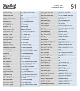 Diário Oficial
 GuAruJÁ
                                                                                                                          QuINtA-fEIrA
                                                                                                                      13 de dezembro de 2012
                                                                                                                                                                       51
Gildete Santana Barreto             E.M. Dr. Napoleão Rodrigues Laureano               Maria do Rosário B.N. Bartolotto            E.M. Profª Dirce Valério Gracia
Gilvanete Santos de Mello           E.M. Dr. Napoleão Rodrigues Laureano               Maria Inês Martin Dupetil                   E.M. Maria Eunice da Cruz
Giselda Mª Rosinha Prado            SEDUC                                              Maria Simone dos Santos Lavor               E. M. Profª Jacirema dos Santos Fontes
                                    Grêmio Estudantil - ETEC Alberto Santos Du-        Madalena Martins                            E.M. Sergio Pereira Rodrigues
Guilherme Teixeira de Almeida       mont
                                                                                       Madalena Terçanel                           E.M. José de Souza
Helvio Moreno                       E.M. Primeiro de Maio
                                                                                       Magali Gampar Lorenço                       E.M. Lucimara de Jesus Vicente
Iara Cardoso S. Costa               E.M. Dr. Ernesto Ferreira Sobrinho
                                                                                       Magna Cristina dos S. A. Gracia             E.M. Profª Dirce Valério Gracia
Ilma Jacinto da Rocha               SEDUC
                                                                                       Maíra Garcia Malagutt                       PMG - Agenda 21
Ilza Benedita Domingues             E.M. Angelina Daige
                                                                                       Mara Denise da Silva                        E.M. Mario de Cerqueira Leite Filho
Ilza de Fatima S. Silva             NEIM Marina Daige
Isabel A. O. Kiubara                E.M. Angelina Daige                                Marce Norma                                 E.M. Presidente Franklin Delano Roosevelt
Ivaneide Francisca de Araújo        NEIM José Antonio Ferranti                         Márcia Cristina Veiga de Souza              E.M. Maria Eunice da Cruz
Ivanilda Lopes dos Santos           E.M. Verereador Francisco Figueiredo               Márcia Fernandes Rocha                      E.M. Primeiro de Maio
Ivonete dos Santos                  E.M. Vicentina Lamas do Valle                      Marcia Regina Messina Fabris                NEIM José Antonio Ferranti
Izildinha de F. M. Souza            E.M. Dr. Oswaldo Cruz II                           Marco Antonio dos Santos                    Coordenação de área
Jane Neyva G. Liberal               E.M. Adelaide Fernandes                            Marell Vale                                 Faculdade Don Domênico
Janete Santos de Almeida            E.M. Guilherme Furlani Jr.                         Margareth P. Canudo                         Creche Criança
Jeová Queiroz Bezerra               E.M. Primeiro de Maio                              Margareth Pereira                           CECON Joana Darc
Jéssica Ap. Santana                 Faculdade Don Domênico                             Maria Aparecida Andrade de Oliveira         E.M. Vereador Afonso Nunes
João da Costa Santos                E.M. José de Souza                                 Maria Aparecida dos S. Santos               E.M. Presidente Franklin Delano Roosevelt
João Olímpio Alves Neto             E.M. Benedita Blac Gonzalez                        Maria Aparecida D. Moraes                   E.M. Mario de Cerqueira Leite Filho
José Valdemir do Nascimento         E.M. Profª Lucia Flora dos Santos                  Maria Aparecida dos S. Batista              E.M. Vereador Ernesto Pereira
Jose Wellington Silva dos Santos    E.M. Benedicta Blac Gonsalez                       Maria Cristina da Silva Oliveira            E.M. Dr. Napoleão Rodrigues Laureano
Josefa Clara do C. Silva            E.M. Vicentina Lamas do Valle                      Maria Eunice A. Lima                        CECAP
                                    E.M. Profª Myriam Terezinha Wichroski Mill-        Maria Ivonalda Pereira Dias                 E.M. Sérgio Pereira Rodrigues
Josefa Souza dos Santos             bourn
                                                                                       Maria Jacinta F. de Sá                      CAEC Cornélio da Conceição Pacheco
Juliana M. Dias                     E.M. Catarina de Oliveira Salgado
                                                                                       Maria José dos Santos                       E.M. Prof. Guilherme Furlani Jr.
Junilde Vieira dos Anjos            E.M. João de Oliveira
                                                                                       Maria Lucia de Oliveira Marques             E.M. Prof. Antonio Ferreira de Almeida Jr.
Karen Tay                           Faculdade Don Domênico
                                                                                       Maria U.F Lima Barbosa                      CAE
Katia Mara Moraes                   E.M. Dr. Oswaldo Cruz II
                                                                                       Maria Valdinete da Silva                    E.M. Lucimara de Jesus Vicente
Keila Benute                        E.M. Vereador Francisco Figuereido
                                                                                       Maria Vilaécia F. L. Barbosa                CAE
Keith S. S. de Almeida              E.M. Profª Maria Aparecida Ramos Camargo
                                                                                       Marileide Goves da Silva                    E.M. Hermínia Neves Vitiello
Lilian A. Lanza                     E.M. Profª Jacirema dos Santos Fontes
                                                                                       Mariselma Oliveira da Silva                 NEIM Ambrozina Rosa da Conceição
Lilian Inês da Costa Pinho          E.M. Profª Dirce Valério Gracia
                                                                                       Maurilio Jose de Barros                     E.M. Dr. Gladston Jafet
Luciana Vila Nova                   E.M. Profª Ivonete da Silva Câmara
                                                                                       Miriam Muniz Farias                         E.M. Paulo Freire
Luciana da Silva Póvoas             E.M. Profª Maria Aparecida Ramos Camargo
                                                                                       Mônica Vasques Ivachesk                     E.M. Lucimara de Jesus Vicente
Luciano dos Santos                  E.M. Primeiro de Maio
                                                                                       Nanay Aparecida Laserra                     E.M. Hebert Henry Dow
Lucinéia dos Santos Panta           E.M. Dr. Ernesto Ferreira Sobrinho
                                                                                       Nanci Menesses Vusa                         CAEC Isabel Ortega de Souza
Luiz Charbel                        SEGOV
                                                                                       Neide Aparecida Jorge dos Santos            E.M. Profª Maria Aparecida de Araújo
Luiz Paulo Neves Nunes              E.M. Profª Maria Aparecida Ramos Camargo
                                                                                       Neila Suely S. de Assis                     E.M. Profª Lucia Flora dos Santos
Maria Amélia de S. Cruz             E.M. Profª Valéria Cristina Vieira da Cruz Silva
                                                                                       Nelson Harder                               E.M. Profª Valéria Cristina Vieira da Cruz Silva
Maria Angélica Nunes R. Silva       PMG / SEDUC
                                                                                       Nilcéia O. F. Morone dos Santos             E.M. Herbert Henry Dow
Maria Angélica R. Santos            E.M. Vicentina Lamas do Valle
                                                                                       Nilda de Oliveira Fontes                    E.M. Mario de Cerqueira Leito Filho
Maria Aparecida dos S. F. Freitas   E.M. Profª Magdalena Maria Cardos Lourenço
                                                                                       Nina Fátima M. D. Diniz                     E.M. Profª Dirce Valério Gracia
Maria Aparecida Andrade             E.M. Vereador Afonso Nunes
                                                                                       Noeli Rodrigues Azevedo da Silva            E.M. Augusto Antunes Corrêa
Maria Celeste D. Delgado            E.M. Profª Maria Aparecida Ramos Camargo
                                                                                       Nubia Xavier da Ritor                       E.M. Constantino Michaello Conde
Maria de Lourdes C.D. Oliveira      SEDUC
 