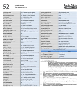 52                            QuINtA-fEIrA
                              13 de dezembro de 2012
                                                                                                                                                           Diário Oficial
                                                                                                                                                            GuAruJÁ
Patricia A. M. Figlioli                  E.M. Dr. Napoleão Rodrigues Laureano                Simone Podgae Bekerman                         E.M. Herminia Neves Vitiello
Patricia da Costa Castro                 E.M. Profª Jacirema dos Santos Fontes               Solange P. de Andrade                          E.M. Constantino Michaello Conde
Patrícia O. Guerra Fagundes              E.M. Antonieta do Espírito Santo Silva              Soraia Maria Azevedo Marques                   SESAU
Patricia S. Braz                         E.M. Vereador Ernesto Pereira                       Soraia O. Guedes Ribeiro                       SEDUC
Patrícia Santos da Costa                 E.M. Prof. João de Oliveira                         Soraya Saadeh                                  E.M. Primeiro de Maio
Paula Izolina Cespedes                   E.M. Prof. Benedito Claudio da Silva                Sueli Silva Souza                              E.M. Hermínia Neves Vitiello
Paulo Aram Don Franco                    Rep. Os Pais (E. Philomena)                         Suely Mariana Vascoucelos                      E.M. Vereador Francisco Figueiredo
Paulo Sergio Mauri                       Hotel Palmar                                        Soraia de Bitencourt                           E. M. Profª Magdalena Maria Cardoso Lourenço
Petra Luiza R. Nunes                     E.M. Ivonete da Silva Câmara                        Suzete Gonçalves de O. Siqueira                NEIM Sara Bazoglian
Regina Bezerra Marques                   E.M. Paulo Freire                                   Tania Aparecida. B. Silva                      E.M. Pastor Samuel Franco de Menezes
Regina Celia A. Oliveira                 E.M. Profª Maria Aparecida Ramos Camargo            Tania Mara N. Mesquita                         E.M. Catarina de Oliveira Salgado
Regina Claudia Rodrigues Herrera         SEDUC (PROE)                                        Tania Maria Azevedo Marques                    SEDUC
Renata Alves Gonçalves                   Projeto SEDUC / E.M. Profª Dirce Valério Gracia     Tatiana Dip Roni Moraes                        E.M. Adelaide Fernandes
Renata Ligia de A. Alves                 CAE                                                 Teresinha Vila Nova Pridencia                  E.M. Prof. Antonio Ferreira de Almeida Jr.
Renata Ramos Vieira                      AGM                                                 Terezinha P. da S. Alves                       E.M. Profª Dirce Valério Gracia
Ricardo J.L. Degaspari                   E.M. Primeiro de Maio                               Thaís Helena Sá Coelho                         E.M. Vereador Francisco Figueiredo
                                         E.M. Profª Myriam Terezinha Wichroski Mill-         Tonia Souza Santos                             E.M. Profª Jacirema dos Santos Fontes
Rita de Cássia de Oliveira               bourn
                                                                                             Umbelina D. N. Silva                           SEDUC
Rita de Cássia Dunes Gambero             E.M. Profª Dirce Valério Gracia
                                                                                             Vilma Maria de Almeida                         CAEC André Luiz Gonzalez
Rita Maria de Freitas                    CACAP
                                                                                             Virginia Cabral Rodrigues                      E.M. Lucimara de Jesus Vicente
                                                                                             Walter Fernades Sório                          E.M. Profª Dirce Valério Gracia
Roberto Curi                             Pres. Conselho Municipal da Pesca
                                                                                             Yara Suely da Silva Pitombeira                 E.M. Maria Regina Teixeira dos Santos Claro
Roberto G. Uwortini                      E.M. Profª Maria Aparecida de Araújo
                                                                                             Zilma Maria da Silva                           NEIM Marina Daige
Rogeria Santos de Lima                   E.M. Profª Ivonete da Silva Câmara
                                                                                                                              Equipe de Strategia Consultores
Rosa Maria Baptista                      E.M. Mario de Cerqueira Leite Filho
                                                                                                                 NOME                                                CARGO
Rosana de A. Garrido                     Anexo E.M. Profª Philomena Cardoso de Oliveira
                                                                                             Aristogiton Moura                                Diretor Presidente
Roselane dos Stos Afonso Paixão          E.M. Paulo Freire
                                                                                             Luis Carlos Burbano Zambrano                     Diretor Técnico
Roseli Ferreira                          E.M. Prof. Benedito Claudio da Silva
                                                                                             Gloria Patricia Ramírez Gálvis                   Consultora
Rosemeire T. T. da Silveira              E.M. Profª Ivonete da Silva Câmara
                                                                                             Fernando Antônio Paula Nacif                     Consultor
Rosemery P. da Silva Santos              E.M. Profª Lucia Flora dos Santos
Roseni Lima da Cruz                      NEIM Marina Daige                                       •	 Metodologia de trabalho
                                                                                            Direcionalidade estratégica de longo prazo
                                         E.M. Profª Myriam Terezinha Wichroski Mill-
                                                                                                                Para cumprir com seu propósito, a formulação da direcionalidade estratégica
Rosimary Pereira Cavalcante              bourn
                                                                                                                de longo prazo se alimenta dos desenvolvimentos metodológicos do plane-
Rosimeri Bastos L. da Silva              SIPROEM                                                                jamento prospectivo, os quais permitem explorar de forma criativa os possí-
                                                                                                                veis cenários do desenvolvimento da educação do município no longo prazo
Rosineide Bispo da Silva                 E.M. Presidente Franklin Delano Rosevelt
                                                                                                                e identiicar e selecionar os grandes desaios que devem ser enfrentados, hoje,
Ruth da Conceição Silva                  E.M. Paulo Freire                                                      para caminhar na direção desejada.
                                                                                                                Esta abordagem prospectiva implica analisar alguns elementos essenciais para
Sandra Carneiro                          E.M. Profª Dirce Valério Gracia
                                                                                                                o estudo da educação em Guarujá nos próximos anos:
Sandra Maria C. dos Santos               E.M. Profª Dirce Valério Gracia                    a)    Deinir o propósito central e o alcance do processo da direcionalidade estratégica de longo
                                                                                                  prazo;
Sandra Passos                            E.M. Cônego Domênico Rangoni
                                                                                            b)    Deinir a pergunta central que orientará o desenho da direcionalidade estratégica;
Sandra Regina Cardoso                    E.M. Prof. Antonio Ferreira de Almeida Jr.         c)    Identiicar e analisar as forças motrizes e as grandes tendências que veêm se apresentando
Semíramis R.G.Bogner                     E.M. Primeiro de Maio                                    na educação no Brasil e no mundo, em geral, junto com suas implicações no desenvolvimen-
                                                                                                  to da educação do município;
Shirley Araujo                           E.M. Dr. Napoleão Rodrigues Laureano               d)    Deinir os valores e princípios que fundamentarão o PME 2012-2021;
Sidnéia Silva                            E.M. Profª Dirce Valério Gracia                    e)    Construir uma situação melhor para os guarujaenses, expressa numa visão de longo prazo
                                                                                                  desejada, ou nas aspirações mais transcendentais deinidas pela imagem-objetivo, tendo
Silvia C. Brazolin                       E.M. Vereador Ary da Silva Souza                         em vista adequar a educação em Guarujá, de acordo com as exigências atuais e os potenciais
Silvio Benedito Barbosa                  CAE                                                      futuros;
                                                                                            f)    Deinir a missão institucional do PME 2012-2021;
Silvio Ruino                             E.M. Profª Maria Aparecida de Araújo               g)    Desenhar os cenários alternativos que podem se apresentar e identiicar as oportunidades e
Simone Pereira dos Santos                E.M. Profª Valéria Cristina Vieira da Cruz Silva         ameaças que geram os distintos cenários explorados;
 