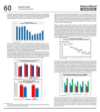 60                              QuINtA-fEIrA
                                13 de dezembro de 2012
                                                                                                                                                                                                             Diário Oficial
                                                                                                                                                                                                              GuAruJÁ
Ao analisar o comportamento da matrícula no período 2001-2011, observa-se que até 2004 se                                Por outro lado, a taxa de abandono em 2010 foi de 15,1%, o que signiica que dos 11.601
mantém na ordem de 13 mil alunos, mas começa a cair progressivamente a partir de 2005 até                                matriculados nesse mesmo ano, aproximadamente 1.750 jovens não concluirão o Ensino
atingir o valor mais baixo em 2007, com 11.083 estudantes matriculados em Ensino Médio. Mas                              Médio. A situação é mais preocupante para os estudantes da 1ª série deste nível de Ensino,
no período 2008-2011 a matrícula começa a melhorar, com um aumento de 8,7%.                                              pois são os que mais abandonam a escola e têm maior nível de reprovação, em compara-
                                                                                                                         ção com os alunos da 2ª e 3ª série que apresentam taxas bem mais baixas. Para a 1ª série,
                                                                                                                         em 2010 a taxa de abandono foi de 5,5% e a taxa de reprovação 19,7%, enquanto em 2009,
                                                      Guarujá
                                                   Guarujá – 2001/2010                                                   foi de 4,8% e 23,3%, respectivamente.
            14.000                        Evolução da matricula no Ensino Médio

            13.500                                                                                                       Nota-se ao analisar o comportamento histórico da taxa de abandono no Ensino Médio
                       13.162              13.132 13.202                                                                 da cidade na Rede Estadual, que no período entre 1993 e 2010, o panorama se mostra
                                 12.990
            13.000
                                                                                                                         bastante positivo. Ano a ano o abandono vem caindo, como o exibe o seguinte gráico. Em
            12.500                                           12.292
                                                                                                                         1993, a taxa de abandono atingiu 24,2% e para 2010 foi de 5,5%, uma queda considerável
                                                                                                                12.137   de quase 19 pontos percentuais. Esta maior retenção pode ser uma resposta às políticas
            12.000                                                    11.856                                             e programas do Estado que tem tido impacto no Ensino Médio. É importante mencionar
                                                                                                        11.601
            11.500                                                                      11.344 11.419
                                                                                                                         que a queda também acontece para todo o Estado de São Paulo, pois a taxa caiu pela me-
                                                                               11.083                                    tade, de 10,8% para 4,7%, entre 1998 e 2009. Se comparado com o País, Guarujá expõe ta-
            11.000                                                                                                       xas de abandono muito mais baixas, pois em 2010 a taxa nacional chegou a ser de 10,3%,
                                                                                                                         quase o dobro do município.
            10.500
                                                                                                                                                                 Município de Guarujá– 1993/2010
                                                                                                                                                  Evolução da Taxa de Abandono no Ensino Médio – Rede Estadual
            10.000
                        2001      2002      2003      2004     2005   2006     2007     2008     2009    2010    2011
                                                                                                                                                   24,2%         24,7%
             Fonte: MDE, Censo Escolar
                                                                                                                                     24%

Tendo em conta que para o Ensino Médio, a idade recomendada é de 15 anos para a 1ª                                                   20%
                                                                                                                                                                             21,4%

série, 16 para a 2ª e 17 para a 3ª série4, e comparando com os dados do IBGE sobre a popu-                                                          20,0%         20,2%

lação de 15 a 17 anos no município, se observa que apenas 73,5% dessa população é aten-                                              16%
dida pelo Ensino Médio. Este resultado evidencia que ainda há um caminho a percorrer                                                                                      14,8%
                                                                                                                                                                                           13,7%
para conseguir a almejada universalização do acesso no Ensino Médio em 2016 para toda                                                12%                                                          11,7%      10,2%
                                                                                                                                                                                                       10,4%
a população de 15 a 17 anos, colocada pelo PNE 2011/2020.
                                                                                                                                       8%                                                                                  7,1%
São vários os determinantes para que em 2010, o percentual de 26,5% de jovens entre 15 e                                                                                                              8,1%                                5,5%
17 anos não estejam cursando este nível de ensino, entre os quais está o atraso no Ensino                                                                                                                           5,4%
                                                                                                                                       4%                                                                                     4,9%       5,2%
Fundamental (distorção idade-série), repetência, cursos proissionalizantes, atração pelo
mercado de trabalho, próprio desinteresse pelos estudos e a situação familiar e econômi-                                               0%
ca, todos eles fatores que desestimulam o aluno a prosseguir no ensino regular.                                                                 1993 1994 1995 1996 1997 1998 1999 2000 2002 2003 2004 2005 2007 2008 2009 2010
                                                                                                                                     Fonte: MDE, Censo Escolar




                                 Brasil, São Paulo, Baixada Santista e Guarujá – 2000/2010
                                          Taxa Bruta de Matricula no Ensino Médio                                        No entanto, observa-se pelos dados apresentados pelo INEP, o alto percentual de 24,5%
                  110%                                                                                                   dos alunos de Ensino Médio da cidade em defasagem idade-série no ano 2010, exigindo
                  100%                                 98%
                                                             92,0%        91%
                                                                                                                         alternativas de atendimento a essa demanda, nos moldes de adequação da idade-série.
                     90%
                                          80,7%
                                                                                85,8%           83%                      As taxas de repetência no Ensino Fundamental e no Ensino Médio no município, que in-
                     80%         77%
                                                                                                      73,5%              clusive estão acima dos valores apresentados pelo mesmo Estado de São Paulo, explicam
                     70%                                                                                                 em grande medida que os jovens cheguem bem mais velhos a este nível de ensino. Assim
                     60%                                                                                                 mesmo, há um grande número de adultos que volta à escola vários anos após a conclusão
                     50%
                                                                                                                         do Ensino Fundamental. Em razão destas duas condições, o Ensino Médio atende majorita-
                     40%
                                                                                                                         riamente jovens e adultos com idade acima da prevista para este nível de Ensino.
                     30%
                     20%                                                                                                                        Brasil, Estado de São Paulo e Guarujá – 2006/2010
                     10%                                                                                                                         Taxa de Distorção Idade-Série no Ensino Médio
                     0%
                                                                                                                                         50,0
                                   Brasil              Sao Paulo      Baixada Santista           Guaruja
                                                                                                                                                            44,9
                   Fonte: MDE, Censo Escolar e IBGE                      2000            2010                                            45,0                                     42,5

                                                                                                                                         40,0
                                             Município de Guarujá – 2000/2010                                                                                                                                       34,4              34,5
                                                                                                                                         35,0                                                      33,7
                                  População entre 15 a 17 anos e Matricula em Ensino Médio
                                                    Milhões de Pessoas                                                                              29,9
                                                                                                                                         30,0                         28,3
                 18.000
                                                                                                                                                                                           24,8                               24,5
                                      15.889                                    15.774                                                   25,0           22,6                                                 22,6
                 16.000                                                                                                                                                     21,0
                                                                                                                                         20,0                                                 19,1
                                                                                                                                                                                                                17,3              18,1
                 14.000                               13.202
                                                                                               11.601                                    15,0
                 12.000
                                                                                                                                         10,0
                 10.000
                                                                                                                                          5,0
                  8.000
                                                                                                                                          0,0
                  6.000                                                                                                                                2006                2007               2008             2009               2010
                  4.000                                                                                                                                          Guarujá                 Estado de São Paulo                 Brasil
                  2.000                                                                                                               Fonte: MEC/INEP


                        0
                                                2000                                    2010                             Mesmo sem dados disponíveis para o município sobre o número de matriculados no
                   Fonte: IBGE, Censos 2000/2010             População             Matricula                             Ensino Médio no período noturno, a situação do Brasil e, em especial, do Estado de
                                                                                                                         São Paulo pode explicar com alta probabilidade que, grande parte destas pessoas que
                                                                                                                         estudam no Ensino Médio no Guarujá já esteja inserida no mercado de trabalho. De
                                                                                                                         fato, em 2009, tanto no Estado de São Paulo como no Brasil, 38% dos matriculados
4 A 4ª série do ensino médio não é incluída nos cálculos, pois apresenta características                                 neste nível estudavam à noite. No entanto, a tendência mostra que esta proporção
diferentes das outras séries, segundo o MEC.                                                                             diminui ano a ano.
 