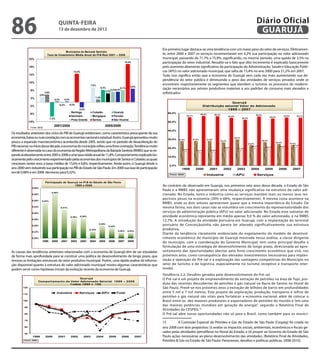 86                                         QuINtA-fEIrA
                                           13 de dezembro de 2012
                                                                                                                                                                                                          Diário Oficial
                                                                                                                                                                                                           GuAruJÁ

                                                                                                                          Em primeiro lugar destaca-se uma tendência com um maior peso do setor de serviços. Efetivamen-
                                           Municípios da Baixada Santista
                              Taxa de Crescimento Média Anual do PI B Real 2001 – 2008                                    te, entre 2000 e 2007 os serviços incrementaram em 4,2% sua participação no valor adicionado
              22%                                                                                                         municipal, passando de 71,7% a 75,9%, signiicando, no mesmo período, uma queda de 3,5% na
                                                                                                         19,4%            participação do setor industrial. Ressalte-se o fato que dito incremento é explicado basicamente
              18%                                                                                                         pelo aumento altamente signiicativo da participação da Administração, Saúde e Educação Públi-
                                                        14,5%                                                             cas (APU) no valor adicionado municipal, que salta de 15,4% no ano 2000 para 21,2% em 2007.
              14%                                                                                                         Tudo isso signiica então que a economia de Guarujá vem cada vez mais aumentando sua de-
                                                                                                                          pendência do setor público e diminuindo o peso das atividades de serviços privados onde se
              10%
                                                                       7,5%                                               encontram majoritariamente os segmentos que atendem o turismo, os processos de moderni-
                                                                                                             6,8%
               6%
                                                                                 6,3%
                                                                                           5,2%5,3%
                                                                                                   6,1%                   zação necessários aos setores produtivos materiais e aos padrões de consumo mais elevados e
                                                                                       4,5%
                            3,9%                                                                                          soisticados.
                        2,6%
               2%                                                          1,4%
                                     0,2%      0,3%
                                                                                                                                                                              Guaruj á
                                           -0,3%    -0,2%
              -2%                                                                                                                                          Dist ribuição set orial Valor do Adicionado
                                                              -2,6%                                                                                                        1999 – 2007
                                                      Bertioga           Cubatão             Guarujá                         60,0%
              -6%                                                                                                                                         56,5%       56,2%                              56,0%
                                                      Itanhaém           Mongaguá            Peruíbe                                          55,1%                                54,5%                               53,6%
                                                                                                                                                                                                                                   54,8%     54,7%
                                 -7,3%                                                                                                                                                         52,2%
                                                      Praia Grande       Santos              São Vicente
              -10%                                                                                                           50,0%

               Fonte: IBGE
                                     2001/2004                                        2005/2008
                                                                                                                             40,0%
Os resultados anteriores dos ciclos do PIB de Guarujá evidenciam, como característica preocupante da sua
economia, baixa ou nula correlação com as economias nacional e estadual. Assim, Guarujá aproveitou muito                     30,0%    27,8%       27,9%       27,8%
                                                                                                                                                                                       29,7%

pouco a expansão macroeconômica acontecida desde 2005, sendo que no período de desaceleração do                                                                            26,2%
                                                                                                                                                                                                   23,0%
                                                                                                                                                                                                               26,5%
                                                                                                                                                                                                                           24,4%
                                                                                                                                                                                                                                       23,2%
PIB nacional, no início dessa década, a economia do município sofreu uma forte contração. Tendência muito                    20,0%                                            18,5%
                                                                                                                                                                                                       20,1%
                                                                                                                                                                                                                  19,1%        19,8%
                                                                                                                                                                                                                                           21,2%
                                                                                                                                                                                           17,4%
diferente é observada no caso da economia da Região Metropolitana da Baixada Santista (RMBS) que se ex-                                  16,3%
                                                                                                                                                      15,1%        15,4%

pande aceleradamente entre 2005 e 2008 a uma taxa média anual de 11,8%. Comportamento explicado ba-                          10,0%
sicamente pelo crescimento experimentado pelas economias dos municípios de Santos e Cubatão, as quais
cresceram nestes anos a taxas médias de 15,6% e 6,8%, respectivamente. Ainda assim, o Guarujá desde o                         0,0%
ano 2000 vem reduzindo sua participação no PIB do Estado de São Paulo. Em 2000 sua taxa de participação                                 1999          2000         2001       2002         2003        2004      2005          2006        2007
era de 0,48% e em 2008 decresceu para 0,32%.
                                                                                                                               Fonte: IBGE                        Industria                APU            Serviços

                             Participação de Guarujá no PI B do Estado de São Paulo
                                                  1999 a 2008                                                             Ao contrário do observado em Guarujá, nos primeiros sete anos dessa década, o Estado de São
                0,50%
                                                                                                                          Paulo e a RMBS não apresentaram uma mudança significativa na estrutura do valor adi-
                                   0,48%
                0,48%                                                                                                     cionado. No Estado, tanto a indústria como os serviços mantém mais ou menos seus res-
                0,45%
                                                                                                                          pectivos pesos na economia (30% e 68%, respectivamente). A mesma coisa acontece na
                         0,44%
                                                                                                                          RMBS, onde os dois setores apresentam quase que a mesma importância do Estado. Da
                0,43%                       0,41%                                                                         mesma forma, nos dois casos não se vislumbra um crescimento da representatividade dos
                0,40%
                                                                                                                          serviços da administração pública (APU) no valor adicionado. No Estado esse subsetor de
                                                      0,38%    0,38%                                                      atividade econômica representa em média apenas 9,0 % do valor adicionado, e na RMBS
                0,38%
                                                                                                                          12,7%. A introdução da atividade portuária em Guarujá, com a implantação do terminal
                0,35%
                                                                                0,35%
                                                                                         0,34%
                                                                                                                          portuário de Conceiçãozinha não parece ter alterado significativamente sua estrutura
                                                                       0,33%
                                                                                                 0,32%     0,32%
                                                                                                                          produtiva,
                0,33%
                                                                                                                          Diante da tendência claramente evidenciada do esgotamento do modelo de desenvol-
                0,30%                                                                                                     vimento econômico do município de Guarujá mostrada nessa análise, a classe dirigente
                          1999     2000     2001      2002      2003   2004     2005     2006     2007     2008           do município, com a coordenação do Governo Municipal, tem como principal desafio a
                                                                                                                          formulação de uma estratégia de desenvolvimento de longo prazo, direcionada ao apro-
As causas das tendências anteriores relacionadas com a economia de Guarujá têm de ser estudadas                           veitamento das oportunidades abertas pelo forte crescimento econômico que virá, nos
de forma mais aprofundada para se construir uma política de desenvolvimento de longo prazo, que                           próximos anos, como consequência dos elevados investimentos necessários para implan-
remova as limitações estruturais do setor produtivo municipal. Porém, uma rápida análise da informa-                      tação e operação do Pré-sal e a exploração das vantagens competitivas do Município no
ção disponível quanto à estrutura do valor adicionado municipal mostra algumas características que                        setor de turismo e de logística, especialmente no turismo receptivo e transporte inter-
podem servir como hipóteses iniciais da evolução recente da economia de Guarujá.                                          modal.
                                                                                                                          Tendência 2.2: Desafios gerados pelo desenvolvimento do Pré-sal
                                                Guaruj á                                                                  O Pré-sal é um projeto de empreendimento de extração de petróleo na área de Tupi, pro-
                       Comport ament o do Valor Adicionado Set orial 1 9 9 9 – 2 0 0 8
                                          Í ndice 1 9 9 9 = 1 0 0                                                         duto das recentes descobertas de petróleo e gás natural na Bacia de Santos no litoral de
        125                                                                                                               São Paulo. Prevê-se nos próximos anos a extração de bilhões de barris em profundidades
        115
                                         Industria            Serviços            APU            Total                    entre 5 mil e 7 mil metros. Este projeto de exploração, produção, transporte e refino de
                                                                                                                          petróleo e gás natural são vitais para fortalecer a economia nacional, além de colocar o
        105                                                                                                               Brasil entre os dez maiores produtores e exportadores de petróleo do mundo e “em uma
         95
                                                                                                                          das maiores potências mundiais em geração de energia”, segundo o Relatório Final de
                                                                                                                          Atividades da CESPEG. 15
         85                                                                                                               O Pré-sal abre novas oportunidades não só para o Brasil, como também para os municí-
         75
                                                                                                                          15        A Comissão Especial de Petróleo e Gás do Estado de São Paulo (Cespeg) foi criada no
         65                                                                                                               ano 2008 com dois propósitos: (i) avaliar os impactos sociais, ambientais, econômicos e iscais ge-
         55
                                                                                                                          rados pelas atividades petrolíferas no litoral do Estado, e (ii) propor ao Governo do Estado de São
                1999         2000         2001        2002        2003         2004      2005       2006           2007   Paulo ações necessárias ao pleno desenvolvimento das atividades. (Relatório Final de Atividades,
         Fonte: IBGE                                                                                                      Petróleo & Gás no Estado de São Paulo: Panoramas, desaios e políticas públicas, 2008-2010).
 