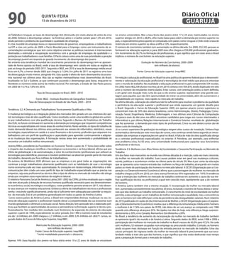 90                             QuINtA-fEIrA
                               13 de dezembro de 2012
                                                                                                                                                                    Diário Oficial
                                                                                                                                                                     GuAruJÁ

sil, Tailândia e Uruguai, as taxas de desemprego têm diminuído em níveis abaixo de antes da crise    no ensino universitário. Mas a taxa bruta dos jovens entre 17 e 24 anos matriculados no ensino
de 2008. Embora o desemprego urbano na América Latina e o Caribe caíram para 7,3% em 2010,           superior atingiu em 2010 o 28,8%, cifra muito baixa para cobrir a demanda por ensino superior no
ainda persiste o problema da quantidade e qualidade do emprego.                                      país, e especialmente preocupante se comparada com países como Uruguai e Chile onde a taxa de
A crise mundial do emprego levou os representantes de governos, empregadores e trabalhadores         matrícula em ensino superior se eleva a 64% e 52%, respectivamente.
na OIT a criar, em junho de 2009, o Pacto Mundial para o Emprego, como um instrumento de re-         O número de concluintes também tem aumentado na última década. Em 2000, 352.305 pessoas se
comendações estratégicas que tem como objetivo orientar as políticas nacionais e internacionais      formaram na educação superior, e para 2009 esta cifra chegou a 959.000 proissionais graduados.
destinadas a estimular a recuperação econômica com a geração de empregos de qualidade e a            Um incremento do 36,7% na formação de proissionais, o que signiica que em nove anos o Brasil
proteção aos trabalhadores e suas famílias. O Pacto coloca como uma de suas prioridades a geração    triplicou o número de concluintes na educação superior.
de emprego juvenil em resposta ao grande incremento do desemprego dos jovens.
No entanto esta tendência mundial de crescimento persistente do desemprego tem-se apresen-                                    Evolução do Número de Concluintes, 2000–2009
tado de forma oposta no Brasil, onde a taxa de desemprego vem caindo em todas as regiões do                                              (em milhares de alunos)
país ao longo do período 2003-2011. Segundo o IBGE, em 2010 a taxa de desemprego média anual
icou em 6,7%, a menor desde 2003 que chegou a 12,4%. Em julho de 2011 se registrou uma taxa                              Fonte: Censo de Educação superior. Inep/MEC
de desocupação muito menor, atingindo 6%. Esta queda é efeito do bom desempenho da econo-
mia nacional nos últimos anos. Mas são as regiões metropolitanas mais desenvolvidas do Brasil,       Em relação à educação proissional, no Brasil há uma política do governo federal para o desenvolvi-
localizadas no Sul e Sudeste, as que continuam puxando o desemprego para baixo, enquanto no          mento e valorização da educação proissional e tecnológica de nível médio que procura sintonizar
Nordeste os números estão acima da média nacional. Por exemplo, o Estado de São Paulo passou         com o mundo do trabalho. Na atualidade a educação proissional no país compreende 354 escolas.
em 2003 de 14,1% a 7,0% em 2010.                                                                     Em 2002 havia 462.258 alunos inscritos; já em 2010 contava com 924.670, tendo duplicado em oito
                                                                                                     anos o número de estudantes matriculados. Estes cursos, com orientação prática e bem deinida,
                           Taxa de Desocupação no Brasil, 2003 - 2010                                e em geral com duração mais curta do que os do ensino superior, representam uma grande van-
                                                                                                     tagem para aqueles que não têm oportunidade de entrar na universidade, além de aumentarem a
                         Fonte: IBGE – Instituto Brasileiro de Geograia e Estatística.               probabilidade um ingresso mais rápido no mercado de trabalho.
                   Taxa de Desocupação no Estado de São Paulo, 2003 – 2010                           Na última década, a elevação da cobertura não foi suiciente para resolver o problema da qualidade
                                                                                                     e pertinência da educação superior e proissional que ainda representa um grande desaio para
                                                                                                     o Brasil. Segundo o Censo de Educação Superior 2009, em apenas poucos cursos superiores se
Tendência 3.2: A Demanda por Trabalhadores Tecnicamente Qualiicados é Alta
                                                                                                     concentram mais de 50% dos alunos brasileiros, como Administração, Direito, Pedagogia, Comu-
A mudança tecnológica e a integração global dos mercados têm gerado um uso intensivo de capi-        nicação Social, Engenharia, Medicina, Enfermagem, e nos últimos anos Ciências da Computação
tal, tecnologia e mão de obra qualiicada. Como resultado, existe uma tendência global em aumen-      (há pouco mais de dez anos era difícil encontrar candidatos para vagas em cursos relacionados a
to por trabalhadores com alta qualiicação técnica. Segundo o Bureau de Estatísticas do Trabalho      informática) e, por último, Relações Internacionais e Comércio Exterior, resultado da globalização
dos EUA, no futuro continuará em aumento a demanda por empregos que requerem competências            que fez aumentar a demanda por estes tipos de proissionais. Cinco ou seis destes cursos são de
técnicas ou especializadas em novas áreas do conhecimento. Neste sentido, os tipos de trabalho de    baixo custo de instalação.
maior demanda laboral nos últimos anos pertencem aos setores de informática, eletrônica, novas       Já os cursos superiores de graduação tecnológica exigem altos custos de instalação. Embora haja
tecnologias, especialistas em saúde e o setor inanceiro e do turismo; proissões que requerem tra-    aumentado a demanda por este novo tipo de cursos, esta continua sendo baixa segundo as neces-
balhadores com um peril de qualiicação e capacidades para aprender continuamente e adaptar-          sidades das empresas e organizações em geral no Brasil. A falta de mão de obra qualiicada obriga
se às mudanças das organizações. A formação nestas áreas tem aumentado a probabilidade de            as a contratar proissionais especializados no exterior. A Petrobras, por exemplo, para enfrentar
encontrar um trabalho melhor remunerado.                                                             este problema criou, há 50 anos, uma universidade institucional para capacitar seus funcionários
Jeremy Rifkin, presidente da Foundation on Economic Trends e autor de 17 livros best-seller sobre    proissionais e técnicos.
o impacto das mudanças cientíicas e tecnológicas na economia e na força laboral, airma que por       Tendência 3.3: Mulheres com Altos Níveis de Escolaridade e Crescente Participação no Mercado de
efeito da globalização e da automatização, o setor do conhecimento (proissionais que utilizam as     Trabalho
tecnologias para identiicar, processar e resolver problemas) vai absorver grande parte do mercado    Um dos fatos mais marcantes no mundo nas últimas décadas é a inserção, cada vez mais crescente,
de trabalho, deixando por fora milhões de trabalhadores.                                             da mulher no mercado do trabalho. Suas causas podem estar em geral nas mudanças culturais,
Os autores de Workforce 2020 airmam que as empresas e em geral todas as organizações vão             sociais, políticas e econômicas vividas na última parte do século XX. Mas é por conta da educação
continuar a exigir trabalhadores altamente qualiicados com as habilidades de usar a tecnologia       que se apresenta uma massiva entrada das mulheres na força de trabalho, alcançando em muitos
numa economia cada vez mais automatizada. As inovações em biotecnologia, informática e tele-         países os níveis de participação dos homens no mercado laboral. A OCDE (Organização para a Coo-
comunicações têm criado um novo peril do tipo de trabalhador especializado que se precisa nas        peração e o Desenvolvimento Econômico) airma que a porcentagem de mulheres no mercado de
empresas, seja este proissional ou técnico. Mas o tipo de oferta no mercado de trabalho não atinge   trabalho chegou a 62% em 2010, um claro avanço frente aos 45% registrados em 1970. A tendência
ainda por completo estas expectativas de exigência laboral.                                          é que a inserção das mulheres no mercado de trabalho continue em aumento a causa da sua me-
O relatório Panorama Social de América Latina 2001-2002 da CEPAL já tinha sinalizado que a região    lhor qualiicação técnica ou proissional a qual tem crescido mais rapidamente que a do número
não tem alcançado a dotação de recursos humana qualiicada necessária para seu desenvolvimen-         de homens.
to econômico, social, tecnológico e ecológico, e este problema persiste ainda em 2011, não obstan-   A América Latina também vive a mesma situação. A incorporação da mulher no mercado laboral
te seus avanços em matéria educacional. Embora a oferta de trabalhadores técnicos e proissionais     tem aumentado constantemente nos últimos 30 anos, incluindo o número de horas diárias e sema-
venha crescendo signiicativamente, ainda não é suiciente nem adequada para atender os requisi-       nais que elas dedicam ao trabalho remunerado. O crescimento do nível de escolaridade da mulher
tos do mercado. Este é um problema generalizado em todos os países da América Latina.                permitiu a elas empregar-se em trabalhos de melhor remuneração e qualidade, mas a concorrência
 Como outros países da América Latina, o Brasil tem empreendido diversas mudanças no seu sis-        com os homens tem sido difícil por conta da persistência das desigualdades salariais. Num relatório
tema de educação superior e proissional visando elevar a competitividade da sua economia num         de 2010 publicado em razão do Dia Internacional da Mulher, a OCDE (Organização para a Coopera-
mundo globalizado e diminuir a exclusão social. Nesta direção, tem aprovado leis e elaborado polí-   ção e Desenvolvimento Econômico) revelou que a diferença da remuneração média entre homens
ticas que facilitem as oportunidades de acesso e permanência na formação superior e técnica pro-     e mulheres é de 17,6% nos países da OCDE, não deixa de ser um avanço se comparado com 1980
issionalizante. Tais medidas têm resultado num fenômeno de expansão do sistema de educação           quando esta diferença alcançava 25%. No Japão, nos dias de hoje, esta diferença chega surpreen-
superior a partir de 1996, especialmente no setor privado. Em 1996 o número total de estudantes      dentemente a 30%, e no Canadá, Alemanha e Grã-Bretanha a 20%.
era de 1,8 milhões; em 2000 chegou a 2,7 milhões, e em 2009, 5,95 milhões em 28.671 cursos, se-      No Brasil, a tendência de aumento da incorporação da mulher no mercado de trabalho também
gundo dados do Censo de Educação Superior, Inep/MEC.                                                 se apresenta igual à do mundo e da América Latina. Segundo dados do IBGE, entre 1998 e 2008 a
                                                                                                     participação das mulheres no mercado de trabalho no Brasil cresceu de 42,0% para 47,2%. De cada
                          Matriculas Na Educação Superior, 2000–2009                                 cem mulheres, 52 estavam ocupadas num emprego ou procurando trabalho. Contudo, os homens
                                     (em milhões de alunos)                                          ainda ocupam mais destaque em função da entrada precoce no mercado de trabalho. Uma das
                         Fonte: Censo de Educação superior. Inep/MEC.                                causas principais do ingresso tardio da mulher ao mercado laboral é precisamente que sua esco-
                          * Inclui modalidade presencial e a distancia.                              laridade média é mais alta que dos homens, o que signiica que elas estão dedicando mais tempo
                                                                                                     para a preparação formal para o mercado de trabalho.
Apenas 14% (taxa líquida) dos jovens na faixa etária entre 18 e 22 anos de idade se encontram
 