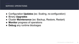 © 2016 Mesosphere, Inc. All Rights Reserved. 41
SERVICE OPERATIONS
● Configuration Updates (ex: Scaling, re-configuration)
● Binary Upgrades
● Cluster Maintenance (ex: Backup, Restore, Restart)
● Monitor progress of operations
● Debug any runtime blockages
 
