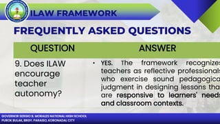 GOVERNOR SERGIO B. MORALES NATIONAL HIGH SCHOOL
PUROK BULAK, BRGY. PARAISO, KORONADAL CITY
ILAW FRAMEWORK
FREQUENTLY ASKED QUESTIONS
QUESTION ANSWER
9. Does ILAW
encourage
teacher
autonomy?
• YES. The framework recognizes
teachers as reflective professionals
who exercise sound pedagogica
judgment in designing lessons that
are responsive to learners' needs
and classroom contexts.
 