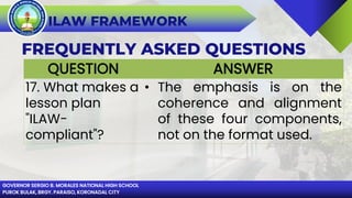 GOVERNOR SERGIO B. MORALES NATIONAL HIGH SCHOOL
PUROK BULAK, BRGY. PARAISO, KORONADAL CITY
ILAW FRAMEWORK
FREQUENTLY ASKED QUESTIONS
QUESTION ANSWER
17. What makes a
lesson plan
"ILAW-
compliant"?
• The emphasis is on the
coherence and alignment
of these four components,
not on the format used.
 