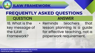 GOVERNOR SERGIO B. MORALES NATIONAL HIGH SCHOOL
PUROK BULAK, BRGY. PARAISO, KORONADAL CITY
ILAW FRAMEWORK
FREQUENTLY ASKED QUESTIONS
QUESTION ANSWER
18. What is the
key message of
the ILAW
Framework?
• Reminds teachers that
lesson planning is a guide
for effective teaching, not a
paperwork requirement.
 