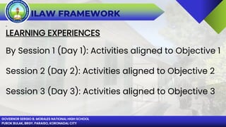 GOVERNOR SERGIO B. MORALES NATIONAL HIGH SCHOOL
PUROK BULAK, BRGY. PARAISO, KORONADAL CITY
ILAW FRAMEWORK
.
LEARNING EXPERIENCES
By Session 1 (Day 1): Activities aligned to Objective 1
Session 2 (Day 2): Activities aligned to Objective 2
Session 3 (Day 3): Activities aligned to Objective 3
 