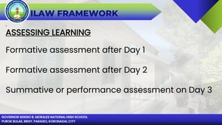 GOVERNOR SERGIO B. MORALES NATIONAL HIGH SCHOOL
PUROK BULAK, BRGY. PARAISO, KORONADAL CITY
ILAW FRAMEWORK
.
ASSESSING LEARNING
Formative assessment after Day 1
Formative assessment after Day 2
Summative or performance assessment on Day 3
 