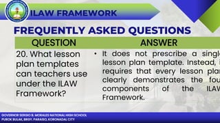 GOVERNOR SERGIO B. MORALES NATIONAL HIGH SCHOOL
PUROK BULAK, BRGY. PARAISO, KORONADAL CITY
ILAW FRAMEWORK
FREQUENTLY ASKED QUESTIONS
QUESTION ANSWER
20. What lesson
plan templates
can teachers use
under the ILAW
Framework?
• It does not prescribe a single
lesson plan template. Instead, i
requires that every lesson plan
clearly demonstrates the fou
components of the ILAW
Framework.
 