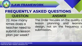 GOVERNOR SERGIO B. MORALES NATIONAL HIGH SCHOOL
PUROK BULAK, BRGY. PARAISO, KORONADAL CITY
ILAW FRAMEWORK
FREQUENTLY ASKED QUESTIONS
QUESTION ANSWER
22. How many
times does a
teacher need to
submit a lesson
plan per week?
The Order focuses on the quality o
lesson planning and learning
design, not on the frequency o
submission..
 