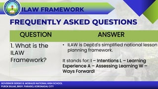 GOVERNOR SERGIO B. MORALES NATIONAL HIGH SCHOOL
PUROK BULAK, BRGY. PARAISO, KORONADAL CITY
ILAW FRAMEWORK
FREQUENTLY ASKED QUESTIONS
QUESTION ANSWER
1. What is the
ILAW
Framework?
• ILAW is DepEd's simplified national lesson
planning framework.
It stands for: I – Intentions L – Learning
Experience A – Assessing Learning W –
Ways ForwardI
 
