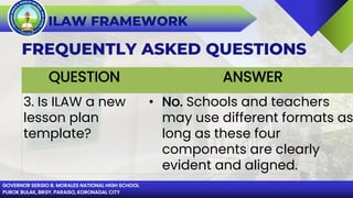 GOVERNOR SERGIO B. MORALES NATIONAL HIGH SCHOOL
PUROK BULAK, BRGY. PARAISO, KORONADAL CITY
ILAW FRAMEWORK
FREQUENTLY ASKED QUESTIONS
QUESTION ANSWER
3. Is ILAW a new
lesson plan
template?
• No. Schools and teachers
may use different formats as
long as these four
components are clearly
evident and aligned.
 