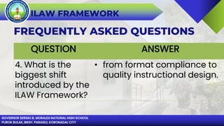 GOVERNOR SERGIO B. MORALES NATIONAL HIGH SCHOOL
PUROK BULAK, BRGY. PARAISO, KORONADAL CITY
ILAW FRAMEWORK
FREQUENTLY ASKED QUESTIONS
QUESTION ANSWER
4. What is the
biggest shift
introduced by the
ILAW Framework?
• from format compliance to
quality instructional design.
 