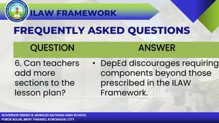 GOVERNOR SERGIO B. MORALES NATIONAL HIGH SCHOOL
PUROK BULAK, BRGY. PARAISO, KORONADAL CITY
ILAW FRAMEWORK
FREQUENTLY ASKED QUESTIONS
QUESTION ANSWER
6. Can teachers
add more
sections to the
lesson plan?
• DepEd discourages requiring
components beyond those
prescribed in the ILAW
Framework.
 