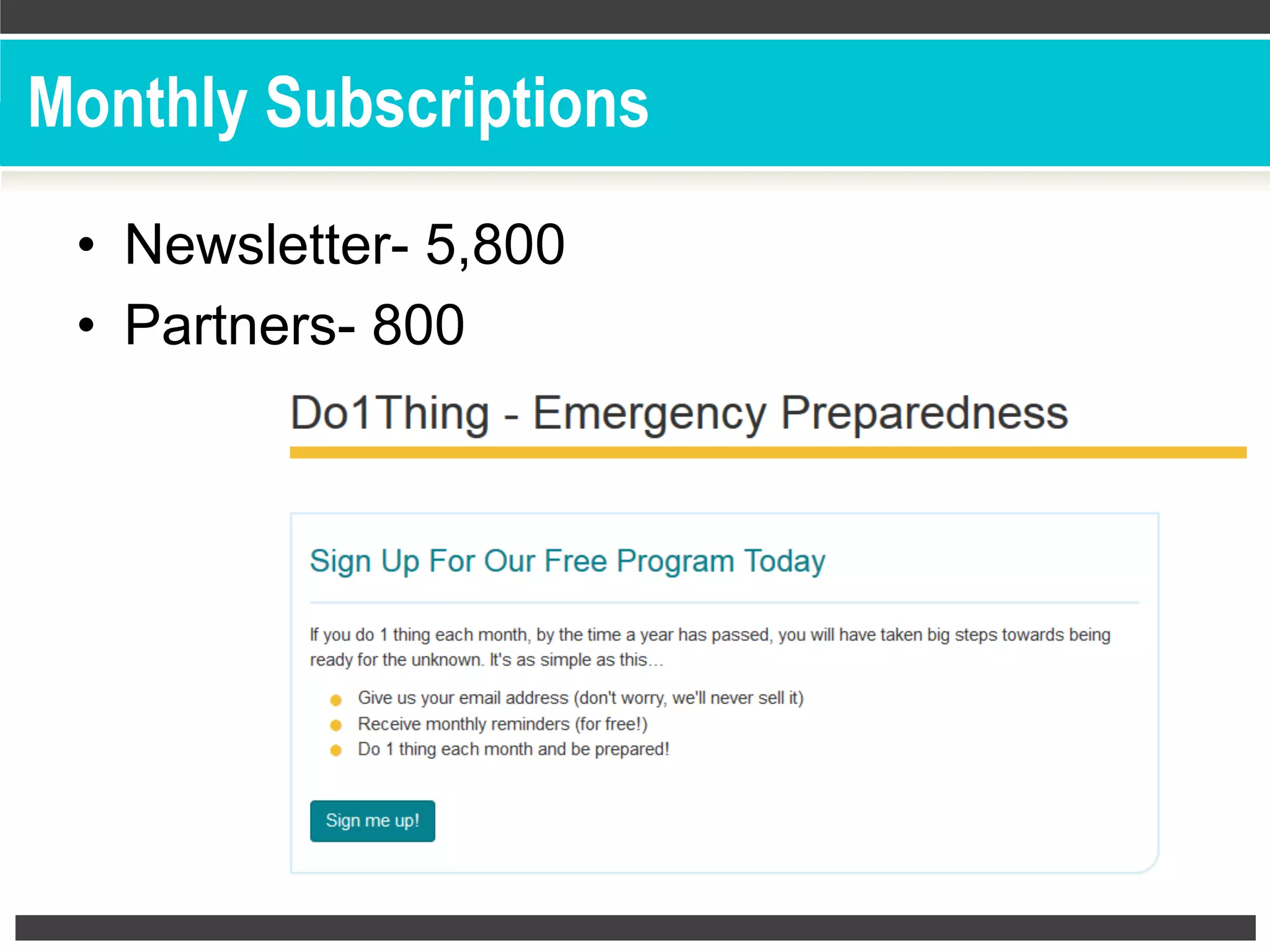Monthly Subscriptions
•  Newsletter- 5,800
•  Partners- 800
 