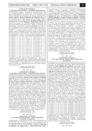 DIÁRIO OFICIAL DO ESTADO

SÉRIE 3 ANO V Nº199

EXTRATO DE CONTRATO
Nº DO DOCUMENTO PROC. Nº13669082-3/2013/ASJUR 34
CONTRATANTE: O Estado do Ceará, através da Secretaria da Educação/
10ª COORDENADORIA REGIONAL EDUCACIONAL DE
DESENVOLVIMENTO DA EDUCAÇÃO DE RUSSAS CNPJ
Nº00.126.592/0001-92 RUSSAS/CE 10ª CREDE CONTRATADA:
MARIA LIDUINA ARAÚJO PEDROSA DE MENEZES-ME, neste
ato representada pelo Sra. Maria Liduina Araújo de Menezes. OBJETO:
Constitui objeto deste Contrato: Serviços de Apoio Logístico, para a
contratação de serviços Impressão e Reprodução Gráfica para
atender aos eventos da COORDENADORIA REGIONAL DE
DESENVOLVIMENTO DA EDUCAÇÃO - CREDE 10 - RUSSAS, cujas
especificações e quantitativos encontram-se detalhados nos anexos I e
Termo de Referência deste instrumento. FUNDAMENTAÇÃO LEGAL:
Lei nº8.666/93, Carta Convite Nº20/2013 FORO: RUSSAS/CE.
VIGÊNCIA: A vigência do presente contrato será de 12 (doze) meses,
contados a partir da publicação do extrato do contrato no Diário Oficial
do Estado do Ceará. VALOR GLOBAL: R$59.481,80 (cinquenta e nove
mil, quatrocentos e oitenta e um reais e oitenta centavos) pagos em
conformidade com o contrato original DOTAÇÃO ORÇAMENTÁRIA:
22100022.12.361.072.19513.07.33903900.82.1.40
22100022.12.363.014.28685.07.33903900.51.0.30
22100022.12.362.073.19509.07.33903900.07.1.40
22100022.12.363.014.19483.07.33903900.00.0.40
22100022.12.362.073.19509.07.33903900.82.1.40
22100022.12.363.014.19483.07.33903900.07.1.40
22100022.12.368.073.28678.07.33903900.00.0.30
22100022.12.368.023.19516.07.33903900.07.1.40
22100022.12.368.073.28678.07.33903900.07.1.30
22100002.12.367.026.19490.07.33903900.07.1.40
22100022.12.368.073.28678.07.33903900.51.0.30
22100002.12.367.026.19490.07.33903900.82.1.40
22100022.12.363.014.28685.07.33903900.00.0.30
22100022.12.362.073.19512.07.33903900.51.0.40
22100002.12.363.014.28685.07.33903900.07.1.30
22100002.12.362.073.19509.07.33903900.00.0.40. DATA DA
ASSINATURA: 25 de Setembro de 2013 SIGNATÁRIOS: Maria Elizabete
de Araújo - CONTRATANTE, Maria Liduina Pedrosa Araújo de Menezes
- CONTRATADA e TESTEMUNHAS: 01 - Francisco Emiliano
Gonçalves da Silva, 02 - Raimundo Celso Pereira de Coelho. Fortaleza,
14 de outubro de 2013.
Aldízio Alves Vieira Filho
COORDENADOR DA ASJUR

*** *** ***
EXTRATO DE CONTRATO
Nº DO DOCUMENTO PROC. Nº13678952-8/2013/ASJUR 83
CONTRATANTE: O Estado do Ceará, através da Secretaria da Educação/
EEEP PAULO PETRÓLA CNPJ Nº00.118.783/0314-15 FORTALEZA/
CE SEFOR CONTRATADA: MARACANÃS VIAGENS E TURISMO
LTDA ME, neste ato representado pelo Sr. Carlos Eduardo Sousa da Silva
Rabelo. OBJETO: Constitui objeto desta licitação, Prestação de
Serviços de Pacotes Turísticos rodoviários e aéreo para corbetura
de roteiro turístico (cultural, serra, sol e praia) Sobral, Ubajara,
Viçosa, Paraipaba e Juazeiro do Norte em veículo de turismo com ar
condicionado, som, toalete e acompanhamento de guia de turismo
registrado no MTUR e roteiro (religioso) em Juazeiro do Norte com
emissão de passagens aéreas de ida e volta (Fortaleza/Juazeiro do Norte/
Fortaleza), translados com um guia local registrado no MTUR. Os
participantes terão direito a hospedagem, alimentação e água. Este
objeto encontra-se devidamente especificados no ANEXO I - PROJETO
BÁSICO, parte integrante deste Convite. FUNDAMENTAÇÃO LEGAL:
Lei nº8.666/93, Carta Convite Nº0013/2013 FORO: FORTALEZA/CE.
VIGÊNCIA: Sua vigência será de 30 dias a partir da sua publicação no
D.O.E, podendo ser prorrogado nos termos da Lei 8.666/93 e suas
alterações. VALOR GLOBAL: R$72.225,98 (Setenta e dois mil, duzentos
e vinte e cinco mil e noventa e oito centavos) pagos em conformidade
com o contrato original DOTAÇÃO ORÇAMENTÁRIA: NE 14296
AÇÃO 19483 FONTE 10. DATA DA ASSINATURA: 11 de Setembro
de 2013 SIGNATÁRIOS: Maria Aurilene de Deus Moreira Vasconcelos CONTRATANTE, Carlos Eduardo Sousa da Silva Rabelo CONTRATADA e TESTEMUNHAS: 01 - Isabel Alves Moreira Félix,
02 - Karoliny Simões Ferreira. Fortaleza, 10 de outubro de 2013.
Aldízio Alves Vieira Filho
COORDENADOR DA ASJUR

*** *** ***
EXTRATO DE CONTRATO
Nº DO DOCUMENTO 319/2013 – SEDUC/PROCESSO
Nº13335567-5/11604310-5
CONTRATANTE: O ESTADO DO CEARÁ, POR INTERMÉDIO da
SECRETARIA DA EDUCAÇÃO, neste ato representada pela
Excelentíssima Senhora Secretária da Educação, MARIA IZOLDA CELA
DE ARRUDA COELHO CONTRATADA: EMPRESA EDULAB
COMÉRCIO DE PRODUTOS E EQUIPAMENTOS LTDA,

FORTALEZA, 22 DE OUTUBRO DE 2013

99

representada neste ato pelo Sr. SILVIO LUIZ DOS SANTOS, resolvem
celebrar o Contrato, respaldado no PREGÃO ELETRÔNICO
nº20110016, em conformidade as disposições contidas na Lei nº8.666/93
e suas alterações posteriores, mediante as condições contidas nas cláusulas
seguintes. OBJETO: Constitui objeto deste contrato a aquisição de
equipamentos para os Laboratórios de Química Orgânica,
(agitador magnético, conjunto de pipetas graduadas, dessecador
para análises químicas, bécker de vidro, erlenmeyer e barrilete
de PVC), itens 04, 13, 14, 15, 16, 17, 18, 19, 42, 43, 44, 45, 46, 64,
65, 66, 67, 68 e 74, conforme quantitativo descrito no processo
13335567-5 e de acordo com as especificações previstas no Anexo I Termo de Referência do edital do Pregão Eletrônico – 016/2012, Ata de
Registro de Preços 058/2012 – SEDUC e na proposta da
CONTRATADA. FUNDAMENTAÇÃO LEGAL:. O presente contrato
tem como fundamento o edital do Pregão Eletrônico nº20120016 e seus
anexos, os preceitos do direito público, e a Lei Federal nº8.666/1993, com
suas alterações, e, ainda, outras leis especiais necessárias ao cumprimento
de seu objeto. FORO: Fortaleza - CE. VIGÊNCIA: O prazo de vigência
deste contrato é de 12 (doze) meses, contado a partir da sua assinatura,
devendo ser publicado na forma do parágrafo único do art.61 da Lei
nº8.666/1993.. VALOR GLOBAL: R$6.980,50 (seis mil, novecentos e
oitenta reais e cinquenta centavos). pagos em conformidade com o
contrato original DOTAÇÃO ORÇAMENTÁRIA: As despesas
decorrentes da contratação serão provenientes dos recursos:
22100022.12.363.014.19475.0100000.44905200.82.1.40
22100022.12.363.014.19483.01.33903000.82.1.40. DATA DA
ASSINATURA: 15 de outubro de 2013 SIGNATÁRIOS: MARIA IZOLDA
CELA DE ARRUDA COELHO - Secretária da Educação CONTRATANTE, SILVIO LUIZ DOS SANTOS - CONTRATADA e
TESTEMUNHAS: 1. Cristina Rodrigues C. Bacelar, 2. Simone Almeida
da Silva. Fortaleza 16 de outubro de 2013.
Aldízio Alves Vieira Filho
COORDENADOR DA ASJUR

*** *** ***
EXTRATO DE CONTRATO
Nº DO DOCUMENTO 339/2013 SEDUC/PROCESSO
Nº13336329-5
CONTRATANTE: A SECRETARIA DA EDUCAÇÃO, neste ato
representado pelo Excelentíssimo Senhor Secretário da Educação em
Exercício, Sr. MAURÍCIO HOLANDA MAIA CONTRATADA:
EMPRESA NÁDIA CORREIA DE ALMEIDA, representada neste ato
pela Sra. NÁDIA CORREIA DE ALMEIDA, têm entre si justa e acordada
a celebração do presente Contrato, mediante as cláusulas e condições
seguintes. OBJETO: Constitui objeto deste contrato serviços de
confecção de Fardamento Escolar visando atender aos Alunos das 98
(noventa e oito) Escolas Estaduais de Educação Profissional - EEEP, tendo
como quantidade estimada 31.404 kits de fardamento escolar, em
modelagem padrão apresentada pela SEDUC, conforme quantitativo
descrito no processo 13336329-5 e de acordo com as especificações e
quantitativos previstos no Anexo I – Termo de Referência do edital do
Pregão Eletrônico – 20130025 – SEDUC, da Ata de Registro de Preços
020/2013 e na proposta da CONTRATADA. CLÁUSULA QUARTA DA FORMA DE FORNECIMENTO DO OBJETO 4.1. A entrega do
objeto dar-se-á sob a forma estabelecida na Cláusula Décima do presente
instrumento.. FUNDAMENTAÇÃO LEGAL: O presente contrato tem
como fundamento o Edital do Pregão Eletrônico nº20130025 e seus
Anexos, os preceitos do direito público, e a Lei Federal nº8.666/1993,
com suas alterações, e, ainda, outras leis especiais necessárias ao
cumprimento de seu objeto. FORO: Fortaleza - CE. VIGÊNCIA: O
prazo de vigência deste Contrato será de 12 (doze) meses, contado a
partir da sua assinatura, devendo ser publicado na forma do parágrafo
único do art.61 da Lei Federal nº8.666/93.. VALOR GLOBAL:
R$879.312,00 (oitocentos e setenta e nove mil e trezentos e doze
reais) pagos em conformidade com o contrato original DOTAÇÃO
ORÇAMENTÁRIA: As despesas decorrentes da Ata de Registro de Preços,
correrão pela fonte de recursos dos órgãos/entidades participantes do
SRP (Sistema de Registro de Preços), serão provenientes dos recursos:
22100022.12.363.014.28685.0100000.33903200.00.030
22100022.12.363.014.28685.0200000.33903200.00.030
22100022.12.363.014.28685.0300000.33903200.00.030
22100022.12.363.014.28685.0400000.33903200.00.030
22100022.12.363.014.28685.0500000.33903200.00.030
22100022.12.363.014.28685.0600000.33903200.00.030
22100022.12.363.014.28685.0700000.33903200.00.030
22100022.12.363.014.28685.0800000.33903200.00.030
22100022.12.363.014.28685.02200000.33903200.00.030. DATA DA
ASSINATURA: 26 de setembro de 2013 SIGNATÁRIOS: MAURÍCIO
HOLANDA MAIA - Secretário da Educação em Exercício CONTRATANTE NÁDIA CORREIA DE ALMEIDA - CONTRATADA
e TESTEMUNHAS: 1. Cristina Rodrigues C. Bacelar, 2. Simone Almeida
da Silva. Fortaleza 16 de outubro de 2013.
Aldízio Alves Vieira Filho
COORDENADOR DA ASJUR

*** *** ***

 