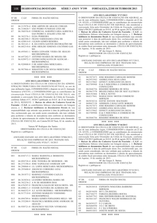 108
Nº DE
ORDEM
05
06
07
08
09
10
11
12
13
14
15
17
18

DIÁRIO OFICIAL DO ESTADO

C.G.F.

SÉRIE 3 ANO V Nº199

FIRMA OU RAZÃO SOCIAL

06.215970-4 JOSE AIRTON DE ARAUJO CEREAIS
06.310020-7 SÃO PEDRO FUNERAIS LTDA ME
06.360356-0 COMERCIAL AGROPECUARIA AGRICOLA
SAO PEDRO E ATALHO LTDA ME
06.365376-1 ELDA PERREIRA
06.402388-5 FRANS VARIEDADES LTDA ME
06.420014-0 J ELSON GOMES BESERRA
06.583141-1 R. DA COSTA SANTOS DECORAÇÕES ME
06.602310-6 JOSE AROLDO XIMENES COUTINHO GAS
ME
06.695681-1 MARIA LEINAIDE VIEIRA DE ARAUJO
MICOREMPRESA
06.697202-7 ANTONIO SOARES DE MOURA MS
06.828972-3 CICERO GONÇALVES DE ALENCAR MICROEMPRESA
06.920800-0 F DE ASSIS LIMA MERCEARIA MICOREMPRESA
06.987966-4 SEBASTIÃO A DE SOUSA MERCEARIA
MICROEMPRESA

*** *** ***
ATO DECLARATÓRIO Nº006/2013
A ORIENTADORA DA CÉLULA DE EXECUÇÃO DA ADMINISTRAÇÃO TRIBUTÁRIA EM CRATEÚS/NUAT/TAUÁ, no uso de
suas atribuições legais, CONSIDERANDO o disposto no art.21, Instrução
Normativa nº033/93; e CONSIDERANDO que os contribuintes da
circunscrição fiscal CÉLULA DE EXECUÇÃO EM TAUÁ, não
atendendo a convocação feita pelo Orientador da Célula de Execução,
conforme Editais nº17, 18/2013 (publicado no D.O.E. de 23 de Setembro
de 2013). RESOLVE: 1. Baixar de ofício do Cadastro Geral da
Fazenda - C.G.F. os contribuintes faltosos relacionados em listagem
anexa; e. 2. Declarar inidôneos os documentos fiscais de sua
responsabilidade cuja emissão seja posterior à data da publicação deste
Ato, esclarecendo que, em sendo assim considerado, não tem validade
para acobertar o trânsito de mercadorias nem conferem ao destinatário
o direito de aproveitamento de crédito fiscal porventura neles destacado.
CÉLULA DE EXECUÇÃO, em Crateús/NUAT/Tauá, 02 de outubro de
2013.
Vanuza Mª Rodrigues dos Santos
ORIENTADORA DA CÉLULA DE EXECUÇÃO
Registre-se e publique-se.
ANEXADO DATADO AO ATO DECLARATÓRIO Nº006/2013,
RELAÇÃO DAS EMPRESAS DE QUE TRATA(M) O(S)
EDITAL(AIS) Nº(S)17, 18/2013
Nº DE
ORDEM
001
002
003
004
005
006
007
008
009
010
011
012
013
014
015

C.G.F.

FIRMA OU RAZÃO SOCIAL

06.038717-3 MARIA MARISTELA MODESTOMICROEMPRESA
06.094728-4 JOSE TEIXEIRA DE MEDEIROS - MS
06.273190-4 JOSE NAPOLEAO ANDRADE EPP
06.290068-4 J.S. LOPES MERCEARIA MICROEMPRESA
06.293600-0 AMANCIO CORDEIRO JATAI
MICROEMPRESA
06.301877-2 MARINEZ CUSTODIO CAZUZA
MICROEMPRESA
06.363034-6 LEANDRO MOREIRA BARRA ME
06.382234-2 A W DE MEDEIROS DIAS
06.676297-9 FRANCISCA SALES DE SOUSA MOTA - MS
06.690611-3 EVANIR OLIVEIRA DE ALMEIDA MS
06.860252-9 A.J. ALVES BEZERRA - MICROEMPRESA
06.917719-8 ANTONIO MARQUES VERISSIMO
MICROEMPRESA
06.094789-6 MARIA GOMES FERNANDES MELO - MS
06.355280-9 FRANCISCA MEIRISLANDE ANDRADE DE
ARAUJO
06.950721-0 FRANCISCO NEUTON VITORIANO
MICROEMPRESA

*** *** ***

FORTALEZA, 22 DE OUTUBRO DE 2013

ATO DECLARATÓRIO Nº17/2013
O ORIENTADOR DA CÉLULA DE EXECUÇÃO EM AQUIRAZ, no
uso de suas atribuições legais, CONSIDERANDO o disposto art.22 da
I.N. 033/93; e CONSIDERANDO que os contribuintes da circunscrição
fiscal CÉLULA DE EXECUÇÃO EM AQUIRAZ, não atenderam a
convocação feita pelo Orientador da Célula de Execução, conforme
Edital nº08/2013 (publicado no D.O.E. de 09 de agosto 2013). RESOLVE:
1. Baixar de ofício do Cadastro Geral da Fazenda - C.G.F. os
contribuintes faltosos relacionados em listagem anexa; e. 2. Declarar
inidôneos os documentos fiscais de sua responsabilidade cuja emissão
seja posterior à data da publicação deste Ato, esclarecendo que, em
sendo assim considerado, não tem validade para acobertar o trânsito de
mercadorias nem conferem ao destinatário o direito de aproveitamento
de crédito fiscal porventura neles destacado. CÉLULA DE EXECUÇÃO,
em Aquiraz, 14 de outubro de 2013.
Mª das Graças E. Batista
ORIENTADOR DA CÉLULA DE EXECUÇÃO
Registre-se e publique-se.
ANEXADO DATADO AO ATO DECLARATÓRIO Nº17/2013,
RELAÇÃO DAS EMPRESAS DE QUE TRATA(M) O(S)
EDITAL(AIS) Nº(S)08/2013
Nº DE
ORDEM

C.G.F.

01
02
03
04

061927473
062953583
063115662
063709988

05
06
07
08

063846756
063867370
064192466
064217841

09
10
01
02
03
04

065834216
069047138
061927473
062953583
063115662
063709988

05

063846756

FIRMA OU RAZÃO SOCIAL
JOSE ROGERIO CARVALHO BONFIM
ANDRELANIA SILVA LIMA
GENECY AURELIANO DA SILVA
D & F INDUSTRIA E COMERCIO DE
CONFECÇOES
ROGERIO MOREIRA DE SENA
BRASILUMINA IND DE MAT ELETRICO
E ROLA NETTO
MARACANAU MOTOS COMERCIO
SERVIÇOS
DAYSE DAYANE MACHADO
ADERSON CAVALCANTE BORGES
JOSE ROGERIO CARVALHO BONFIM
ANDRELANIA SILVA LIMA
GENECY AURELIANO DA SILVA
D & F INDUSTRIA E COMERCIO DE
CONFECÇOES
ROGERIO MOREIRA DE SENA

*** *** ***
ATO DECLARATÓRIO Nº18/2013
O ORIENTADOR DA CÉLULA DE EXECUÇÃO EM AQUIRAZ, no
uso de suas atribuições legais, CONSIDERANDO o disposto art.22 da
I.N. 033/93; e CONSIDERANDO que os contribuintes da circunscrição
fiscal CÉLULA DE EXECUÇÃO EM AQUIRAZ, não atenderam a
convocação feita pelo Orientador da Célula de Execução, conforme
Edital nº10/2013 (publicado no D.O.E. de 09 de agosto 2013). RESOLVE:
1. Baixar de ofício do Cadastro Geral da Fazenda - C.G.F. os
contribuintes faltosos relacionados em listagem anexa; e. 2. Declarar
inidôneos os documentos fiscais de sua responsabilidade cuja emissão
seja posterior à data da publicação deste Ato, esclarecendo que, em
sendo assim considerado, não tem validade para acobertar o trânsito de
mercadorias nem conferem ao destinatário o direito de aproveitamento
de crédito fiscal porventura neles destacado. CÉLULA DE EXECUÇÃO,
em Aquiraz, 14 de outubro de 2013.
Mª das Graças E. Batista
ORIENTADOR DA CÉLULA DE EXECUÇÃO
Registre-se e publique-se.
ANEXADO DATADO AO ATO DECLARATÓRIO Nº18/2013,
RELAÇÃO DAS EMPRESAS DE QUE TRATA(M) O(S)
EDITAL(AIS) Nº(S)10/2013
Nº DE
ORDEM

C.G.F.

01

062018418

02
03
04
05

062018450
062744275
063687763
063841347

06
07
08
09

063859327
065686950
066891361
066931053

FIRMA OU RAZÃO SOCIAL
EXPEDITA NOGUEIRA BARROSO
SERVIÇOS
M F L DA ROCHA
FABIANA BEZERRA ROCHA
SMG DISTRIBUIDORA DE MATERIAL
FRANCISCO WALDO RODRIGUES DE
OLIVEIRA
F C CARLOS
J E C DE BRITO
F C DA S PEREIRA
JANETH MARY DE SOUSA

*** *** ***

 